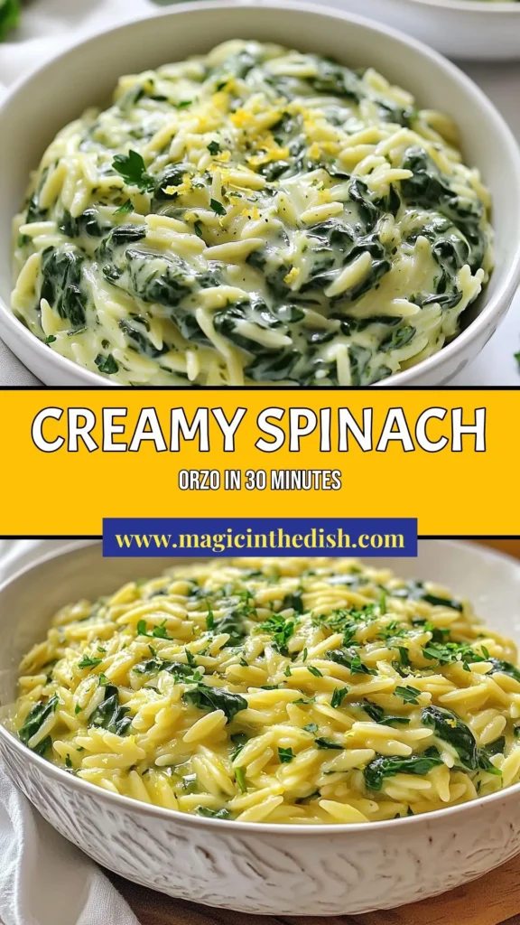 Savor the bright flavors of this creamy lemon orzo recipe featuring a delicious spinach orzo pasta dish! Perfect for a weeknight meal, this vegetarian orzo recipe combines fresh spinach, zesty lemon, and creamy goodness for an easy creamy pasta dish everyone will love. Ready in just 30 minutes, it's a delightful addition to your recipe collection. Don't forget to save this recipe for later! #CreamyLemonOrzo #SpinachOrzo #VegetarianRecipes #EasyPastaDish