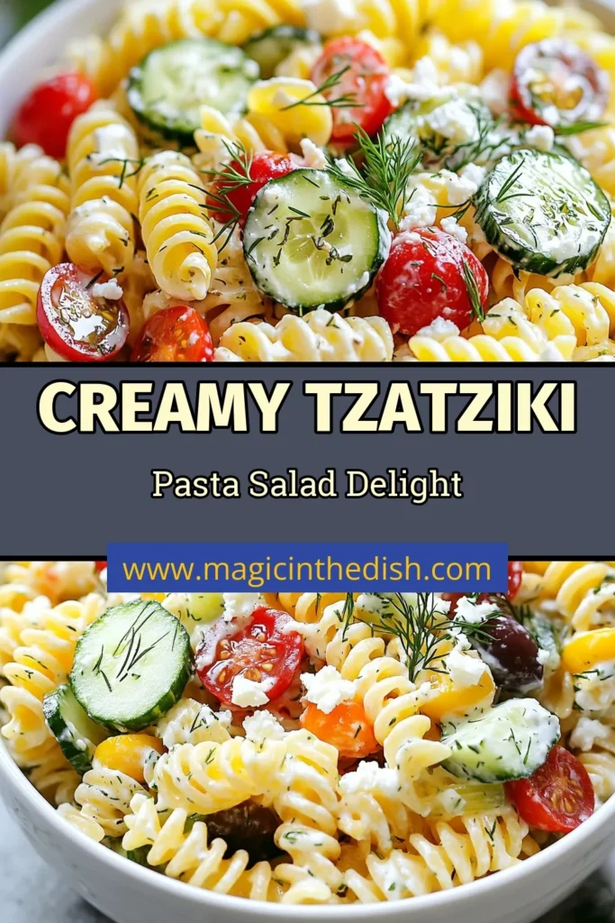Discover the refreshing delight of Tzatziki pasta salad with this creamy Greek pasta salad recipe! Made with rotini pasta, Greek yogurt pasta dressing, cucumbers, cherry tomatoes, and kalamata olives, this Mediterranean pasta salad is perfect for summer gatherings or meal prep. Enjoy a burst of flavors with every bite! Try this easy recipe today and elevate your pasta salad game. Save this for later! #PastaSalad #GreekRecipe #MediterraneanFlavors #Tzatziki