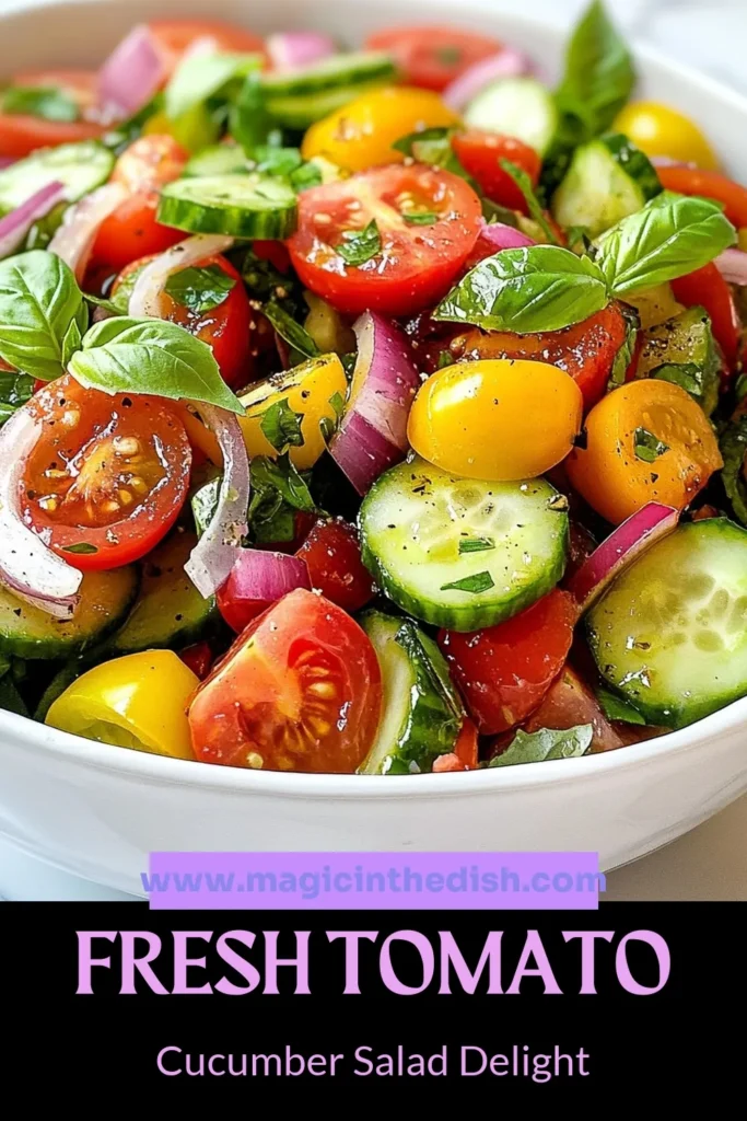 Discover the refreshing delight of this simple tomato cucumber salad! Bursting with flavor, this easy summer salad features ripe tomatoes, crunchy cucumbers, and fresh basil for a healthy vegetable salad that’s perfect for any occasion. Drizzled with a tasty balsamic dressing recipe, this dish is sure to impress. Try it today and savor the freshness! Save this recipe for your next gathering! #TomatoCucumberSalad #FreshBasilSalad #EasySummerSalad #HealthyVegetableSalad
