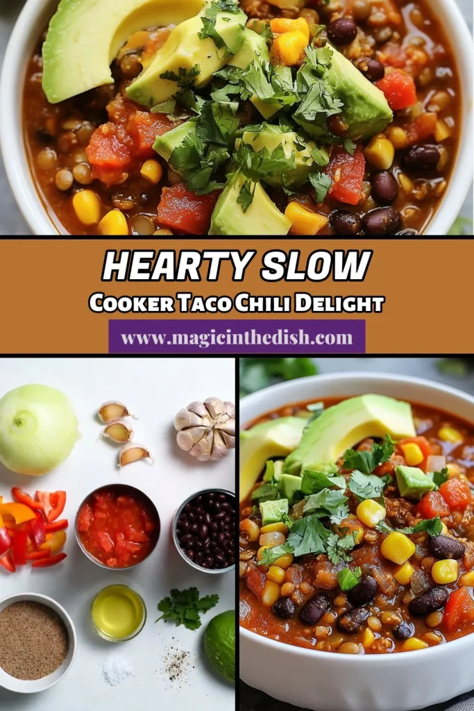 Craving a hearty and healthy meal? Try this easy slow cooker lentil chili that's bursting with flavor. Our vegan taco chili combines lentils, black beans, and corn for a satisfying dish that's perfect for busy days. With minimal prep, this healthy slow cooker recipe will delight your family and friends. Ready in 6-8 hours, it's a go-to for weeknight dinners. Save now and bring warmth to your table! #SlowCookerLentilChili #VeganTacoChili #HeartyLentilChiliRecipe #EasyLentilChili