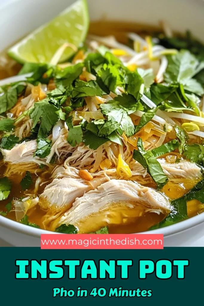 Discover the deliciousness of Instant Pot Chicken Pho, the ultimate Easy Chicken Pho Recipe you need in your life. This Quick Pho Recipe is perfect for weeknight dinners, delivering authentic Instant Pot Vietnamese Pho flavor in just 40 minutes. Don't forget to try making Homemade Pho Noodles to elevate your dish! Save this recipe for a comforting meal any day of the week! #InstantPotPho #ChickenPho #VietnameseCuisine #HomemadeNoodles