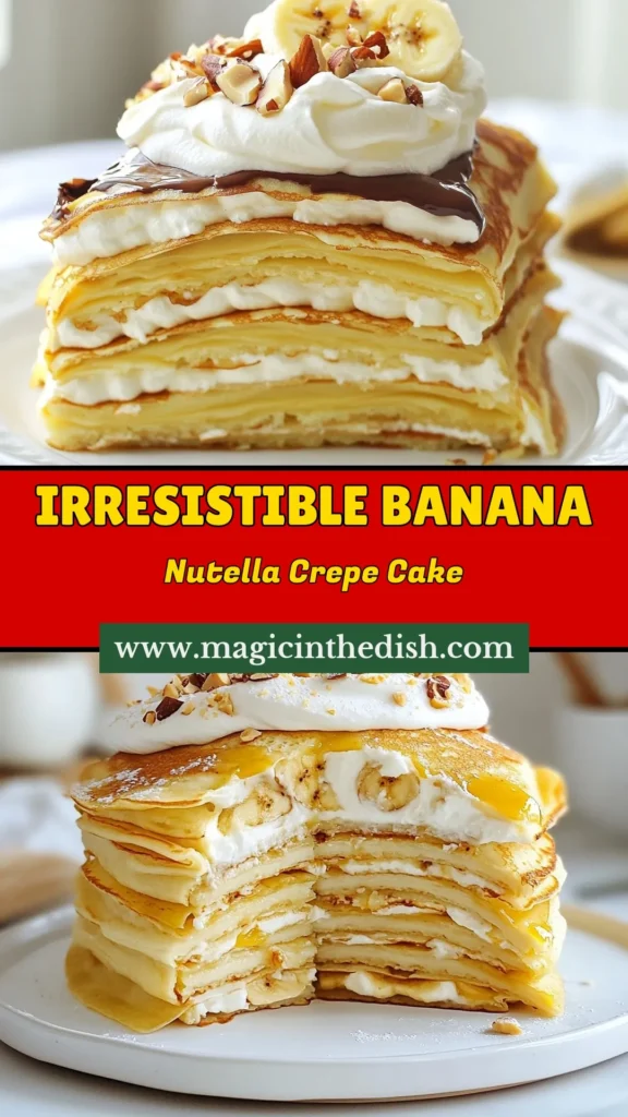 Indulge in the deliciousness of a Banana Nutella crepe cake! This easy crepe cake combines layers of homemade crepes with rich Nutella and fresh bananas, making it a perfect treat for any banana dessert recipes lover. Follow this Nutella cake recipe to create a stunning layered dessert that will impress everyone. Chill, slice, and serve for a delightful treat. Save this recipe for your next dessert craving! #BananaNutella #CrepeCake #DessertIdeas #NutellaRecipes