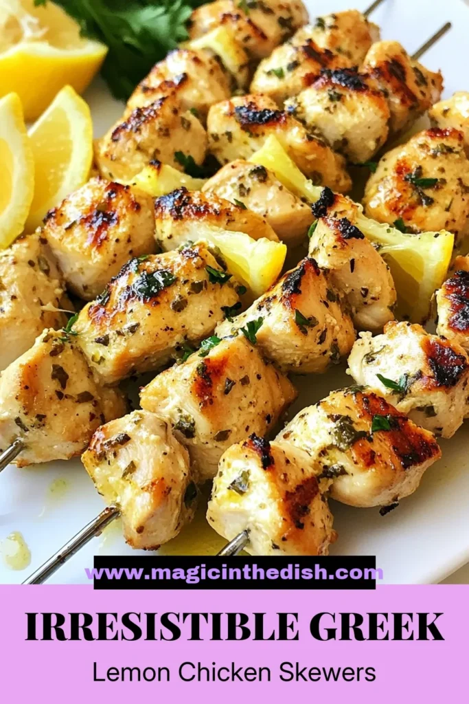 Enjoy the vibrant flavors of Greek cuisine with our easy chicken skewers recipe featuring mouthwatering Greek lemon chicken skewers. This grilled chicken skewers recipe combines juicy marinated chicken, fresh lemon, and authentic Mediterranean herbs. Perfect for any barbecue or family dinner, these Mediterranean chicken skewers are simple to make and incredibly tasty. Click to discover the complete lemon chicken skewers recipe and elevate your grilling game today! #GreekChickenSkewers #LemonChickenSkewers #GrilledChickenSkewers #EasyChickenSkewersRecipe