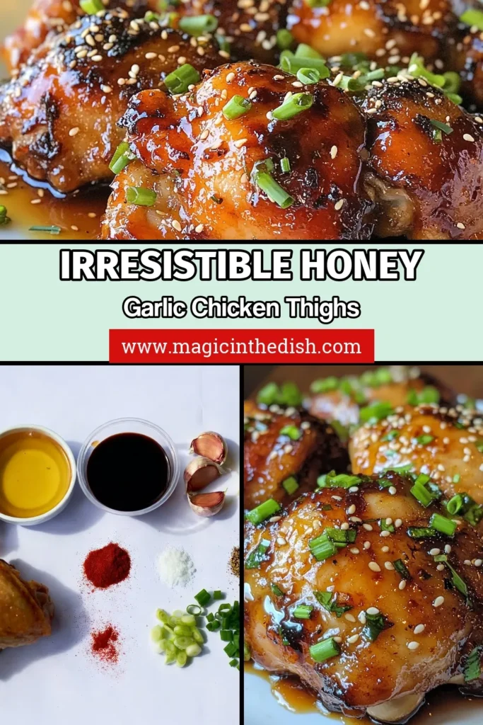 Savor the flavor with these delicious honey garlic chicken thighs! This baked chicken thighs recipe combines sweet and savory elements, making it an easy chicken thigh dinner that your family will love. Perfect for any occasion, these Asian-style chicken thighs are ideal for meal prep or weeknight dinners. Try this simple yet satisfying recipe today! Save this post for your next cooking adventure! #HoneyGarlicChickenThighs #BakedChickenThighsRecipe #SavoryChickenThighRecipes #EasyChickenThighDinner