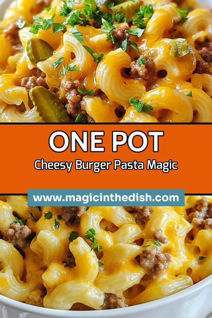 Looking for a delicious and quick dinner? Try this one-pot cheeseburger pasta! This cheesy pasta recipe combines ground beef and macaroni for an easy dinner recipe everyone will love. In just 25 minutes, you can create a comforting ground beef pasta dish that’s perfect for busy weeknights. Don't miss out on this quick cheesy meal that brings the flavors of a cheeseburger to your table. Save and share! #OnePotPasta #QuickDinner #CheesyPasta #GroundBeefRecipes