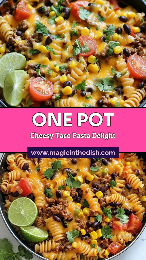 Savor the flavors of this Cheesy Taco Pasta Skillet! A must-try for an easy taco dinner, this one-pot cheesy pasta combines ground beef with hearty ingredients for a satisfying meal. Enjoy the best skillet pasta recipes that are quick and delicious. Perfect for busy weeknights, this cheesy taco pasta will be a favorite at your table. Click to save and make it tonight! #CheesyTacoPasta #SkilletPastaRecipes #EasyTacoDinner #OnePotCheesyPasta