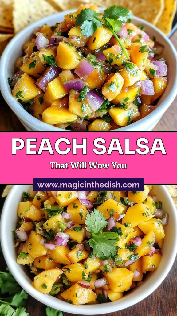 Discover the refreshing taste of peach salsa with this easy homemade salsa recipe! Our Fresh Peach Salsa, also known as Peachy Paradise Salsa, combines juicy peaches, spicy jalapeños, and zesty lime for a delightful summer dip. Perfect for barbecues and gatherings, this fresh fruit salsa will elevate your snack game. Get ready to impress your guests with these summer salsa ideas! Try it today and save the recipe! #PeachSalsaRecipe #SummerSalsa #FreshFruitSalsa #EasyHomemadeSalsa