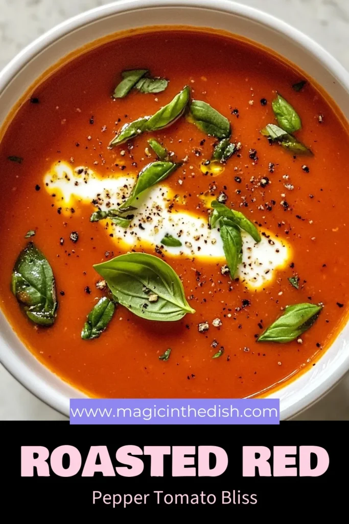 Elevate your meal with this delicious roasted red pepper soup that combines beautifully with ripe tomatoes for a wholesome, creamy tomato soup. This tomato basil soup recipe uses vegetable broth to create a healthy soup recipe that everyone will love. Perfect for cozy nights, it's easy to make and incredibly satisfying. Try this healthy roasted red pepper tomato soup today! Save this recipe for later! #RoastedRedPepperSoup #HealthySoupRecipes #TomatoBasilSoup #CreamyTomatoSoup