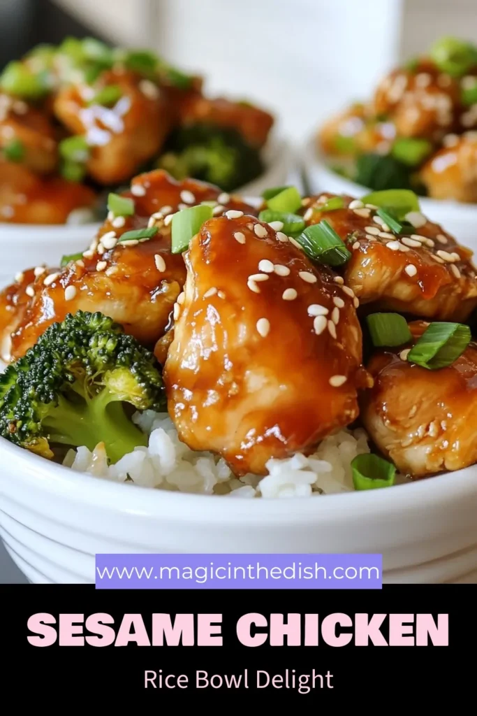Create delicious Sesame Chicken Rice Bowls with this easy sesame chicken recipe that's perfect for a quick chicken dinner! Packed with healthy ingredients, these homemade sesame sauce bowls feature tender chicken, vibrant veggies, and fluffy jasmine rice. Ready in just an hour, they're perfect for busy nights. Try this healthy rice bowl recipe and elevate your dinner game. Save this recipe for later! #SesameChickenRiceBowls #QuickDinnerIdeas #EasyRecipes #HealthyEating