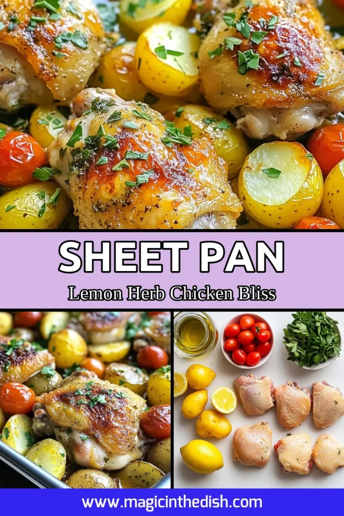 Discover a delicious and easy chicken dinner recipe with this Sheet Pan Lemon Herb Chicken. This zesty chicken recipe features tender sheet pan chicken thighs roasted alongside baby potatoes and cherry tomatoes for a complete meal. Perfect for busy weeknights, this lemon herb chicken recipe will be a hit with your family. Enjoy roasted chicken with potatoes bursting with flavor. Try this recipe today! #EasyDinner #SheetPanMeals #HealthyEating #ChickenRecipes