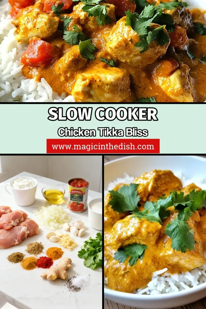 Discover the ultimate Slow Cooker Chicken Tikka Masala that’s both delicious and easy! This Easy Chicken Tikka Recipe combines tender chicken thighs with rich spices, Greek yogurt, and creamy coconut milk for a Healthy Indian Curry that everyone will love. Perfect for busy days, just set it and forget it! Don’t miss out on this Greek Yogurt Chicken Recipe – save it now and elevate your dinner game! #SlowCookerChickenTikkaMasala #HealthyIndianCurry #EasyChickenTikkaRecipe #CoconutMilkChickenTikka