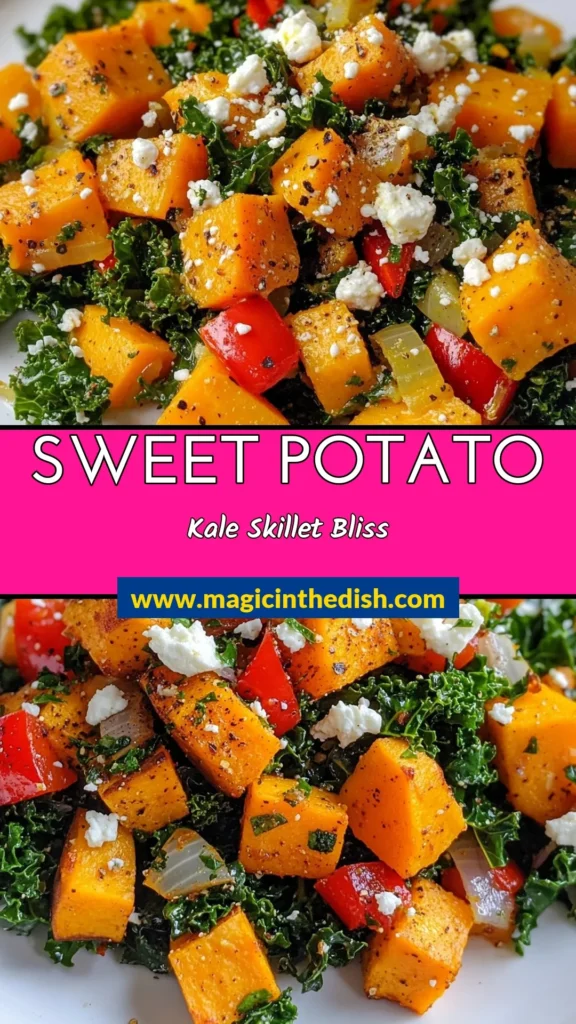 Looking for a delicious and nutritious meal? Try this Sweet Potato Kale Skillet! This easy kale recipe features tender sweet potatoes and fresh kale, making it a perfect vegetarian sweet potato dish. Ideal for busy weeknights, this healthy skillet meal is topped with a feta cheese garnish for added flavor. Don't miss out on this tasty sweet potato kale recipe—save this for your next dinner! #HealthyEating #VegetarianRecipes #SkilletMeals #SweetPotatoKale