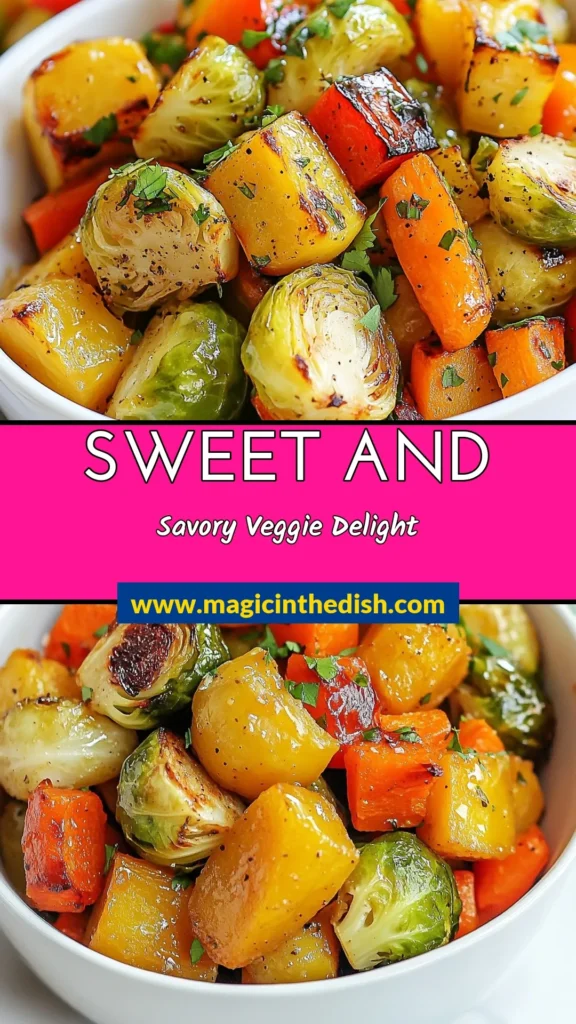Discover the deliciousness of Maple Dijon roasted vegetables, featuring a vibrant mix of Brussels sprouts, butternut squash, carrots, and bell pepper. This easy roasted vegetable recipe is drizzled with a flavorful maple syrup vegetable glaze that makes this healthy vegetable side dish a must-try! Perfect for any meal, elevate your dining experience today. Save this roasted Brussels sprouts recipe for later! #RoastedVegetables #HealthyEating #VegetableRecipes #MapleDijon
