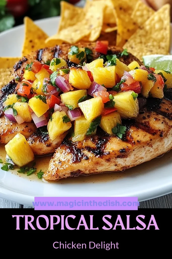 Discover the deliciousness of Pineapple Salsa Chicken with this easy chicken dinner recipe! Perfect for summer grilling, this grilled chicken with pineapple is bursting with flavor from fresh ingredients like pineapple, red bell pepper, and cilantro. It's a healthy chicken recipe that's perfect for any occasion. Ready in just 30 minutes, it's sure to become a family favorite! Try it out today! #ChickenRecipes #HealthyRecipes #GrilledChicken #EasyDinnerIdeas