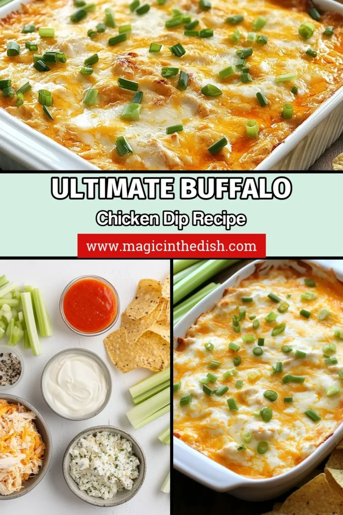 Indulge in the ultimate game day treat with this easy baked buffalo chicken dip recipe! This cheesy buffalo chicken dip combines shredded chicken, cream cheese, and tangy buffalo sauce for a creamy, delightful experience. Perfect as a baked dip appetizer, it’s sure to be a crowd-pleaser with tortilla chips or celery sticks. Try this delicious baked buffalo chicken dip at your next gathering! Save for your next party! #BuffaloChickenDip #BakedDipAppetizers #EasyBuffaloDip #CheesyBuffaloChickenDip