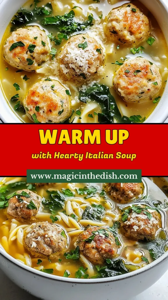 Try this delicious Italian wedding soup recipe that's perfect for any meal! This hearty soup with meatballs features ground turkey, spinach, and small pasta for an easy Italian soup your family will love. Packed with flavor from Parmesan and garlic, it's a warm bowl of comfort. Enjoy this ground turkey soup that's simple to prepare in just 40 minutes. Save this recipe for a cozy dinner night! #ItalianWeddingSoup #HeartySoup #GroundTurkeySoup #EasyItalianSoup