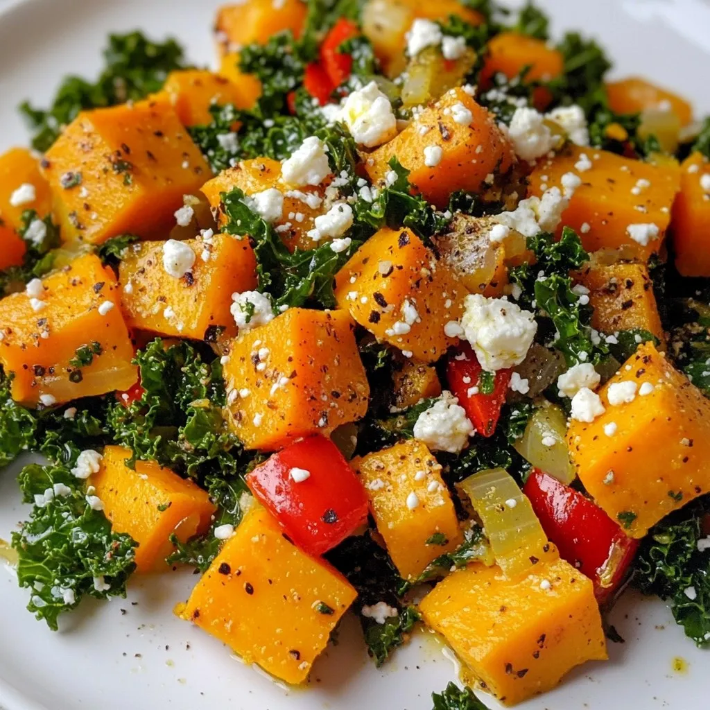 To make the Sweet Potato Kale Skillet, you'll need: - 2 medium sweet potatoes, peeled and diced into ½-inch cubes - 1 bunch of fresh kale, stems removed and leaves roughly chopped - 1 small onion, finely chopped - 2 cloves of garlic, minced - 1 red bell pepper, diced into small pieces - 1 teaspoon ground cumin - 1 teaspoon smoked paprika - 1 tablespoon extra virgin olive oil - Salt and freshly ground black pepper to taste - ¼ cup vegetable broth or water - Optional: ¼ cup feta cheese, crumbled (for garnish) If you don’t have some ingredients, here are swaps you can try: - Sweet Potatoes: Use butternut squash or regular potatoes. - Kale: Spinach or Swiss chard works well. - Onion: Shallots or leeks can add a nice flavor. - Red Bell Pepper: Any color bell pepper or even chopped tomatoes can work. - Feta Cheese: Use goat cheese or leave it out for a dairy-free option. - Vegetable Broth: Water or chicken broth can be used instead. Sweet potatoes are rich in vitamins A and C. They help boost your immune system and keep your skin healthy. They also have fiber, which aids digestion. Kale is a leafy green packed with vitamins K, A, and C. It has antioxidants that protect your cells. Eating kale can support heart health and improve bone strength. Together, sweet potatoes and kale make a hearty and nutritious meal. {{ingredient_image_2}} First, grab a large skillet. Heat one tablespoon of extra virgin olive oil over medium heat. Wait until the oil shimmers. Add the finely chopped onion. Sauté for about three minutes. You want the onions to soften and turn clear. Next, add two minced garlic cloves and one diced red bell pepper. Cook for two more minutes. Make sure to stir often. You don't want the garlic to burn. Now, it’s time for the star: sweet potatoes. Add two medium sweet potatoes, diced into half-inch cubes. Sprinkle in one teaspoon of ground cumin and one teaspoon of smoked paprika. Season with salt and freshly ground black pepper. Stir everything well. Cook for about five to seven minutes. You want the sweet potatoes to soften and start to color. Then, pour in a quarter cup of vegetable broth or water. Cover the skillet with a lid. Let it cook for ten minutes. Check on it to see if the sweet potatoes are fork-tender. When the sweet potatoes are ready, uncover the skillet. Add one bunch of fresh kale, roughly chopped. Stir it in and let it cook for another three to five minutes. The kale will wilt and become tender. Taste the dish and adjust the salt and pepper if needed. If you like, crumble some feta cheese on top for extra flavor. Serve warm in bowls, and enjoy your hearty meal! To get sweet potatoes just right, choose firm ones. Look for smooth skin without bruises. Cut them into even ½-inch cubes. This helps them cook evenly. Cook them until they are soft but not mushy. Always taste as you go! Adjust salt and spices to your liking. If you don’t have sweet potatoes, try regular potatoes or butternut squash. If kale is not available, spinach works well too. You can swap red bell pepper for green or yellow. No cumin? Use chili powder for a different flavor. Serve your skillet warm in bowls. Top it with crumbled feta for extra taste. This dish goes well with crusty bread or a light side salad. You can also pair it with grilled chicken or chickpeas for added protein. Enjoy your meal with family or friends for a cozy dinner! Pro Tips Use Fresh Ingredients: Fresh sweet potatoes and kale will enhance the flavors of your dish significantly. Opt for organic if possible for the best taste and quality. Customize the Spice Level: If you enjoy a bit of heat, consider adding a pinch of cayenne pepper or red pepper flakes to the mix for an extra kick. Meal Prep Friendly: This dish can be made ahead of time and stored in the refrigerator for up to 3 days. Reheat gently on the stove or in the microwave. Experiment with Garnishes: While feta cheese adds a great flavor, try using goat cheese or even avocado for a different twist on this dish. {{image_4}} You can boost the protein in your Sweet Potato Kale Skillet easily. For a plant-based option, add canned chickpeas. Simply rinse and drain them, then stir them in when you add the kale. They blend well with the flavors and make your meal hearty. If you prefer chicken, use cooked, shredded chicken. Add it after sautéing the onions and peppers. This way, the chicken warms up and soaks in the flavors. Both options provide a satisfying twist. Making this dish vegan is simple! Just skip the feta cheese or use a dairy-free version. There are many plant-based cheeses on the market that work well. Look for ones that crumble like feta. Nutritional yeast is another great addition. It adds a cheesy flavor without any dairy. This keeps your meal creamy and delicious while still being vegan. Want to add some heat? Try adding red pepper flakes or diced jalapeños. These spices will give your skillet a nice kick. You can also experiment with herbs. Fresh thyme or rosemary adds a fragrant touch. For a smoky flavor, consider adding a bit more smoked paprika. Don’t be afraid to play with flavors. Each addition brings something new to your skillet, making every meal unique! To store leftovers, let the dish cool first. Use an airtight container. Place the sweet potato kale skillet in the fridge. It will stay fresh for about 3 to 5 days. Make sure to keep it covered to prevent it from drying out. When you're ready to eat, take it out of the fridge. You can reheat it on the stove or in the microwave. For the stove, add a splash of water or broth. Heat it on low until warm. If using the microwave, heat it in short bursts. Stir in between to ensure even heating. If you want to freeze it, use freezer-safe containers. Portion it into smaller amounts for easy meals later. This dish can last in the freezer for up to 3 months. When you're ready to eat, thaw it overnight in the fridge. Reheat as mentioned before for best results. Yes, you can make this dish ahead of time. Cook the sweet potato kale skillet and let it cool. Store it in an airtight container in the fridge. It will stay fresh for up to three days. When you are ready to eat, simply reheat it on the stove or in the microwave. You can add many vegetables to the skillet. Try adding chopped carrots, zucchini, or bell peppers. Broccoli or spinach can also work well. Mix and match based on what you have. This allows you to use what’s in your fridge. To add spice, consider using jalapeños or red pepper flakes. You can also add hot sauce for an extra kick. Adjust the amount based on your taste. Start small and add more as needed. This way, you can control the heat level. In this post, we explored the vibrant world of sweet potatoes and kale. We covered ingredients, cooking steps, and helpful tips. You learned how to make this dish easy and tasty, even with substitutions. Don't forget the variations to customize your meal. Lastly, knowing how to store leftovers will save you time. Embrace these ideas and enjoy your cooking journey!