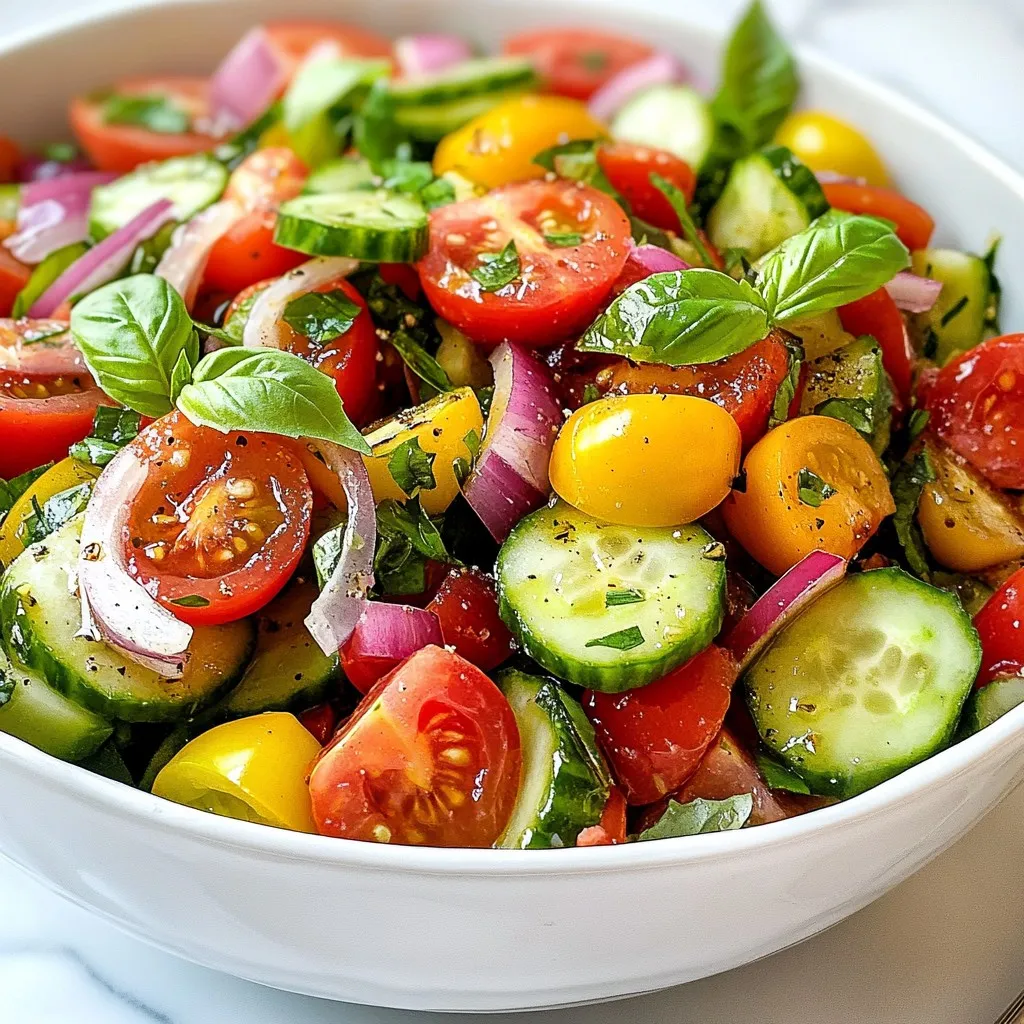 - 4 ripe tomatoes, diced into bite-sized pieces - 2 large cucumbers, peeled and diced - 1/4 red onion, thinly sliced for optimal flavor - 1/4 cup fresh basil leaves, roughly chopped I love using ripe tomatoes and large cucumbers. They bring great taste and crunch. The red onion adds a nice kick. Fresh basil gives the salad a bright, herbal touch. - 2 tablespoons extra virgin olive oil - 1 tablespoon balsamic vinegar - Salt and freshly cracked pepper to taste - 1 teaspoon honey (optional, to add a touch of sweetness) The dressing is simple yet tasty. Extra virgin olive oil and balsamic vinegar balance each other well. Adding salt and pepper enhances all the flavors. If you like a hint of sweetness, try the honey option. - Prep time: 10 minutes - Total time: 20 minutes - Servings: 4 This salad is quick to make. You can serve four people in just 20 minutes. It’s perfect for lunch or as a side dish. Enjoy the fresh taste and simple prep! {{ingredient_image_2}} 1. Start with the tomatoes. Dice 4 ripe tomatoes into small bite-sized pieces. This adds juicy flavor. 2. Next, take 2 large cucumbers. Peel and dice them too. They provide a nice crunch. 3. Now, slice 1/4 of a red onion thinly. This gives your salad a sweet and tangy taste. 4. Finally, chop 1/4 cup of fresh basil leaves. This adds a bright herbal note. 1. In a small bowl, mix 2 tablespoons of extra virgin olive oil with 1 tablespoon of balsamic vinegar. 2. Add 1 teaspoon of honey if you want a touch of sweetness. 3. Season with salt and freshly cracked pepper to taste. 4. Whisk the mixture until it is smooth and well combined. This helps the flavors blend well. 1. In a large mixing bowl, combine the diced tomatoes, cucumbers, sliced red onion, and chopped basil. 2. Drizzle your dressing over the salad ingredients. 3. Gently toss everything together using a spatula or salad tongs. Make sure all the veggies are coated. 4. Let the salad rest at room temperature for about 10 minutes. This helps the flavors mix well. Letting your salad rest brings out the best flavors. After mixing, set it aside for about 10 minutes. This simple step allows the tomatoes, cucumbers, and onion to blend their tastes. You can also add a touch of honey to the dressing. It balances the acidity of the vinegar and enriches the salad's sweetness. Serve your salad in a shallow bowl. This helps showcase the colors and textures. For a beautiful finish, garnish with fresh basil leaves on top. A light drizzle of extra virgin olive oil adds shine and flavor. Avoid overdressing your salad. Too much dressing can make it soggy and heavy. Instead, start with a small amount, then add more if needed. Also, cut your vegetables into larger pieces. If they are too small, they lose their crunch and can become mushy. Pro Tips Use ripe tomatoes: The flavor of your salad will greatly improve with ripe, in-season tomatoes. Look for ones that are firm yet slightly soft to the touch and have a rich red color. Chill your cucumbers: For an extra refreshing crunch, chill your cucumbers in the refrigerator for about 30 minutes before adding them to the salad. Customize your herbs: While basil adds a lovely flavor, feel free to mix in other fresh herbs like parsley or mint for a unique twist on the salad. Serve immediately: For the best texture and flavor, serve the salad immediately after mixing. If you need to prepare it in advance, keep the dressing separate until just before serving. {{image_4}} You can make this salad heartier by adding protein. Grilled chicken works great. It adds flavor and makes the dish filling. Simply slice the chicken and toss it in with the veggies. Another option is to include chickpeas or feta cheese. Chickpeas add a nice crunch and boost your fiber intake. Feta cheese gives a creamy, salty touch that pairs well with the fresh ingredients. Trying different dressings can change the whole vibe of the salad. A lemon vinaigrette is a bright and zesty choice. Just mix lemon juice, olive oil, salt, and pepper for a simple dressing. You can also experiment with yogurt-based dressings. These add a creamy texture while keeping things light. Mix plain yogurt with herbs and a splash of lemon for a refreshing twist. Don't be afraid to swap out herbs or oils. Fresh herbs like dill or parsley can give new life to your salad. You can even try mint for a cool flavor. Different vinegars or oils can also change the taste. Use apple cider vinegar for a fruity kick or avocado oil for a smooth finish. Each swap creates a unique flavor profile, making your salad fun and fresh every time. To store leftover salad, place it in an airtight container. This keeps it fresh for later. Make sure to put the container in the fridge. Cold temperatures help slow spoilage. Keep the dressing separate from the salad. This helps maintain the crispness of the veggies. Use the salad within two days for the best taste and quality. After that, it may lose its crunch. If you have extra salad, get creative! Use it in soups or wraps. Add it to a broth for a tasty soup. Or, wrap it in a tortilla for a quick lunch. Both options make great use of your leftovers! The salad stays fresh for about 2 days when stored in the fridge. Keep it in an airtight container. The tomatoes and cucumbers may lose some crunch over time. If you want the best taste, eat it within 24 hours. Yes, you can prepare the salad ahead of time. I suggest cutting the tomatoes and cucumbers a few hours before serving. Store the vegetables and dressing separately. This keeps the salad fresh and crisp. Mix them together just before serving for the best flavor. If you lack balsamic vinegar, try red wine vinegar or apple cider vinegar. Both options add a nice tang. You can also use lemon juice for a fresh twist. Each will change the flavor slightly, but they will still taste great. This blog post covered how to make a delicious salad using fresh produce. We explored the right ingredients, dressings, and serving sizes. I shared step-by-step instructions, as well as tips for enhancing flavors and avoiding common mistakes. In conclusion, enjoy experimenting with different variations and storage tips. A great salad can be fun and healthy, adding joy to any meal. Remember, the best salads make use of fresh ingredients and your creative touch!