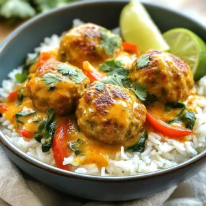 - 1 lb ground chicken or turkey - 1/2 cup breadcrumbs - 1/4 cup fresh cilantro, finely chopped - 1 tablespoon fresh ginger, minced - 1 tablespoon garlic, minced - 1 tablespoon curry powder - 1 teaspoon ground turmeric - 1/2 teaspoon salt - 1 can (14 oz) coconut milk - 2 tablespoons red curry paste - 1 tablespoon soy sauce - 1 tablespoon freshly squeezed lime juice - 1 red bell pepper, diced into small pieces - 1 cup fresh spinach leaves These ingredients bring rich and exciting flavors to the dish. The ground chicken or turkey serves as the base for the meatballs. The breadcrumbs help hold everything together. Fresh cilantro adds a bright taste, while ginger and garlic bring warmth. Curry powder and turmeric give the meatballs a lovely color and depth. Coconut milk and red curry paste form a creamy, flavorful sauce. Soy sauce and lime juice add a touch of saltiness and acidity. Finally, the red bell pepper and spinach provide a nutritious crunch and vibrant color. - Jasmine rice - Garnishes like lime wedges and chopped cilantro Serving the coconut curry meatballs over jasmine rice makes a perfect meal. The rice soaks up the delicious sauce. Adding lime wedges and cilantro on top not only looks nice but also adds fresh flavor. Enjoy your meal! {{ingredient_image_2}} - Preheat the oven to 400&deg;F (200&deg;C). - Line a baking sheet with parchment paper. - In a big bowl, mix 1 lb of ground chicken or turkey, 1/2 cup breadcrumbs, 1/4 cup chopped cilantro, 1 tablespoon minced ginger, 1 tablespoon minced garlic, 1 tablespoon curry powder, 1 teaspoon ground turmeric, and 1/2 teaspoon salt. - Use your hands or a spoon to mix well until everything is combined. - Shape the mixture into meatballs about 1 inch wide. - Place the meatballs on the lined baking sheet, leaving space between them. - Bake in the oven for 20-25 minutes, until golden brown and cooked through. - While the meatballs bake, heat a large skillet over medium heat. - Pour in 1 can of coconut milk, then add 2 tablespoons of red curry paste, 1 tablespoon of soy sauce, and 1 tablespoon of lime juice. - Whisk until smooth and let it simmer gently, stirring now and then. - Once the sauce simmers, add 1 diced red bell pepper and 1 cup of fresh spinach. - Stir them into the sauce and cook for 3-5 minutes until the spinach wilts and the bell pepper softens. - Carefully add the baked meatballs to the skillet with the curry sauce. - Toss gently to coat the meatballs in the sauce. - Let everything simmer on low heat for 5 more minutes to blend the flavors. - Serve the meatballs over cooked jasmine rice. - Drizzle with extra coconut curry sauce and enjoy! - Ensuring meatballs hold together: To keep your meatballs from falling apart, use breadcrumbs and mix well. The breadcrumbs help bind the meat. Make sure to shape them gently but firmly. - Checking doneness of meatballs: Bake the meatballs until they are golden brown. You can also cut one in half to check if it's cooked through. The inside should be no longer pink. - Adjusting spice levels: If you want more heat, add extra red curry paste. Start with a little and taste as you go. You can also add fresh chili for more spice. - Adding acidity for brightness: A squeeze of lime juice brightens the dish. Add it to the curry sauce just before serving. This lifts the flavors and makes it taste fresh. Pro Tips Use Fresh Herbs: Fresh cilantro adds a burst of flavor to the meatballs and sauce. If possible, use fresh ingredients to elevate your dish. Adjust the Heat: If you like it spicier, add more red curry paste or a pinch of cayenne pepper to the sauce for an extra kick. Meatball Variations: Feel free to substitute ground chicken or turkey with ground beef, lamb, or even a plant-based alternative for a different flavor profile. Make Ahead: Prepare the meatballs and sauce in advance, then store them separately in the fridge. Reheat when ready to serve for a quick weeknight dinner. {{image_4}} You can swap out ground chicken for different meats. Ground turkey works great too. If you prefer red meat, try ground beef. For a plant-based option, use plant-based meat. Each choice brings its own flavor. Adjust cooking time if you use a different protein to ensure it's cooked through. Feel free to change up the veggies. You can add carrots, zucchini, or mushrooms. Each vegetable adds a unique taste and texture. For herbs, try basil or mint for a fresh twist. These swaps keep the dish exciting and allow you to use what you have. You can inspire your coconut curry meatballs with different cuisines. For a Thai twist, add lemongrass or Kaffir lime leaves. These flavors brighten the dish. If you lean toward Indian flavors, use garam masala and add peas. Both variations give a delightful spin to this recipe. To store leftovers, let the dish cool. Place the meatballs and sauce in an airtight container. You can keep it in the fridge for up to three days. For longer storage, freeze the meatballs and sauce in a freezer-safe container. It will last up to three months. To reheat, take it out of the fridge or freezer. If frozen, thaw it in the fridge overnight. Heat it gently in a skillet over low heat. Stir often to warm it evenly. You can also microwave it in a bowl for quicker reheating. Just cover it to avoid splatters. For the best taste, eat the dish within three days if kept in the fridge. When frozen, it stays fresh for about three months. To keep flavors strong, store it tightly sealed. Avoid letting air in. This helps prevent freezer burn and keeps your meal tasty. You can use ground turkey for a leaner option. Ground beef also works well. If you want a plant-based choice, try lentils or chickpeas. These alternatives still provide great flavor and texture. Yes, you can make these meatballs ahead of time. Prepare the meatballs and sauce, then store them separately in the fridge. You can also freeze them for up to three months. Just thaw and reheat when you are ready to eat. Coconut milk adds creaminess and flavor. If you want a lighter option, try using low-fat coconut milk or almond milk. However, this may change the taste of the dish. To add heat, include fresh chili peppers or a dash of cayenne pepper. You can also increase the amount of red curry paste. Adjust according to your spice preference for the best flavor. Serve these meatballs with jasmine rice for a classic combination. Naan bread or quinoa are great choices too. Fresh salads or steamed vegetables can also balance the richness of the curry. This blog shared a tasty meatball recipe, made with ground chicken or turkey, fresh herbs, spices, and coconut milk. I covered how to prep, bake, and serve the meatballs with a rich curry sauce. You can modify the recipe by using different proteins or spices to suit your taste. Remember, leftovers can be stored in the fridge or freezer for later. Enjoy making this dish, and don&rsquo;t hesitate to get creative. Cooking should be fun and fulfilling.