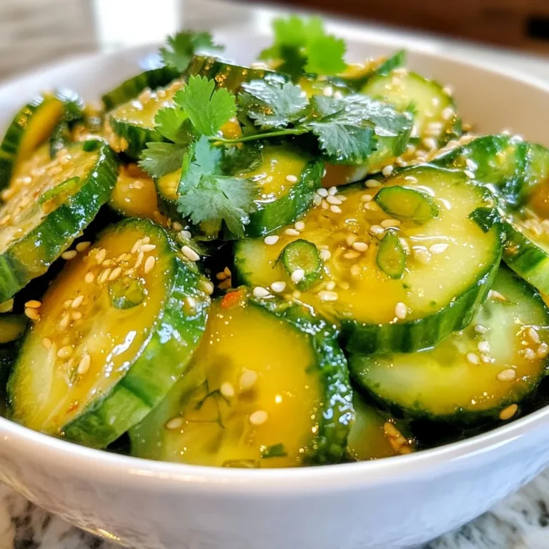 - 2 large cucumbers, thinly sliced - 1 teaspoon sea salt - 1 tablespoon granulated sugar - 3 tablespoons rice vinegar - 1 tablespoon low-sodium soy sauce - 1 tablespoon toasted sesame oil - Fresh cilantro leaves - Green onions - Sesame seeds - Red chili slices In this Asian cucumber salad, the main star is the cucumber. I use large, fresh cucumbers for the best crunch. When you slice them thin, they soak up the flavors well. Sea salt helps to draw out the water from the cucumbers. This makes them crispy and tasty. I add granulated sugar to balance the vinegar's tang. Rice vinegar adds a nice zing, while low-sodium soy sauce gives depth. Toasted sesame oil adds a lovely nutty aroma. Each ingredient works together to create a bright, flavorful salad. For garnish, I love fresh cilantro. It adds color and a fresh taste. Green onions bring a mild onion flavor and a nice crunch. I like to sprinkle sesame seeds for extra texture. Red chili slices can add a spicy kick if you enjoy heat. Each of these optional ingredients can take your salad to the next level. With these ingredients, you can make a simple yet delicious dish that impresses anyone at your table. {{ingredient_image_2}} First, take your two large cucumbers and slice them thinly. Place these slices in a colander. Sprinkle one teaspoon of sea salt over the cucumber slices. Let them sit for about 15 minutes. This step draws out extra moisture, making your cucumbers crispier. After 15 minutes, rinse the cucumbers under cold water. This removes the salt. Then, gently pat the slices dry with paper towels. Drying them helps keep the salad fresh. In a mixing bowl, combine one tablespoon of granulated sugar, three tablespoons of rice vinegar, one tablespoon of low-sodium soy sauce, and one tablespoon of toasted sesame oil. Add one clove of minced garlic and one tablespoon of grated ginger. Whisk these together until the sugar dissolves. A well-mixed dressing is key to a balanced flavor. It brings out the best in the cucumbers. Now, add the dried cucumber slices to the bowl with the dressing. Gently toss them so every slice is coated in the dressing. Next, add the finely sliced green onions, including the white and green parts. Sprinkle in one tablespoon of lightly toasted sesame seeds. Mix everything gently to combine. Let the salad rest for about 10 minutes at room temperature. This allows the flavors to meld together, creating a tasty dish. To keep your cucumbers crisp, salting is key. Salt draws out moisture. This process makes each slice crunchy and fresh. Use large cucumbers for the best results. English cucumbers work great. They have fewer seeds and a thinner skin. Both types add a nice bite. You can change the taste by adjusting garlic and ginger. Start with one clove of garlic. If you love garlic, add more. For ginger, start with one tablespoon. This gives a warm kick. A splash of lime juice adds zest. It complements the vinegar and brightens flavors. Serve the salad chilled or at room temperature. You can plate it in bowls or on a large platter. For a fun twist, sprinkle extra sesame seeds on top. This salad pairs well with Asian dishes like grilled chicken. It also works as a refreshing side. Pro Tips Salt the Cucumbers: Salting the cucumbers before rinsing helps to draw out excess moisture, making for a crispier salad. Chill Before Serving: For the best flavor and texture, let the salad chill in the refrigerator for at least 30 minutes before serving. Customize the Dressing: Feel free to adjust the sweetness or acidity of the dressing by altering the amount of sugar or vinegar to suit your taste. Add a Kick: For an extra layer of flavor, consider adding a splash of chili oil or fresh sliced chilies to the salad for some heat. {{image_4}} You can make this salad heartier by adding proteins. Try chicken, shrimp, or tofu. Simply grill or sauté your protein of choice. Toss it into the salad just before serving. If you add protein, adjust the dressing. You may want to add a bit more soy sauce for flavor. This will balance the meal and keep it tasty. For a vegan twist, you can change the dressing. Skip the soy sauce and use coconut aminos instead. This gives a great flavor without soy. You can also add more veggies. Try bell peppers, carrots, or radishes for extra crunch. These additions keep your salad bright and fresh. If you're watching carbs, there are easy swaps. Use zucchini or bell peppers instead of cucumbers. These veggies are low in carbs and still taste great. You can also reduce sugar in the dressing. Use a sugar substitute or skip it altogether. This way, you can enjoy the salad while staying on track with your diet. To keep your Asian cucumber salad fresh, use airtight containers. Glass or BPA-free plastic containers work well. Always store your salad in the fridge. This helps preserve the crunchiness and flavor. Your salad stays good for about 2 to 3 days in the fridge. After this time, you might notice changes. Look for limp cucumbers or a sour smell. These are signs that the salad has spoiled. To keep the flavor and texture at their best, serve the salad cold. You can prep ingredients a day ahead. Just mix the dressing and cut the cucumbers, but wait to combine everything until serving. This keeps the cucumbers crisp and full of flavor. Yes, you can make this salad a few hours before serving. It tastes better when the flavors mix. I recommend preparing it up to four hours in advance. Just keep it in the fridge until you are ready to serve. I prefer using English cucumbers for this salad. They are long, thin, and have fewer seeds. Persian cucumbers are also great. They are crunchy and sweet. Regular garden cucumbers work too, but they may have more seeds and a thicker skin. To spice up this salad, add red chili flakes or sliced fresh chili peppers. You can also mix in a dash of sriracha or chili oil. Adjust the heat to your taste. This Asian Cucumber Salad is fresh and easy to make. We covered the key ingredients, like cucumbers, rice vinegar, and soy sauce. You learned how to prepare the cucumbers and mix the dressing for balanced flavor. I shared tips for keeping the cucumbers crisp and ideas for serving. You can add proteins or adapt it to fit your diet. Remember, this salad tastes best when fresh or stored correctly. Enjoy making this dish and impressing your friends with simple, flavorful food. Your kitchen is about to get exciting!
