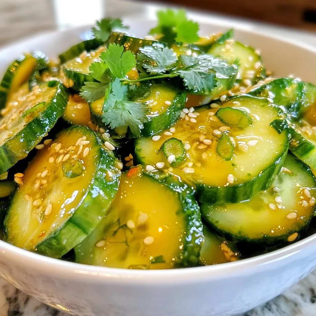 - 2 large cucumbers, thinly sliced - 1 teaspoon sea salt - 1 tablespoon granulated sugar - 3 tablespoons rice vinegar - 1 tablespoon low-sodium soy sauce - 1 tablespoon toasted sesame oil - Fresh cilantro leaves - Green onions - Sesame seeds - Red chili slices In this Asian cucumber salad, the main star is the cucumber. I use large, fresh cucumbers for the best crunch. When you slice them thin, they soak up the flavors well. Sea salt helps to draw out the water from the cucumbers. This makes them crispy and tasty. I add granulated sugar to balance the vinegar's tang. Rice vinegar adds a nice zing, while low-sodium soy sauce gives depth. Toasted sesame oil adds a lovely nutty aroma. Each ingredient works together to create a bright, flavorful salad. For garnish, I love fresh cilantro. It adds color and a fresh taste. Green onions bring a mild onion flavor and a nice crunch. I like to sprinkle sesame seeds for extra texture. Red chili slices can add a spicy kick if you enjoy heat. Each of these optional ingredients can take your salad to the next level. With these ingredients, you can make a simple yet delicious dish that impresses anyone at your table. {{ingredient_image_2}} First, take your two large cucumbers and slice them thinly. Place these slices in a colander. Sprinkle one teaspoon of sea salt over the cucumber slices. Let them sit for about 15 minutes. This step draws out extra moisture, making your cucumbers crispier. After 15 minutes, rinse the cucumbers under cold water. This removes the salt. Then, gently pat the slices dry with paper towels. Drying them helps keep the salad fresh. In a mixing bowl, combine one tablespoon of granulated sugar, three tablespoons of rice vinegar, one tablespoon of low-sodium soy sauce, and one tablespoon of toasted sesame oil. Add one clove of minced garlic and one tablespoon of grated ginger. Whisk these together until the sugar dissolves. A well-mixed dressing is key to a balanced flavor. It brings out the best in the cucumbers. Now, add the dried cucumber slices to the bowl with the dressing. Gently toss them so every slice is coated in the dressing. Next, add the finely sliced green onions, including the white and green parts. Sprinkle in one tablespoon of lightly toasted sesame seeds. Mix everything gently to combine. Let the salad rest for about 10 minutes at room temperature. This allows the flavors to meld together, creating a tasty dish. To keep your cucumbers crisp, salting is key. Salt draws out moisture. This process makes each slice crunchy and fresh. Use large cucumbers for the best results. English cucumbers work great. They have fewer seeds and a thinner skin. Both types add a nice bite. You can change the taste by adjusting garlic and ginger. Start with one clove of garlic. If you love garlic, add more. For ginger, start with one tablespoon. This gives a warm kick. A splash of lime juice adds zest. It complements the vinegar and brightens flavors. Serve the salad chilled or at room temperature. You can plate it in bowls or on a large platter. For a fun twist, sprinkle extra sesame seeds on top. This salad pairs well with Asian dishes like grilled chicken. It also works as a refreshing side. Pro Tips Salt the Cucumbers: Salting the cucumbers before rinsing helps to draw out excess moisture, making for a crispier salad. Chill Before Serving: For the best flavor and texture, let the salad chill in the refrigerator for at least 30 minutes before serving. Customize the Dressing: Feel free to adjust the sweetness or acidity of the dressing by altering the amount of sugar or vinegar to suit your taste. Add a Kick: For an extra layer of flavor, consider adding a splash of chili oil or fresh sliced chilies to the salad for some heat. {{image_4}} You can make this salad heartier by adding proteins. Try chicken, shrimp, or tofu. Simply grill or sauté your protein of choice. Toss it into the salad just before serving. If you add protein, adjust the dressing. You may want to add a bit more soy sauce for flavor. This will balance the meal and keep it tasty. For a vegan twist, you can change the dressing. Skip the soy sauce and use coconut aminos instead. This gives a great flavor without soy. You can also add more veggies. Try bell peppers, carrots, or radishes for extra crunch. These additions keep your salad bright and fresh. If you're watching carbs, there are easy swaps. Use zucchini or bell peppers instead of cucumbers. These veggies are low in carbs and still taste great. You can also reduce sugar in the dressing. Use a sugar substitute or skip it altogether. This way, you can enjoy the salad while staying on track with your diet. To keep your Asian cucumber salad fresh, use airtight containers. Glass or BPA-free plastic containers work well. Always store your salad in the fridge. This helps preserve the crunchiness and flavor. Your salad stays good for about 2 to 3 days in the fridge. After this time, you might notice changes. Look for limp cucumbers or a sour smell. These are signs that the salad has spoiled. To keep the flavor and texture at their best, serve the salad cold. You can prep ingredients a day ahead. Just mix the dressing and cut the cucumbers, but wait to combine everything until serving. This keeps the cucumbers crisp and full of flavor. Yes, you can make this salad a few hours before serving. It tastes better when the flavors mix. I recommend preparing it up to four hours in advance. Just keep it in the fridge until you are ready to serve. I prefer using English cucumbers for this salad. They are long, thin, and have fewer seeds. Persian cucumbers are also great. They are crunchy and sweet. Regular garden cucumbers work too, but they may have more seeds and a thicker skin. To spice up this salad, add red chili flakes or sliced fresh chili peppers. You can also mix in a dash of sriracha or chili oil. Adjust the heat to your taste. This Asian Cucumber Salad is fresh and easy to make. We covered the key ingredients, like cucumbers, rice vinegar, and soy sauce. You learned how to prepare the cucumbers and mix the dressing for balanced flavor. I shared tips for keeping the cucumbers crisp and ideas for serving. You can add proteins or adapt it to fit your diet. Remember, this salad tastes best when fresh or stored correctly. Enjoy making this dish and impressing your friends with simple, flavorful food. Your kitchen is about to get exciting!