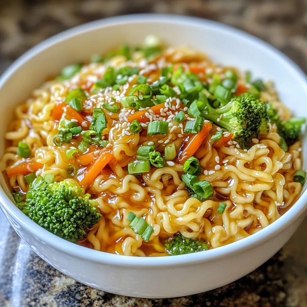 - Instant ramen noodles - Honey, soy sauce, and sesame oil - Fresh vegetables: broccoli, carrots, green onions - Seasonings: garlic, sesame seeds, salt, and pepper For this honey garlic instant ramen hack, you need simple ingredients. Start with two packs of instant ramen noodles. You can choose any flavor you like. Next, gather three tablespoons of honey, two tablespoons of soy sauce, and one tablespoon of sesame oil. Fresh vegetables add color and crunch. I recommend one cup of broccoli florets and one large carrot, julienned. For herbs, you will need two green onions, finely chopped. Seasonings enhance the dish. Use three cloves of garlic, finely minced, and one tablespoon of sesame seeds. Don't forget salt and freshly cracked pepper to taste. These ingredients create a balanced and tasty meal that is easy to make. {{ingredient_image_2}} Start by boiling water in a medium saucepan. Make sure it’s a full boil before adding the noodles. Add two packs of instant ramen. Cook them for about 3-4 minutes, as the package says. Once they are tender, drain the noodles in a colander and set them aside. Keep the flavor packets for later use. Next, heat one tablespoon of sesame oil in a large non-stick skillet over medium heat. Once the oil is hot, add three cloves of finely minced garlic. Sauté the garlic for 1-2 minutes. Keep stirring to prevent it from browning. This step is key; burnt garlic can make your dish taste bitter. Now, let’s create the sauce. Pour in three tablespoons of honey and two tablespoons of soy sauce. Stir the mixture until it blends well. Taste the sauce. If you like it sweeter, add a little more honey. Adjusting the sweetness makes a big difference. Time to add some color and crunch! Toss in one cup of fresh broccoli florets and one large julienned carrot. Sauté these veggies for about 4-5 minutes. Stir occasionally to keep them crisp. This step adds texture and nutrition to your ramen. Now, add the cooked ramen noodles to the skillet. Don’t forget to include the saved flavor packets if you want to boost the taste. Season with salt and freshly cracked pepper. Use tongs or a spatula to gently toss everything together. Make sure the noodles are evenly coated with the sauce and mixed with the vegetables. Finally, remove the skillet from heat. Sprinkle two chopped green onions and one tablespoon of sesame seeds over the top. Gently fold these into the noodles for fresh flavor. For a beautiful presentation, serve the ramen in deep bowls. You can also add a drizzle of honey on top for extra appeal. Enjoy your delicious honey garlic ramen! - Adjusting the sauce for personal taste: Start with the basic sauce of honey and soy sauce. If you like it sweeter, add more honey. Want it saltier? A splash of soy sauce will do. Taste it as you go. This way, you make it just right for you. - Tips for sautéing vegetables: Sauté your veggies over medium heat. This keeps them from cooking too fast. You want them tender but still crisp. Stir them often to cook evenly. If you see them getting too soft, take them off the heat. - Best practices for cooking instant ramen: Use a medium saucepan. Boil water first, then add the noodles. Cook them for 3-4 minutes. This gives you the best texture. Drain them well to avoid sogginess. - Preventing overcooking: Keep an eye on the clock. If you leave the noodles too long, they get mushy. Set a timer for 3 minutes. Check them, and then drain. - Ideal serving dishes and presentation: Serve your ramen in deep bowls. This helps keep the sauce and noodles together. Arrange the noodles and veggies nicely. It makes the dish look more inviting. - Enhancements for flavor and appearance: Add a sprinkle of sesame seeds on top. They add a nice crunch. For some color, toss on extra green onions. You can even drizzle a bit of honey on top for a shiny finish. Pro Tips Use Low-Sodium Soy Sauce: Opting for low-sodium soy sauce helps control the saltiness of the dish while still providing that savory umami flavor. Customize Your Veggies: Feel free to add any of your favorite vegetables like bell peppers, snap peas, or mushrooms for added nutrients and flavor. Adjust Sweetness: Taste the sauce as you prepare it and adjust the sweetness of the honey to suit your preference; you can always add more honey for a sweeter dish. Perfectly Cooked Noodles: Avoid overcooking the ramen noodles; they should remain slightly firm (al dente) to maintain the best texture when mixed with the sauce. {{image_4}} To make your Honey Garlic Instant Ramen more filling, add protein. You can use chicken, shrimp, or tofu. - Chicken: Use cooked, shredded chicken for a quick boost. - Shrimp: Cook shrimp in the pan for about 2-3 minutes until pink. - Tofu: Cube firm tofu and sauté it until golden brown. Make sure to season the protein well to match the flavors of the dish. Cooking proteins ahead of time helps save time. Don’t be afraid to swap out the veggies! Seasonal vegetables add freshness. - Zucchini: Use thin slices for a light crunch. - Bell Peppers: Add colorful slices for a sweet bite. - Snap Peas: Cook them quickly for a crisp texture. Quick-cooking veggies like spinach or bok choy can also work well. Just toss them in during the last minute of cooking. Spice up your dish! A few extra ingredients can create new flavors. - Chili Flakes: For heat, add these to the sauce. - Peanut Sauce: Mix in a spoonful for a nutty twist. - Maple Syrup: Swap honey for maple syrup if you like. Experiment with these options to find your favorite flavor profile. Each change can make your ramen dish unique! After enjoying your honey garlic ramen, cool it down quickly. Place the leftovers in a shallow container. This helps air circulate and cools them faster. Ideally, store them in an airtight container to lock in flavor. You can keep the ramen in the fridge for up to three days. If you want to enjoy it later, consider freezing it for up to a month. Just remember to thaw it in the fridge before reheating. To reheat your ramen, I suggest using the stovetop. Add a splash of water or broth to a pan. Heat over low to medium heat. Stir it gently to keep the noodles from sticking. You can also microwave it if you're short on time. Use a microwave-safe bowl and cover it loosely with a lid. Heat in short bursts, stirring in between, to avoid hot spots. This helps maintain the noodles' texture and keeps the flavors intact. For an extra kick, you might add a touch of fresh garlic or a dash of soy sauce as you reheat. Yes, you can use many types of ramen noodles. Instant ramen is great, but fresh or homemade noodles work too. Each type brings a unique texture and flavor. If you use fresh noodles, adjust the cooking time. They cook faster than instant noodles. To make this dish vegetarian or vegan, swap the honey for maple syrup or agave. Both options add sweetness without animal products. Use tamari instead of soy sauce for a gluten-free choice. You can also add tofu to boost protein. This ramen pairs well with many side dishes. Try serving it with a simple salad or steamed dumplings. You can also add edamame for extra protein. Pickled veggies are a great side too. They add a nice crunch and tang. You can adjust the flavor based on your taste. For spice, add red pepper flakes or sriracha. If you like a richer taste, use oyster sauce or hoisin. Fresh herbs like cilantro or basil can add a fresh note. Feel free to get creative! You've learned how to make a tasty Honey Garlic Instant Ramen dish. We covered the key ingredients, cooking steps, and clever tips. With simple tweaks, you can personalize the flavor or add proteins and veggies. Remember, storage is crucial for leftovers too. This dish is not just easy to prepare; it’s also a canvas for your creativity. Dive in, have fun, and enjoy your meal!