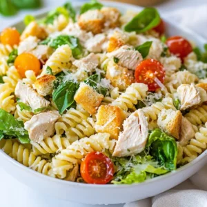 - 8 oz rotini pasta - 1 cup cooked chicken breast, diced into bite-sized pieces - 2 cups romaine lettuce, chopped into large pieces - 1/2 cup cherry tomatoes, halved - 1/4 cup freshly grated Parmesan cheese - 1/4 cup creamy Caesar dressing - 1/4 cup plain Greek yogurt - 1/4 tsp garlic powder - 1/4 tsp freshly ground black pepper - 1/4 tsp salt - Croutons, for a crunchy topping - Fresh basil leaves, for garnish (optional) To make this Chicken Caesar Pasta Salad, gather these simple ingredients. First, you need rotini pasta. This pasta shape holds the dressing well. Next, you'll want cooked chicken breast. Dice it into small pieces for easy eating. Romaine lettuce adds a nice crunch. Cherry tomatoes give a burst of flavor. For the creamy dressing, use Caesar dressing mixed with Greek yogurt. This combo makes it rich and healthy. Add garlic powder, black pepper, and salt for taste. Finally, croutons will give a delightful crunch on top. Fresh basil leaves can add a pop of color. With these ingredients on hand, you are ready to create a tasty and satisfying salad that everyone will love! {{ingredient_image_2}} To cook rotini pasta, start by bringing a large pot of water to a boil. Add a pinch of salt for flavor. Drop in 8 oz of rotini pasta. Cook it according to the package directions. You want it to be al dente, which means it should be firm but not hard. This usually takes about 8 to 10 minutes. Once the pasta is cooked, drain it in a colander. Rinse the pasta thoroughly under cold running water. This stops the cooking process and cools it down. Set the pasta aside to cool completely. In a large mixing bowl, combine the cooled rotini pasta with 1 cup of diced cooked chicken breast. Add 2 cups of chopped romaine lettuce and 1/2 cup of halved cherry tomatoes. Make sure to mix well so every bite has a bit of everything. Next, prepare the dressing. In a separate bowl, whisk together 1/4 cup of creamy Caesar dressing and 1/4 cup of plain Greek yogurt. This adds extra creaminess. Add 1/4 teaspoon of garlic powder, 1/4 teaspoon of black pepper, and 1/4 teaspoon of salt. Mix well until smooth. Drizzle the dressing mixture over the pasta salad. Use a spatula or a large spoon to gently fold all the ingredients together. Make sure every piece is coated in the creamy dressing. Now, sprinkle 1/4 cup of freshly grated Parmesan cheese over the salad. Mix gently to spread the cheese throughout. If you have time, let the salad rest in the refrigerator for about 15 minutes. This helps the flavors mix better. Just before serving, add a generous handful of croutons on top for crunch. You can also garnish with fresh basil leaves for a pop of color and flavor. Enjoy your tasty Chicken Caesar Pasta Salad! Letting your salad rest is key. Resting helps the flavors blend well. I recommend chilling it for about 15 minutes. This short wait makes a big difference. Use fresh ingredients for the best taste. Fresh romaine, juicy tomatoes, and high-quality chicken shine in this dish. They add crispness and brightness that dried or old ingredients can't match. For a lovely presentation, serve your salad in a big, bright bowl. This makes it look inviting and fresh. You can also plate individual servings for guests. Sprinkle extra Parmesan on top for a gourmet touch. A dash of cracked black pepper adds flavor and style. To brighten the dish, pair it with lemon wedges. The acidity of lemon cuts through the creaminess. It makes each bite more exciting and fresh. Pro Tips Tip Title: Cook Pasta Perfectly: Always cook the rotini pasta until al dente for the best texture in your salad. This helps prevent mushiness when mixed with the dressing. Tip Title: Chill for Flavor: Allowing the salad to rest in the refrigerator for about 15 minutes before serving helps the flavors meld together, enhancing the overall taste. Tip Title: Customize Your Greens: Feel free to mix in other greens like spinach or arugula for added flavor and nutrition. This can also add a different texture to your salad. Tip Title: Add a Protein Boost: For an extra protein boost, consider adding chickpeas or black beans to the salad. This will make it more filling and nutritious. {{image_4}} You can make Chicken Caesar Pasta Salad even better by adding extra ingredients. Try adding proteins like shrimp or bacon for a fun twist. - Shrimp: Cooked shrimp adds a lovely seafood taste. Just toss them in when you mix your salad. - Bacon: Crispy bacon bits bring a smoky flavor. Cook the bacon until crisp, then crumble it in. You can also add more vegetables for extra crunch and color. - Cucumbers: Diced cucumbers add a refreshing crunch. They pair well with the creamy dressing. - Bell Peppers: Chopped bell peppers bring sweetness and brightness. Use any color you like! These extra ingredients make your salad unique and delicious. You can choose different dressings to switch up the flavor. If you want to make homemade Caesar dressing, it&rsquo;s easy! - Homemade Caesar Dressing: Combine olive oil, lemon juice, garlic, and anchovy paste. Whisk until smooth for a fresh taste. If you want to try other dressings, consider these options: - Ranch Dressing: This creamy style is a crowd-pleaser. It pairs nicely with chicken and pasta. - Italian Dressing: This tangy option adds a zesty kick. It works well with fresh vegetables. Mixing up the dressing keeps your pasta salad exciting and full of flavor. To keep your Chicken Caesar Pasta Salad fresh, store it in an airtight container. This helps to lock in moisture and flavors. Place the container in the fridge. The salad stays good for about three days. After that, it may lose its taste and texture. If you like your pasta warm, you can reheat it. Use a microwave or stovetop for this. Just warm it gently to avoid overcooking. If you prefer to serve the salad cold, simply enjoy it straight from the fridge. The cool flavors are refreshing, especially on hot days. To make Chicken Caesar Pasta Salad gluten-free, swap the rotini pasta with gluten-free options. There are many types of gluten-free pasta available, like brown rice or quinoa pasta. Both work well in this dish. Just cook them as you would regular pasta. The salad will still taste great! Yes, you can use canned chicken instead of cooked chicken breast. Canned chicken is quick and easy. It saves time and adds protein to your salad. Just drain and rinse it before adding. This will help remove excess salt. Plus, canned chicken has a nice flavor that mixes well with the other ingredients. Yes, you can prepare Chicken Caesar Pasta Salad ahead of time. To do this, follow these best practices: - Cook the pasta and let it cool. - Mix all ingredients except for the dressing and croutons. - Store the salad in an airtight container in the fridge. - Add the dressing and croutons just before serving. This keeps everything fresh and crunchy! This blog post covers making Chicken Caesar Pasta Salad step by step. You learned the key ingredients and how to prepare them. The tips help enhance the salad&rsquo;s flavor and texture, while the variations offer new ideas. Storing leftovers properly keeps your salad fresh. For those with dietary needs, we explored gluten-free options and meal prepping. Enjoy creating this dish that&rsquo;s both tasty and easy to make!