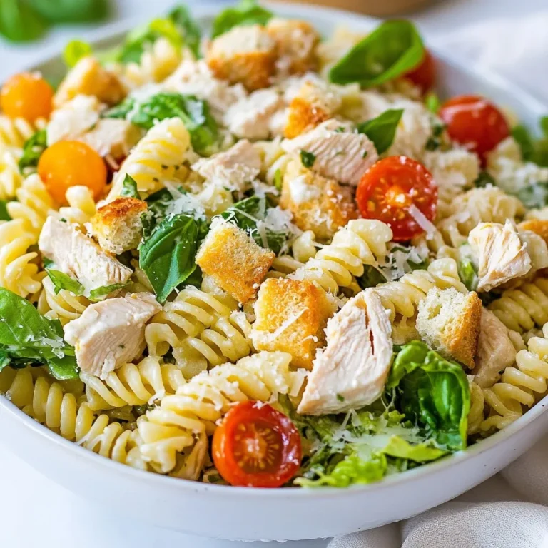 - 8 oz rotini pasta - 1 cup cooked chicken breast, diced into bite-sized pieces - 2 cups romaine lettuce, chopped into large pieces - 1/2 cup cherry tomatoes, halved - 1/4 cup freshly grated Parmesan cheese - 1/4 cup creamy Caesar dressing - 1/4 cup plain Greek yogurt - 1/4 tsp garlic powder - 1/4 tsp freshly ground black pepper - 1/4 tsp salt - Croutons, for a crunchy topping - Fresh basil leaves, for garnish (optional) To make this Chicken Caesar Pasta Salad, gather these simple ingredients. First, you need rotini pasta. This pasta shape holds the dressing well. Next, you'll want cooked chicken breast. Dice it into small pieces for easy eating. Romaine lettuce adds a nice crunch. Cherry tomatoes give a burst of flavor. For the creamy dressing, use Caesar dressing mixed with Greek yogurt. This combo makes it rich and healthy. Add garlic powder, black pepper, and salt for taste. Finally, croutons will give a delightful crunch on top. Fresh basil leaves can add a pop of color. With these ingredients on hand, you are ready to create a tasty and satisfying salad that everyone will love! {{ingredient_image_2}} To cook rotini pasta, start by bringing a large pot of water to a boil. Add a pinch of salt for flavor. Drop in 8 oz of rotini pasta. Cook it according to the package directions. You want it to be al dente, which means it should be firm but not hard. This usually takes about 8 to 10 minutes. Once the pasta is cooked, drain it in a colander. Rinse the pasta thoroughly under cold running water. This stops the cooking process and cools it down. Set the pasta aside to cool completely. In a large mixing bowl, combine the cooled rotini pasta with 1 cup of diced cooked chicken breast. Add 2 cups of chopped romaine lettuce and 1/2 cup of halved cherry tomatoes. Make sure to mix well so every bite has a bit of everything. Next, prepare the dressing. In a separate bowl, whisk together 1/4 cup of creamy Caesar dressing and 1/4 cup of plain Greek yogurt. This adds extra creaminess. Add 1/4 teaspoon of garlic powder, 1/4 teaspoon of black pepper, and 1/4 teaspoon of salt. Mix well until smooth. Drizzle the dressing mixture over the pasta salad. Use a spatula or a large spoon to gently fold all the ingredients together. Make sure every piece is coated in the creamy dressing. Now, sprinkle 1/4 cup of freshly grated Parmesan cheese over the salad. Mix gently to spread the cheese throughout. If you have time, let the salad rest in the refrigerator for about 15 minutes. This helps the flavors mix better. Just before serving, add a generous handful of croutons on top for crunch. You can also garnish with fresh basil leaves for a pop of color and flavor. Enjoy your tasty Chicken Caesar Pasta Salad! Letting your salad rest is key. Resting helps the flavors blend well. I recommend chilling it for about 15 minutes. This short wait makes a big difference. Use fresh ingredients for the best taste. Fresh romaine, juicy tomatoes, and high-quality chicken shine in this dish. They add crispness and brightness that dried or old ingredients can't match. For a lovely presentation, serve your salad in a big, bright bowl. This makes it look inviting and fresh. You can also plate individual servings for guests. Sprinkle extra Parmesan on top for a gourmet touch. A dash of cracked black pepper adds flavor and style. To brighten the dish, pair it with lemon wedges. The acidity of lemon cuts through the creaminess. It makes each bite more exciting and fresh. Pro Tips Tip Title: Cook Pasta Perfectly: Always cook the rotini pasta until al dente for the best texture in your salad. This helps prevent mushiness when mixed with the dressing. Tip Title: Chill for Flavor: Allowing the salad to rest in the refrigerator for about 15 minutes before serving helps the flavors meld together, enhancing the overall taste. Tip Title: Customize Your Greens: Feel free to mix in other greens like spinach or arugula for added flavor and nutrition. This can also add a different texture to your salad. Tip Title: Add a Protein Boost: For an extra protein boost, consider adding chickpeas or black beans to the salad. This will make it more filling and nutritious. {{image_4}} You can make Chicken Caesar Pasta Salad even better by adding extra ingredients. Try adding proteins like shrimp or bacon for a fun twist. - Shrimp: Cooked shrimp adds a lovely seafood taste. Just toss them in when you mix your salad. - Bacon: Crispy bacon bits bring a smoky flavor. Cook the bacon until crisp, then crumble it in. You can also add more vegetables for extra crunch and color. - Cucumbers: Diced cucumbers add a refreshing crunch. They pair well with the creamy dressing. - Bell Peppers: Chopped bell peppers bring sweetness and brightness. Use any color you like! These extra ingredients make your salad unique and delicious. You can choose different dressings to switch up the flavor. If you want to make homemade Caesar dressing, it’s easy! - Homemade Caesar Dressing: Combine olive oil, lemon juice, garlic, and anchovy paste. Whisk until smooth for a fresh taste. If you want to try other dressings, consider these options: - Ranch Dressing: This creamy style is a crowd-pleaser. It pairs nicely with chicken and pasta. - Italian Dressing: This tangy option adds a zesty kick. It works well with fresh vegetables. Mixing up the dressing keeps your pasta salad exciting and full of flavor. To keep your Chicken Caesar Pasta Salad fresh, store it in an airtight container. This helps to lock in moisture and flavors. Place the container in the fridge. The salad stays good for about three days. After that, it may lose its taste and texture. If you like your pasta warm, you can reheat it. Use a microwave or stovetop for this. Just warm it gently to avoid overcooking. If you prefer to serve the salad cold, simply enjoy it straight from the fridge. The cool flavors are refreshing, especially on hot days. To make Chicken Caesar Pasta Salad gluten-free, swap the rotini pasta with gluten-free options. There are many types of gluten-free pasta available, like brown rice or quinoa pasta. Both work well in this dish. Just cook them as you would regular pasta. The salad will still taste great! Yes, you can use canned chicken instead of cooked chicken breast. Canned chicken is quick and easy. It saves time and adds protein to your salad. Just drain and rinse it before adding. This will help remove excess salt. Plus, canned chicken has a nice flavor that mixes well with the other ingredients. Yes, you can prepare Chicken Caesar Pasta Salad ahead of time. To do this, follow these best practices: - Cook the pasta and let it cool. - Mix all ingredients except for the dressing and croutons. - Store the salad in an airtight container in the fridge. - Add the dressing and croutons just before serving. This keeps everything fresh and crunchy! This blog post covers making Chicken Caesar Pasta Salad step by step. You learned the key ingredients and how to prepare them. The tips help enhance the salad’s flavor and texture, while the variations offer new ideas. Storing leftovers properly keeps your salad fresh. For those with dietary needs, we explored gluten-free options and meal prepping. Enjoy creating this dish that’s both tasty and easy to make!