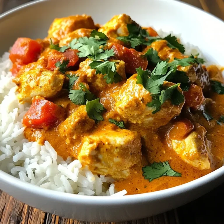 To make a delicious slow cooker chicken tikka masala, gather these key ingredients: - 1.5 lbs boneless, skinless chicken thighs, cut into bite-sized chunks - 1 cup plain yogurt, preferably Greek for thickness - 2 tablespoons vegetable oil - 2 medium onions, finely chopped - 4 cloves garlic, minced - 1 tablespoon fresh ginger, grated - 2 tablespoons garam masala spice blend - 1 tablespoon ground cumin - 1 tablespoon ground coriander - 1 teaspoon turmeric powder - 1 teaspoon red chili powder (adjust according to desired spice level) - 1 can (14 oz) crushed tomatoes - 1 cup coconut milk - Salt and pepper, to taste - Fresh cilantro leaves, chopped (for garnish) These ingredients work together to create a rich and flavorful dish. The chicken thighs give great taste and stay juicy during cooking. For marinating, Greek yogurt is best. It is thick and creamy. It clings well to the chicken. This helps infuse flavors into the meat. If you can't find Greek yogurt, you can use regular plain yogurt. Just make sure it is unsweetened. The yogurt helps to tenderize the chicken and adds a nice tangy taste. The spice blend is what makes this dish special. Garam masala is a key ingredient. It adds warmth and depth. Ground cumin and ground coriander bring earthiness. Turmeric gives a beautiful color and subtle flavor. Red chili powder adds heat, but you can adjust this to your taste. Use these spices to create a rich, aromatic experience that will delight your senses. Each spice plays a role in building layers of flavor. {{ingredient_image_2}} To make a great marinade, start with a medium bowl. Whisk together 1 cup of plain yogurt, 4 cloves of minced garlic, and 1 tablespoon of grated ginger. Next, add 2 tablespoons of garam masala, 1 tablespoon of ground cumin, and 1 tablespoon of ground coriander. Include 1 teaspoon of turmeric and 1 teaspoon of red chili powder. Add a good pinch of salt and pepper. Mix until smooth. Cut 1.5 pounds of boneless, skinless chicken thighs into bite-sized chunks. Add the chicken to the bowl. Ensure every piece is coated in the marinade. Cover the bowl and refrigerate for at least 30 minutes, or overnight for more flavor. In a large skillet, heat 2 tablespoons of vegetable oil over medium heat. Add 2 finely chopped medium onions. Sauté, stirring often, until the onions turn golden brown, about 5 to 7 minutes. This step is key for deep flavor. Gold-colored onions bring sweetness and richness to the dish. Once done, transfer the onions to the slow cooker. Add the marinated chicken to the slow cooker along with the yogurt marinade. Pour in 1 can of crushed tomatoes and 1 cup of coconut milk. Stir gently to mix everything. Cover the slow cooker with its lid. Cook on low for 6 to 8 hours or on high for 3 to 4 hours. The chicken will be tender and full of spices. After cooking, taste the tikka masala. Adjust seasoning with salt or more chili powder if you like it spicy. Before serving, sprinkle chopped cilantro on top for fresh flavor. To get the best flavor in your slow cooker chicken tikka masala, focus on the marinade. Start with plain yogurt. I recommend Greek yogurt for its thickness. Mix it well with garlic, ginger, and spices. The garam masala is key here. It adds warmth and depth. Let the chicken soak in this mixture for at least 30 minutes. For even better taste, marinate overnight. This gives the spices time to blend into the meat. Spice levels can vary by taste. The red chili powder in the recipe is adjustable. If you like it mild, use less. For a kick, add more. You can also serve extra chili on the side for daring eaters. Just remember, a little spice goes a long way. Taste as you cook. This way, you can find the right heat for you and your guests. Marinating is not just about flavor. It also makes the chicken tender. The yogurt breaks down proteins, giving you juicy bites. If you marinate for a few hours, you will notice a difference. If time allows, let it sit overnight. You will get a richer flavor and a tastier meal. Trust me, your patience will pay off in every bite. Pro Tips Marination Time: For the best flavor, marinate the chicken overnight. This allows the spices to penetrate deeply, resulting in more tender and flavorful meat. Onion Sautéing: Don’t rush the caramelization of the onions. Taking the time to sauté them until golden brown adds a rich, sweet flavor to your dish. Spice Level Adjustment: Feel free to adjust the amount of red chili powder according to your spice tolerance. Start with less if you're unsure, and add more at the end if needed. Coconut Milk Creaminess: For a creamier sauce, use full-fat coconut milk. It enhances the richness of the dish and balances the spices beautifully. {{image_4}} You can make this dish vegetarian by swapping chicken with veggies. Try using chickpeas, cauliflower, or potatoes. These options soak up the spices well. They also add nice textures. For an even creamier dish, use extra coconut milk. If you prefer chicken breast, it works great too. Just be careful not to overcook it. You can also use paneer, a cheese popular in Indian food. Paneer adds a rich, creamy element. It holds its shape well in the slow cooker. Feel free to change the spice levels to fit your taste. If you like it hot, add more chili powder. For a milder flavor, reduce the chili powder or skip it. You can also add extra spices like cinnamon or cardamom for a unique twist. Just remember to taste as you go! To store leftover chicken tikka masala, let it cool first. Once cool, place it in a container with a lid. Make sure to keep it in the fridge. It will stay fresh for about 3 to 4 days. Always check for signs of spoilage before eating. You can freeze chicken tikka masala for longer storage. Use an airtight container or a sealable freezer bag. It can last up to 3 months in the freezer. To reheat, thaw it in the fridge overnight. You can heat it on the stove or in the microwave. Stir it well and heat until hot all through. When storing your chicken tikka masala, choose glass or BPA-free plastic containers. These materials help keep the food fresh. Make sure they have tight-fitting lids to prevent spills. For freezing, use heavy-duty freezer bags. This keeps air out and protects against freezer burn. Yes, you can use chicken breasts. They will cook well, but they may dry out more. Chicken thighs are juicier and more tender. If you choose breasts, check for doneness earlier. Cut them into small chunks for even cooking. Adjust cooking time as needed. To make this dish gluten-free, ensure all spices and yogurt are certified gluten-free. Most spices are safe, but check labels. Also, serve with gluten-free rice or naan. This way, you can enjoy the flavors without gluten. I love serving Chicken Tikka Masala with fluffy basmati rice or warm naan. You can also add cucumber raita for a fresh taste. A side salad adds crunch and color. All these sides balance the rich, spicy flavors beautifully. Yes, you can make this in a pressure cooker. Cook on high pressure for about 10-15 minutes. Use the sauté function for onions before adding other ingredients. This keeps the flavors deep and rich. To thicken the sauce, you can add a cornstarch slurry. Mix one tablespoon of cornstarch with two tablespoons of water. Stir it into the sauce and cook for a few minutes. You can also let it simmer with the lid off to reduce the liquid. In this article, we covered key ingredients for making chicken tikka masala, including the best yogurt and spice blends. I shared step-by-step instructions to guide you through marinade prep, sautéing, and slow cooking. We also discussed tips to boost flavor, adjust spices, and variations for vegetarian options. Finally, I provided storage tips for leftovers and addressed common questions. If you follow these steps, you’ll create a delicious dish that satisfies your taste buds. Enjoy your cooking adventure!