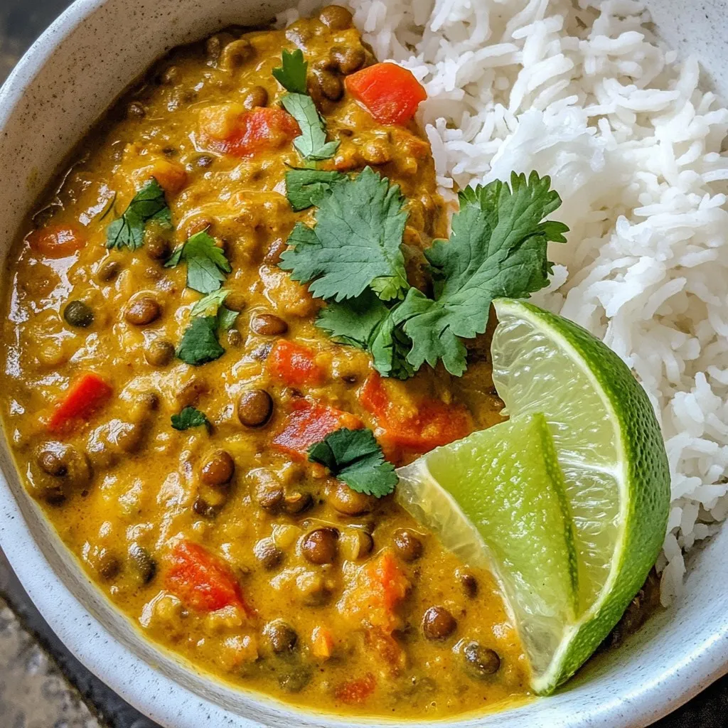 To make a tasty creamy coconut lentil curry, gather these key items: - 1 cup green or brown lentils, thoroughly rinsed - 1 can (400ml) of rich coconut milk - 1 medium onion, finely chopped - 3 cloves garlic, minced - 1-inch piece of fresh ginger, grated - 1 medium carrot, diced into small pieces - 1 vibrant red bell pepper, chopped - 2 tablespoons fragrant curry powder - 1 teaspoon ground turmeric - 1 tablespoon extra virgin olive oil - 2 cups vegetable broth (homemade or store-bought) - Salt and pepper, to taste You can add more depth to your curry with these optional ingredients: - 1 tablespoon of soy sauce for a saltier taste - 1 teaspoon of chili flakes for heat - 1 tablespoon of brown sugar for sweetness - 1 cup of spinach or kale for added greens Garnishing enhances the dish's look and taste. Try these options: - Fresh cilantro leaves, chopped - Juice of 1 juicy lime - Lime wedges for serving - A sprinkle of sesame seeds for crunch {{ingredient_image_2}} To start, gather your ingredients. You will need: - 1 cup green or brown lentils, thoroughly rinsed - 1 can (400ml) of rich coconut milk - 1 medium onion, finely chopped - 3 cloves garlic, minced - 1-inch piece of fresh ginger, grated - 1 medium carrot, diced into small pieces - 1 vibrant red bell pepper, chopped - 2 tablespoons fragrant curry powder - 1 teaspoon ground turmeric - 1 tablespoon extra virgin olive oil - 2 cups vegetable broth (homemade or store-bought) - Salt and pepper, to taste - Fresh cilantro leaves, chopped, for garnish - Juice of 1 juicy lime Once you have everything ready, wash the lentils. This step helps to remove dirt. First, heat the olive oil in a large pot over medium heat. When the oil shimmers, add the chopped onion. Sauté the onion for about 5 minutes. It should turn soft and translucent. Next, add the minced garlic and grated ginger. Cook for another 1-2 minutes. This will fill your kitchen with a lovely smell. Now, add the diced carrot and chopped red bell pepper. Sauté these for 3-4 minutes. You want the vegetables to soften and brighten. Then, sprinkle the curry powder and ground turmeric over the mix. Stir well to coat the vegetables. Let them toast for 1-2 minutes. This brings out the spices' flavors. Next, add the rinsed lentils to the pot. Pour in the vegetable broth and the rich coconut milk. Stir to combine. Make sure the lentils are well covered in the liquid. Raise the heat until it reaches a gentle boil. Once boiling, reduce the heat to low. Cover the pot and let it simmer for about 25-30 minutes. Stir occasionally. If the curry gets too thick, add more broth or water. You want the lentils to be tender. After cooking, season the curry with salt and pepper to taste. Squeeze in the lime juice and stir well. This adds a refreshing twist. Before serving, top with chopped cilantro for a burst of flavor and color. Enjoy your creamy coconut lentil curry! To get that rich creaminess in your curry, use full-fat coconut milk. This gives the dish a smooth and luscious texture. Stir the coconut milk in well before simmering. If you want it creamier, add a bit more coconut milk or blend some of the curry. This makes it thick and rich. One common mistake is not rinsing the lentils. Rinsing removes dirt and helps them cook better. Another mistake is cooking the curry too fast. Always simmer on low heat. This helps the flavors meld well. Lastly, don’t skip the lime juice. It brightens the dish and adds a fresh flavor. If you like heat, add more curry powder or a pinch of cayenne. Start with a small amount and taste as you go. For a milder flavor, use less curry powder. You can also add a dash of coconut sugar to balance the spices. This adds depth without making it too sweet. Adjust spices to your taste for the best results. Pro Tips Soaking Lentils: For creamier texture, soak the lentils in water for at least 30 minutes before cooking. This reduces cooking time and enhances their creaminess. Customize Spice Level: Adjust the amount of curry powder and turmeric according to your preferred spice level. Adding a pinch of cayenne can add a nice kick! Vegetable Variations: Feel free to add other vegetables like spinach, peas, or sweet potatoes for additional nutrients and color. Storage Tips: This curry stores well in the refrigerator for up to 4 days. Reheat gently on the stove and add a splash of broth for a creamy consistency. {{image_4}} You can easily add protein to your creamy coconut lentil curry. Tofu is a great choice. Just cut it into cubes, then sauté until golden. This adds texture and a nice flavor. If you prefer meat, chicken works well too. Dice it and cook it with the onions. Shrimp is another tasty option. Add it in during the last few minutes of cooking. This way, the shrimp cooks just right. Each protein option boosts flavor and makes your dish heartier. Seasonal veggies can change the flavor of your curry. In spring, try adding peas or asparagus. They bring a fresh taste. Summer calls for zucchini or corn, which sweeten the dish. In fall, use butternut squash or sweet potatoes for warmth. Winter vegetables like kale or spinach add color and nutrition. Feel free to mix and match based on what you find at the market. This keeps your curry exciting and helps you use fresh produce. This recipe is already vegan and gluten-free, making it great for many diets. The coconut milk and lentils provide richness without any animal products. If you want to ensure it's gluten-free, just check your curry powder. Most are safe, but some brands may add gluten. You can enjoy this dish with confidence, knowing it fits different dietary needs. Plus, it’s a tasty option for gatherings and meal prep. To keep your creamy coconut lentil curry fresh, store leftovers in an airtight container. Make sure the curry has cooled down before sealing it. This way, it stays tasty for up to four days in the fridge. If you need more space, divide it into smaller portions. This helps when you want to enjoy a quick meal later. When you’re ready to enjoy your curry again, reheat it gently. You can use the stovetop or microwave. If using the stovetop, place the curry in a pot over low heat. Stir it often to avoid burning. If using a microwave, heat in short intervals. Stir between each interval to heat evenly. Add a splash of broth or water if it seems too thick. You can freeze this delicious curry for up to three months. Just let it cool completely before transferring it to a freezer-safe container. Leave some space at the top for expansion. When you're ready to eat, thaw it in the fridge overnight. Reheat it as mentioned above for a quick meal. I recommend using green or brown lentils. They hold their shape well during cooking. Red lentils cook faster but tend to become mushy. If you want a firmer texture, stick to green or brown. Yes, you can use a slow cooker! Sauté the onion, garlic, and ginger in a pan first. Then, add everything to the slow cooker. Cook on low for 6-8 hours or on high for 3-4 hours. This makes the flavors blend nicely. To spice things up, add red pepper flakes or chopped fresh chili peppers. You can also increase the curry powder or add a splash of hot sauce. Start small, taste, and adjust as needed for your spice level. This dish pairs well with fluffy rice or warm naan. You can also serve it with a side salad for freshness. A dollop of yogurt adds creaminess and balances the spice. Enjoy it with lime wedges for extra zest! In this article, we covered how to create a creamy coconut lentil curry. We looked at key ingredients, step-by-step instructions, and tips for the best results. You learned about variations to make it your own and how to store leftovers. Remember, cooking should be fun and flexible. Don't hesitate to try new flavors or ingredients. Enjoy making this dish and sharing it with others. Your curry can be a hit in any kitchen!