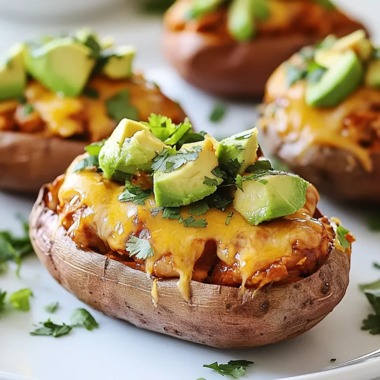 To make BBQ chicken stuffed sweet potatoes, gather the following ingredients: - 4 medium-sized sweet potatoes - 2 cups cooked, shredded chicken - 1/2 cup BBQ sauce - 1/2 cup corn - 1/2 cup black beans - 1/2 cup cheddar cheese - 1/4 cup red onion - 1 avocado - Fresh cilantro - Salt and pepper - Olive oil These ingredients offer a great mix of flavors and textures. Sweet potatoes give a soft, sweet base, while the BBQ chicken adds a savory kick. The corn and black beans provide crunch and protein. Cheese brings creaminess, and avocado adds freshness. Using fresh cilantro at the end brightens the dish. You can customize the ingredients to fit your taste or dietary needs. {{ingredient_image_2}} 1. Preheating the oven: Start by preheating your oven to 400°F (200°C). This ensures even baking for your sweet potatoes. 2. Washing and piercing sweet potatoes: Next, wash the sweet potatoes under running water. Scrub them well to remove dirt. Pat them dry with a paper towel. Use a fork to pierce each potato several times. This helps steam escape while they bake. 3. Drizzling with olive oil and seasoning: Place the sweet potatoes on a baking sheet lined with parchment paper. Drizzle a bit of olive oil on each one. Sprinkle some salt over the tops to bring out their flavor. 1. Baking time and temperature guidelines: Put the sweet potatoes in your preheated oven. Bake them for 45-50 minutes. This will cook them through and make them tender. 2. Signs of doneness: You know they are done when a fork goes in easily. The flesh should feel soft, indicating they are ready for stuffing. 1. Combining chicken, BBQ sauce, and vegetables: While the potatoes bake, mix your filling. In a bowl, combine the cooked, shredded chicken, BBQ sauce, corn, black beans, and chopped red onion. 2. Seasoning and mixing the filling: Add salt and pepper to taste. Stir everything well so all the ingredients blend together nicely. 1. Making a slit and opening up the potatoes: Once the sweet potatoes are cool, take them out of the oven. Make a lengthwise slit on top of each potato. Be careful not to cut all the way through. 2. Filling with the BBQ chicken mixture: Gently squeeze the sides of each potato to open them up. Now, fill each one generously with the BBQ chicken mixture. Make sure to distribute the filling evenly. 1. Adding cheese and baking time: Sprinkle the shredded cheddar cheese on top of each stuffed sweet potato. Return them to the oven for another 10 minutes. This melts the cheese and makes it bubbly. 2. Achieving a bubbly texture: When you see the cheese bubbling and slightly golden, they are done. Take them out and let them cool slightly before serving. Enjoy the delightful flavors! - For the best taste, I recommend using BBQ sauces like Sweet Baby Ray's or Stubbs. They offer great balance and sweetness. - Always taste your mixture. Add salt and pepper to enhance the flavors. A little goes a long way. - To avoid undercooking, check your sweet potatoes after 45 minutes. They should feel soft. - Overcooked sweet potatoes can be mushy. Aim for a balance where they are tender but not falling apart. - Garnish with fresh cilantro for a pop of color. A sprinkle looks great! - Add lime wedges on the side for a vibrant display. They offer a fresh burst when squeezed over the dish. - Serve on a colorful platter to make the dish stand out. The bright colors of the sweet potatoes and toppings will catch anyone's eye. Pro Tips Choose the Right Sweet Potatoes: Look for firm, smooth sweet potatoes without blemishes to ensure you have the best flavor and texture. Make It Spicy: Add a dash of cayenne pepper or some sliced jalapeños to the BBQ chicken mixture for an extra kick of heat! Experiment with Toppings: Try adding other toppings like sour cream, diced tomatoes, or even a sprinkle of crushed tortilla chips for added texture and flavor. Meal Prep Friendly: You can prepare the sweet potatoes and BBQ chicken mixture in advance and store them separately in the fridge for a quick meal during the week! {{image_4}} You can switch out the chicken for pulled pork or tofu. Both options add unique flavors. Pulled pork gives a smoky taste. Tofu provides a great plant-based alternative. If you use tofu, try marinating it in BBQ sauce. This will enhance the flavor. To make these stuffed sweet potatoes gluten-free, use a gluten-free BBQ sauce. For a vegan version, simply use tofu and skip the cheese. You can also explore different cheese types like pepper jack or vegan cheese. Each cheese will add its own special twist to the dish. Want to spice things up? Add cayenne or paprika to the chicken mix. You can also try different BBQ sauces. A spicy sauce will give a kick. A sweet sauce will balance well with the sweet potatoes. Feel free to experiment with flavors! To preserve sweet potatoes, store them in a cool, dark place. Keep them in a breathable bag or basket. Avoid plastic bags, as they trap moisture and can cause rot. Check them often for any signs of spoilage. If you see spots or soft areas, use those potatoes quickly or discard them. After cooking, let the stuffed sweet potatoes cool completely. Place them in an airtight container. You can store them in the fridge for up to four days. To reheat, place them in the microwave or oven. If using the oven, cover them with foil to keep them moist. Heat until warm throughout. Freezing stuffed sweet potatoes is easy for meal prep. Wrap each potato tightly in plastic wrap or foil. Then, place them in a freezer-safe bag. They can last up to three months in the freezer. When ready to eat, thaw them in the fridge overnight. Reheat in the oven or microwave. Enjoy your delicious meal even when time is short! You should bake the sweet potatoes for about 45 to 50 minutes. They are done when they feel soft. You can check by poking them with a fork. If the fork goes in easily, they are ready. Yes, you can use canned chicken. It saves time and is easy to use. Just drain and rinse the chicken first. This way, you remove extra salt. You can also use rotisserie chicken for more flavor. These stuffed sweet potatoes taste great with many sides. Try a fresh salad for a crisp bite. Corn on the cob pairs well too. You can also serve coleslaw for a crunchy texture. Yes, you can prepare the filling ahead. Just store it in the fridge. When you're ready, bake the sweet potatoes. Then stuff them and bake again. This makes for a quick and easy meal. These BBQ chicken stuffed sweet potatoes are easy to make and delicious. We covered everything from choosing fresh ingredients to storing leftovers. You learned how to prep, bake, and fill sweet potatoes for the best flavor. Remember to adjust the recipe to fit your diet or taste. With simple tips, you can make a dish that impresses everyone. Enjoy creating this meal for family and friends!