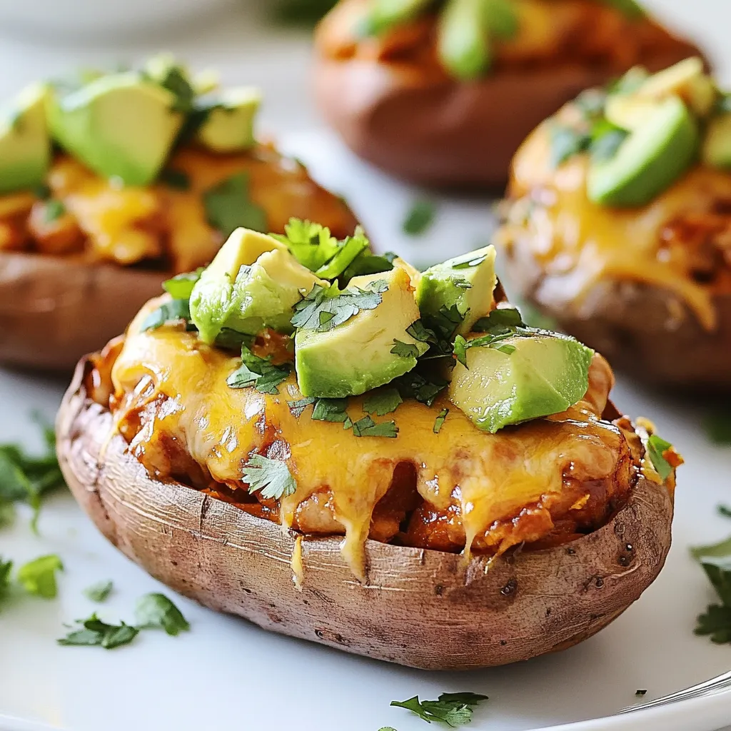 To make BBQ chicken stuffed sweet potatoes, gather the following ingredients: - 4 medium-sized sweet potatoes - 2 cups cooked, shredded chicken - 1/2 cup BBQ sauce - 1/2 cup corn - 1/2 cup black beans - 1/2 cup cheddar cheese - 1/4 cup red onion - 1 avocado - Fresh cilantro - Salt and pepper - Olive oil These ingredients offer a great mix of flavors and textures. Sweet potatoes give a soft, sweet base, while the BBQ chicken adds a savory kick. The corn and black beans provide crunch and protein. Cheese brings creaminess, and avocado adds freshness. Using fresh cilantro at the end brightens the dish. You can customize the ingredients to fit your taste or dietary needs. {{ingredient_image_2}} 1. Preheating the oven: Start by preheating your oven to 400°F (200°C). This ensures even baking for your sweet potatoes. 2. Washing and piercing sweet potatoes: Next, wash the sweet potatoes under running water. Scrub them well to remove dirt. Pat them dry with a paper towel. Use a fork to pierce each potato several times. This helps steam escape while they bake. 3. Drizzling with olive oil and seasoning: Place the sweet potatoes on a baking sheet lined with parchment paper. Drizzle a bit of olive oil on each one. Sprinkle some salt over the tops to bring out their flavor. 1. Baking time and temperature guidelines: Put the sweet potatoes in your preheated oven. Bake them for 45-50 minutes. This will cook them through and make them tender. 2. Signs of doneness: You know they are done when a fork goes in easily. The flesh should feel soft, indicating they are ready for stuffing. 1. Combining chicken, BBQ sauce, and vegetables: While the potatoes bake, mix your filling. In a bowl, combine the cooked, shredded chicken, BBQ sauce, corn, black beans, and chopped red onion. 2. Seasoning and mixing the filling: Add salt and pepper to taste. Stir everything well so all the ingredients blend together nicely. 1. Making a slit and opening up the potatoes: Once the sweet potatoes are cool, take them out of the oven. Make a lengthwise slit on top of each potato. Be careful not to cut all the way through. 2. Filling with the BBQ chicken mixture: Gently squeeze the sides of each potato to open them up. Now, fill each one generously with the BBQ chicken mixture. Make sure to distribute the filling evenly. 1. Adding cheese and baking time: Sprinkle the shredded cheddar cheese on top of each stuffed sweet potato. Return them to the oven for another 10 minutes. This melts the cheese and makes it bubbly. 2. Achieving a bubbly texture: When you see the cheese bubbling and slightly golden, they are done. Take them out and let them cool slightly before serving. Enjoy the delightful flavors! - For the best taste, I recommend using BBQ sauces like Sweet Baby Ray's or Stubbs. They offer great balance and sweetness. - Always taste your mixture. Add salt and pepper to enhance the flavors. A little goes a long way. - To avoid undercooking, check your sweet potatoes after 45 minutes. They should feel soft. - Overcooked sweet potatoes can be mushy. Aim for a balance where they are tender but not falling apart. - Garnish with fresh cilantro for a pop of color. A sprinkle looks great! - Add lime wedges on the side for a vibrant display. They offer a fresh burst when squeezed over the dish. - Serve on a colorful platter to make the dish stand out. The bright colors of the sweet potatoes and toppings will catch anyone's eye. Pro Tips Choose the Right Sweet Potatoes: Look for firm, smooth sweet potatoes without blemishes to ensure you have the best flavor and texture. Make It Spicy: Add a dash of cayenne pepper or some sliced jalapeños to the BBQ chicken mixture for an extra kick of heat! Experiment with Toppings: Try adding other toppings like sour cream, diced tomatoes, or even a sprinkle of crushed tortilla chips for added texture and flavor. Meal Prep Friendly: You can prepare the sweet potatoes and BBQ chicken mixture in advance and store them separately in the fridge for a quick meal during the week! {{image_4}} You can switch out the chicken for pulled pork or tofu. Both options add unique flavors. Pulled pork gives a smoky taste. Tofu provides a great plant-based alternative. If you use tofu, try marinating it in BBQ sauce. This will enhance the flavor. To make these stuffed sweet potatoes gluten-free, use a gluten-free BBQ sauce. For a vegan version, simply use tofu and skip the cheese. You can also explore different cheese types like pepper jack or vegan cheese. Each cheese will add its own special twist to the dish. Want to spice things up? Add cayenne or paprika to the chicken mix. You can also try different BBQ sauces. A spicy sauce will give a kick. A sweet sauce will balance well with the sweet potatoes. Feel free to experiment with flavors! To preserve sweet potatoes, store them in a cool, dark place. Keep them in a breathable bag or basket. Avoid plastic bags, as they trap moisture and can cause rot. Check them often for any signs of spoilage. If you see spots or soft areas, use those potatoes quickly or discard them. After cooking, let the stuffed sweet potatoes cool completely. Place them in an airtight container. You can store them in the fridge for up to four days. To reheat, place them in the microwave or oven. If using the oven, cover them with foil to keep them moist. Heat until warm throughout. Freezing stuffed sweet potatoes is easy for meal prep. Wrap each potato tightly in plastic wrap or foil. Then, place them in a freezer-safe bag. They can last up to three months in the freezer. When ready to eat, thaw them in the fridge overnight. Reheat in the oven or microwave. Enjoy your delicious meal even when time is short! You should bake the sweet potatoes for about 45 to 50 minutes. They are done when they feel soft. You can check by poking them with a fork. If the fork goes in easily, they are ready. Yes, you can use canned chicken. It saves time and is easy to use. Just drain and rinse the chicken first. This way, you remove extra salt. You can also use rotisserie chicken for more flavor. These stuffed sweet potatoes taste great with many sides. Try a fresh salad for a crisp bite. Corn on the cob pairs well too. You can also serve coleslaw for a crunchy texture. Yes, you can prepare the filling ahead. Just store it in the fridge. When you're ready, bake the sweet potatoes. Then stuff them and bake again. This makes for a quick and easy meal. These BBQ chicken stuffed sweet potatoes are easy to make and delicious. We covered everything from choosing fresh ingredients to storing leftovers. You learned how to prep, bake, and fill sweet potatoes for the best flavor. Remember to adjust the recipe to fit your diet or taste. With simple tips, you can make a dish that impresses everyone. Enjoy creating this meal for family and friends!