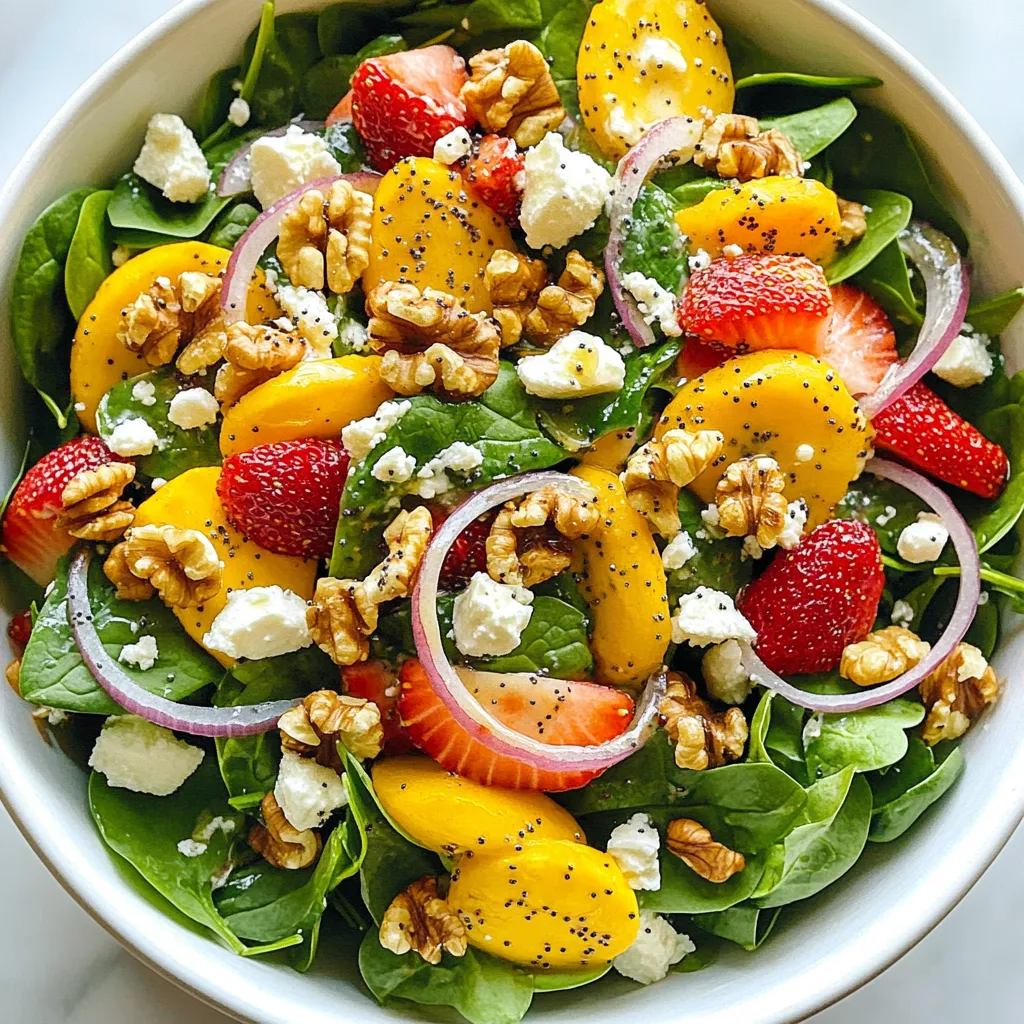 - 4 cups fresh baby spinach, thoroughly washed and dried - 2 cups ripe strawberries, hulled and thinly sliced - 1/2 cup walnuts, gently toasted until fragrant - 1/4 cup feta cheese, crumbled into small pieces - 1/4 cup red onion, finely sliced - 1/4 cup extra virgin olive oil - 2 tablespoons apple cider vinegar - 1 tablespoon honey for sweetness - 1 teaspoon poppy seeds for added crunch - Salt and freshly cracked black pepper to taste This salad serves four people. Each serving has about: - Calories: 220 - Protein: 5g - Carbohydrates: 14g - Fat: 18g - Fiber: 3g - Sugar: 6g - Spinach is rich in vitamins A and C. It helps with eye health and boosts immunity. - Strawberries are high in antioxidants. They support heart health and can lower blood pressure. - Walnuts add healthy fats and protein. They are good for brain health and reduce inflammation. - Feta cheese provides calcium and protein. It helps strengthen bones and supports muscle health. - Red onion contains quercetin. This can help reduce inflammation and improve heart health. - Olive oil is loaded with healthy fats. It can lower bad cholesterol and reduce the risk of heart disease. - Apple cider vinegar aids digestion and can help manage blood sugar levels. - Honey adds natural sweetness. It has antioxidants and can soothe sore throats. - Poppy seeds offer minerals like calcium and magnesium. They help with bone health and muscle function. Each ingredient adds not only flavor but also health benefits. Enjoying this salad is a delicious way to nourish your body! {{ingredient_image_2}} First, gather all your ingredients. You need fresh baby spinach, ripe strawberries, walnuts, feta cheese, and red onion. Make sure to wash and dry the spinach well. This keeps the salad crisp. Hull and slice the strawberries thinly. Toast the walnuts until they smell nice. This brings out their flavor. Finally, crumble the feta cheese and slice the red onion finely. In a large mixing bowl, add the dry spinach. Next, layer the sliced strawberries, toasted walnuts, crumbled feta, and red onion on top. This creates a nice, colorful presentation. Make sure everything is spread out evenly. This way, every bite gets a mix of flavors. For the dressing, take a small bowl. Combine olive oil, apple cider vinegar, honey, and poppy seeds in it. Add a pinch of salt and black pepper. Whisk this mixture well until it looks smooth and blended. This dressing adds a sweet and tangy taste to the salad. Once done, drizzle it over the salad ingredients in the big bowl. Toss gently to mix everything without breaking the spinach leaves. Taste the salad and adjust the seasoning if needed. Enjoy this fresh and tasty dish right away! To keep your salad fresh, wash the spinach just before you use it. Dry it well to avoid sogginess. Store any leftovers in an airtight container. This helps maintain crispness. Choose ripe strawberries that are bright red and firm. They add the best flavor and color. You can prepare the salad a few hours in advance. Just keep the dressing separate until serving. This keeps the spinach from wilting. You can slice the strawberries and chop the onion ahead too. Just store them in the fridge in separate containers. Add a squeeze of fresh lemon juice for a zesty kick. You can also mix in some fresh herbs. Mint or basil works well. These herbs add a nice twist to the classic flavor. For a bit of spice, sprinkle some red pepper flakes on top. This adds warmth and depth to your salad. Pro Tips Use Fresh Ingredients: Always opt for the freshest strawberries and spinach to enhance the flavor and texture of your salad. Toast the Walnuts: Toasting the walnuts not only brings out their natural oils but also adds a delightful crunch and nutty flavor to the salad. Balance the Dressing: Taste the dressing before adding it to the salad. Adjust the sweetness with more honey or acidity with extra vinegar to suit your preference. Serve Immediately: For the best experience, serve the salad right after tossing to preserve the freshness and crunch of the ingredients. {{image_4}} You can change some ingredients if needed. Use baby kale instead of spinach. Arugula adds a spicy kick. If you don't have walnuts, try pecans or almonds. For cheese, goat cheese works well too. You can skip the cheese for a dairy-free option. Want to make it a full meal? Add grilled chicken or shrimp for protein. Chickpeas are a great plant-based choice. You can also use hard-boiled eggs for extra richness. Each option makes the salad heartier and more filling. You can change this salad with the seasons. In summer, add peaches or blueberries. Fall calls for apples and pecans. In winter, try citrus fruits for zing. Each season gives a new twist, keeping it fresh and exciting. Store any leftover salad in an airtight container. This keeps it fresh. To avoid sogginess, add dressing only to the portion you plan to eat. The salad holds well for one day in the fridge. After that, the spinach may wilt. This salad is best served cold. You don't need to reheat it. If you stored it, just take it out and toss it gently. This brings back the fresh look. If you prefer it warm, try briefly warming the walnuts. Add them back to the salad for a nice twist. To keep spinach fresh, wash it and dry it well. Store it in a container with a paper towel. This absorbs moisture and keeps it crisp. For strawberries, keep them in their original packaging. You can also use a breathable container. Avoid washing them until you are ready to eat. This helps them stay fresh longer. Yes, you can use frozen strawberries. However, they may lose some texture. Thaw them first and drain extra moisture. This keeps your salad fresh and crisp. Fresh strawberries taste better, but frozen may work in a pinch. If you want to replace feta cheese, try goat cheese or ricotta. Both have a creamy texture. You can also use crumbled tofu for a dairy-free option. Each choice brings a different flavor to the salad. The poppyseed dressing can last up to one week in the fridge. Make sure to store it in an airtight container. Always give it a quick shake or stir before using it to mix any separated ingredients. This blog post covered important details for making a delicious salad. We looked at the best ingredients, their health benefits, and how to prepare them. You learned how to mix your salad and make a tasty poppyseed dressing. I shared tips on storing leftovers and enhancing flavors. Plus, you discovered variations for extra fun! Remember to choose fresh ingredients and enjoy your salad with your own twists. Happy cooking!