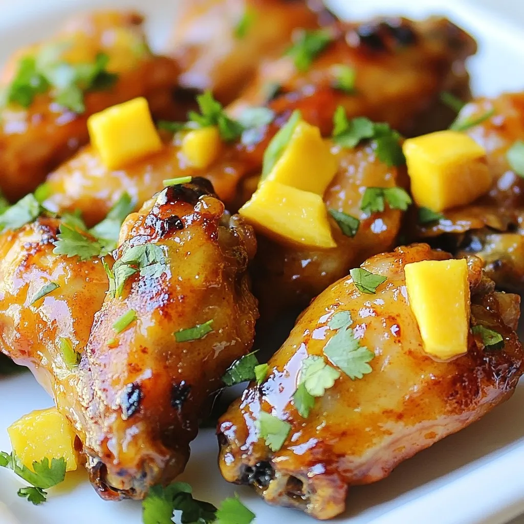 - 2 lbs chicken wings - 1 ripe mango, peeled and diced - 2-3 habanero peppers, finely minced - 1/4 cup honey - 2 tablespoons fresh lime juice - 2 cloves garlic, finely minced - 1 tablespoon soy sauce - 1 teaspoon smoked paprika - 1 teaspoon ground cumin - Salt and pepper to taste - Fresh cilantro for garnish The ingredients for Spicy Mango Habanero Wings create a bold flavor mix. First, choose fresh chicken wings. The right amount of meat gives you juicy bites. Next, grab a ripe mango. Make sure it is sweet and juicy to balance the heat. Now, let’s talk about habanero peppers. These peppers pack a punch. You can use 2-3, depending on how spicy you want the wings. Removing the seeds cuts down some heat but keeps great flavor. Honey adds sweetness and helps the sauce stick. Lime juice gives a bright kick and balances the flavors. Don't forget the garlic. It adds depth and enhances the taste. For seasoning, smoked paprika adds a warm, earthy note. Ground cumin brings a hint of warmth. A dash of salt and pepper rounds out the taste. Finally, fresh cilantro makes for a great garnish, adding color and freshness. Use these ingredients to create a sauce that will make your wings stand out. Each bite will be a burst of sweet and spicy goodness. {{ingredient_image_2}} - In a blender, add the ripe mango, minced habanero, honey, lime juice, and garlic. - Also, include soy sauce, smoked paprika, and ground cumin. - Blend everything until smooth and vibrant. - Taste the sauce and adjust seasoning as needed. - Take your chicken wings and place them in a large bowl. - Season the wings with salt and pepper. - Pour half of the mango habanero sauce over the wings. - Make sure each wing is well coated. - Cover the bowl and refrigerate for at least one hour. - For the best flavor, marinate overnight if you can. - Preheat your oven to 400°F (200°C). - Line a baking sheet with parchment paper. - Arrange the marinated wings in a single layer on the sheet. - Leave some space between each wing for even cooking. - Bake for 40-45 minutes. - Halfway through, carefully flip the wings for even crispness. - To get extra crispness, switch your oven to broil. - Broil the wings for 2-3 minutes, but watch closely to avoid burning. - Once done, take the wings out of the oven. - Toss them in a large bowl with the reserved mango habanero sauce. - This adds a tasty layer to the already delicious wings. To enjoy your wings, choose the right amount of habanero peppers. Start with two if you want a mild heat. If you love spice, use three habaneros. Remove the seeds to lower the spice level. You can also use jalapeños for a milder taste. They add flavor without too much heat. For crispy wings, bake them on a parchment-lined sheet. This helps with easy cleanup and prevents sticking. Make sure the wings are not crowded on the tray. Flip them halfway through baking for even cooking. You can broil them for 2-3 minutes at the end. This gives them a nice crispy finish. Pair your spicy wings with cooling dips like ranch or blue cheese. They balance the heat well. Fresh veggies like celery and carrots also work great as sides. For presentation, serve the wings on a large platter. Sprinkle chopped cilantro on top for a bright touch. Serve them hot for the best flavor and crunch! Pro Tips Adjusting Heat Level: If you prefer a milder wing, start with one habanero pepper and gradually add more to the sauce until you reach your desired spice level. Overnight Marinade: For the best flavor, marinate the wings overnight. This allows the spices and mango to penetrate deeply into the meat. Crispy Finish: For extra crispy wings, pat the marinated wings dry with paper towels before baking to remove excess moisture. Serving Suggestions: Serve these wings with a cooling dipping sauce, like ranch or blue cheese, to balance the heat from the habaneros. {{image_4}} You can mix things up with different sauces. Try a sweet and savory blend. A great choice is a honey garlic sauce. It balances the heat with a nice touch of sweetness. Another option is a tangy barbecue sauce. It pairs well with the mango flavor. Fruit-based sauces can add a fresh twist. Consider trying a peach or pineapple sauce. Both fruits complement the heat of the habanero. You can even blend mango with other fruits. Mixing mango with passion fruit offers a unique taste. There are various ways to cook your wings. Grilling gives wings a smoky flavor. Just make sure to watch them closely. Flip them often to avoid burning. Baking is a simpler method. It allows for even cooking, and you can make a large batch easily. If you want a quick method, use an air fryer. Air fryers cook wings fast and make them crispy. Just set it to 400°F and cook for about 25-30 minutes. This method cuts down on fat while keeping flavor intact. To amp up your wings, consider adding more spices. A pinch of cayenne pepper adds extra heat. You can also try adding fresh herbs like thyme or oregano. These herbs brighten up the overall flavor. For marinades, you can use yogurt or buttermilk. They add moisture and tenderness to the wings. Let them soak for a few hours before cooking. This simple step can change the game for your wings. To keep your spicy mango habanero wings fresh, follow these steps: - Cool the wings: Let the wings cool to room temperature before storing. - Use an airtight container: Place the wings in a clean, airtight container. - Refrigerate: Store the container in the fridge. You can keep the wings for up to 3 days in the refrigerator. If you want to store them longer, you can freeze them. Reheating wings properly keeps them tasty and crispy. Here are the best methods: - Oven: Preheat your oven to 350°F (175°C). Arrange wings on a baking sheet. Heat for about 15-20 minutes. - Air fryer: Set the air fryer to 350°F (175°C). Cook for 5-10 minutes for crispy results. To maintain crispiness, avoid the microwave. If you must use it, cover the wings with a paper towel and heat in short bursts. This prevents sogginess. To make these wings less spicy, you can do a few things. First, reduce the number of habanero peppers. Use one instead of two or three. You can also remove the seeds from the peppers. The seeds hold most of the heat. Another option is to add more mango. This can balance the heat with sweetness. You can mix in some yogurt or sour cream in the sauce. This will cool it down, too. Yes, you can use frozen chicken wings. If you do, defrost them first for the best results. You can defrost wings overnight in the fridge. If you are in a hurry, place them in cold water for about an hour. Avoid cooking them from frozen, as they may not cook evenly. Always ensure that they are fully thawed before marinating. Wings go great with many sides! Some classic options include: - Celery sticks - Carrot sticks - Blue cheese dressing - Ranch dressing - French fries - Potato wedges - Onion rings You can also pair them with cold drinks like soda or beer. For a fresh twist, a light salad works well, too. To check if the wings are cooked, look for the right internal temperature. Chicken wings should reach 165°F (74°C) inside. Use a meat thermometer to check. The wings should be golden brown and crispy on the outside. If they look undercooked, bake them a bit longer. Always make sure that the juices run clear when you cut one open. These mango habanero wings are full of flavor and heat. You learned how to make a tasty sauce, marinate the wings, and bake them to perfection. Whether you prefer grilling or using an air fryer, this recipe is adaptable. Remember to try different spices and sauces for variety. Enjoy your wings with dips or sides for a great meal. These tasty bites are sure to impress anyone who tries them. Now, it’s time for you to enjoy these wings and get creative in the kitchen!