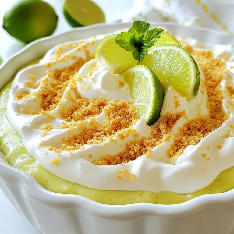 To make this key lime pie dip, you need just a few simple ingredients. Here’s what you will need: - 8 oz cream cheese, softened to room temperature - 1 cup plain Greek yogurt - 1/2 cup powdered sugar - Zest of 2 limes (about 2 teaspoons) - 1/4 cup fresh lime juice (approximately 2-3 limes) - 1 teaspoon pure vanilla extract - 1 cup whipped topping - Graham cracker crumbs for garnish - Lime wedges and fresh mint leaves for garnish Each ingredient plays a role in making this dip creamy and zesty. The cream cheese gives it richness. The Greek yogurt adds tanginess, while the lime juice and zest bring that fresh, bright flavor. You might not have every ingredient on hand. Here are some easy swaps: - Cream Cheese: Use mascarpone cheese for a different taste. - Greek Yogurt: Try sour cream for a creamy texture, but it will taste a bit less tangy. - Powdered Sugar: Use granulated sugar, but you may need to blend it longer to dissolve. - Whipped Topping: You can whip heavy cream as a fresh alternative. These substitutes can keep the same flavor profile while making the dip work for you. Always choose fresh ingredients for the best flavor. Here’s how: - Cream Cheese: Check the expiration date. It should be smooth and firm, not dry or crumbly. - Limes: Look for limes that feel heavy for their size. They should have a slight give when you squeeze them. - Greek Yogurt: Choose a brand with no added sugars or flavors for the best results. By picking fresh ingredients, you ensure that your key lime pie dip tastes amazing every time you make it! {{ingredient_image_2}} Start by taking 8 ounces of cream cheese and let it soften. This makes mixing easier. In a medium bowl, add the cream cheese and 1 cup of plain Greek yogurt. Use an electric mixer on medium speed. Mix for 2 to 3 minutes until the blend is smooth. You want no lumps at all. Next, add 1/2 cup of powdered sugar to the bowl. Then, add the zest of 2 limes and 1/4 cup of fresh lime juice. This is about 2-3 limes. Also, add 1 teaspoon of pure vanilla extract. Keep mixing for another 2 minutes. The dip should be light and fluffy now. Now, gently fold in 1 cup of whipped topping. Use a spatula or spoon for this. Be careful not to deflate the dip. You want it airy and light. Spoon the dip into a serving bowl. Use a spatula to smooth the top, making it look nice. Sprinkle graham cracker crumbs over the dip. This adds that classic key lime pie texture. Place the dip in the fridge for at least 30 minutes. This helps the flavors blend well. When you are ready to serve, add lime wedges and fresh mint leaves on top. This adds a lovely look and a hint of freshness. Enjoy your dip! To get the best texture for your Key Lime Pie Dip, start with softened cream cheese. This helps the dip mix smoothly. Use an electric mixer on medium speed for 2-3 minutes. Blend until the mixture is creamy with no lumps. After adding the powdered sugar, lime zest, fresh lime juice, and vanilla extract, mix for another 2 minutes. This makes it fluffy. When you fold in the whipped topping, do it gently. This keeps the dip light and airy, just like a classic pie. Chill time is key for good flavor. After mixing, spoon the dip into a serving bowl. Cover it and place it in the fridge for at least 30 minutes. This helps the flavors blend well. If you have more time, let it chill longer. The dip tastes even better after a few hours. It allows the lime flavor to shine and creates a refreshing treat. This dip is perfect for sharing. When you serve it, sprinkle graham cracker crumbs on top. This gives it that classic pie look. Add lime wedges and fresh mint leaves for color. You can pair this dip with fresh fruit like strawberries or apples. It also goes well with pretzels or cookies. This makes it a fun and tasty option for any party. Everyone will love this easy, sweet treat! Pro Tips Tip 1 - Choose Fresh Limes: Use fresh limes for both juice and zest to ensure the dip has the brightest flavor. Tip 2 - Chill Time is Key: Allow the dip to chill for at least 30 minutes to let the flavors meld and enhance the taste. Tip 3 - Whipped Topping Folding: Gently fold in the whipped topping to maintain the light, airy texture of the dip. Tip 4 - Garnish for Presentation: Use lime wedges and fresh mint leaves as garnishes for a beautiful and inviting presentation. {{image_4}} You can make your Key Lime Pie Dip even better by adding fruits or nuts. Fresh fruits like strawberries, blueberries, or mango pieces work great. The sweet and tart mix will make each bite pop. You can also add crushed nuts. Almonds or pecans offer a nice crunch. Just sprinkle them on top when you’re ready to serve. If you need a gluten-free version, swap the graham cracker crumbs for gluten-free ones. You can also use crushed nuts as a crunchy topping. For a vegan dip, use dairy-free cream cheese and yogurt. Coconut yogurt tastes great and adds a rich flavor. Use maple syrup instead of powdered sugar for sweetness. This way, everyone can enjoy your dip! You can serve this dip with many fun options. Traditional graham crackers are a classic choice. Fruit slices like apples or bananas add a fresh twist. You can even use pretzels for a sweet and salty combo. Try serving with vanilla wafers for a unique flavor. The possibilities are endless! After enjoying your key lime pie dip, store any leftovers in an airtight container. This keeps the dip fresh and prevents it from absorbing other odors in your fridge. Make sure to cover the container tightly. You can also layer plastic wrap directly on the dip's surface before sealing. This helps to maintain its light, fluffy texture. If you want to freeze the dip, place it in a freezer-safe container. Leave some space at the top, as the dip may expand when frozen. To thaw, move the dip to the fridge overnight. Stir it gently before serving to restore its creamy texture. Note that freezing might change the dip’s consistency slightly, but it will still taste great. The key lime pie dip lasts in the fridge for up to three days. If you store it properly, you can enjoy its zesty flavor for a while. Always check for any signs of spoilage, like off smells or discoloration, before eating. For the best experience, serve the dip chilled and enjoy it with fresh fruit, graham crackers, or cookies. Yes, you can make this dip ahead of time. It is best to chill it for at least 30 minutes before serving. This lets the flavors blend well. You can prepare it a day in advance. Just cover it tightly and keep it in the fridge. This way, it stays fresh and tasty. If you don’t have Greek yogurt, you can use regular yogurt. Sour cream works too. Both options will keep your dip creamy. Just make sure they are plain and unsweetened. This helps maintain the dip's flavor balance. To make your dip sweeter, add more powdered sugar. Start with a tablespoon and mix well. If you want it tangier, add more lime juice or zest. Mix in small amounts to reach your perfect taste. Adjusting these ingredients helps you create your ideal flavor. You now know how to make a delicious key lime pie dip. We've covered the key ingredients, the best substitutes, and tips for selecting fresh items. You’ve learned step-by-step instructions for mixing flavors and adding those final touches. We explored tips for perfect texture and shared ideas for serving at gatherings. Don’t forget the creative variations and how to store leftovers properly. Enjoy making this dip for your next event. It's sure to impress your friends and family!