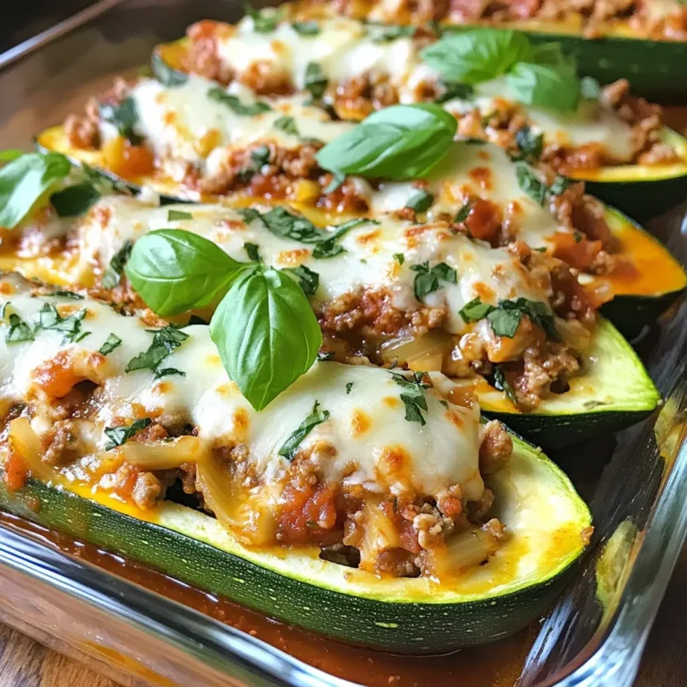 To make Lasagna Stuffed Zucchini Boats, gather these simple items: - 4 medium zucchinis - 1 pound ground turkey or ground chicken - 1 small onion, finely chopped - 2 cloves garlic, minced - 1 can (15 oz) ricotta cheese - 1 cup shredded mozzarella cheese, divided - 1 can (14 oz) marinara sauce, plus more for serving - 1 teaspoon Italian seasoning - 1/2 teaspoon red pepper flakes (optional) - Salt and black pepper, to taste - Fresh basil leaves, for garnish For this dish, I use ricotta and mozzarella cheeses. You need one can of ricotta cheese and one cup of shredded mozzarella. The ricotta adds creaminess, while the mozzarella creates a melty top. I season the meat mixture with Italian seasoning and red pepper flakes for heat. Feel free to adjust these to your taste. Salt and black pepper help to enhance the flavors. You can customize your zucchini boats with other ingredients. Try adding chopped spinach or mushrooms for extra nutrition. If you want a lighter option, substitute ground turkey with lentils or chickpeas for a vegetarian dish. You can also use low-fat ricotta or mozzarella if you want to cut calories. This way, you still enjoy a tasty meal without feeling heavy after. {{ingredient_image_2}} First, set your oven to 375°F (190°C) to preheat. This will help cook the zucchini evenly. Next, take your medium zucchinis and cut each one in half lengthwise. Use a spoon to scoop out the seeds. This step creates space for your tasty filling. Place the halved zucchinis in a baking dish with the cut side facing up. This way, they will hold the filling well. Now, let's sauté some aromatics. In a large skillet, pour a small amount of olive oil over medium heat. Add the finely chopped onion and minced garlic. Sauté them together for about 3 to 4 minutes. Look for the onion to turn translucent and smell fragrant. This step adds a wonderful base flavor to your dish. Next, add the ground turkey or chicken to the skillet. Season it with salt, pepper, Italian seasoning, and optional red pepper flakes for a bit of heat. Use a spatula to break up the meat as it cooks. Stir occasionally until the meat turns brown and is no longer pink. This should take about 5 to 7 minutes. Make sure it cooks all the way through for the best taste. Now comes the fun part—stuffing those zucchini boats! First, mix the ricotta cheese with half of the shredded mozzarella cheese in a bowl. Add a pinch of salt and pepper to this mixture. Stir until it is well blended. Once your meat is fully cooked, stir in half of the marinara sauce until the meat is coated. Now, take the meat mixture and evenly fill each hollowed zucchini boat. Top each one with a generous spoonful of your cheese mixture. Next, drizzle the remaining marinara sauce over the stuffed zucchini boats. Finally, sprinkle the rest of the mozzarella cheese on top. This will create a cheesy, bubbly topping when baked. Cover the baking dish with aluminum foil and place it in your preheated oven. Bake for 25 minutes. After that, remove the foil and bake for another 10 to 15 minutes. Look for bubbly and golden cheese. Once baked, let the dish cool for a few minutes before serving. Enjoy your delicious lasagna stuffed zucchini boats! To make your cheese filling creamy, use fresh ricotta cheese. It blends well and adds richness. Mix it with half of the shredded mozzarella. This combo creates a smooth texture that holds up well in the zucchini. For extra flavor, add a pinch of salt and pepper. Mixing these ingredients properly ensures a luscious filling that melts nicely. When baking your zucchini boats, cover them with foil for the first 25 minutes. This traps steam and helps cook the zucchini evenly. After that, remove the foil to let the cheese get bubbly and golden. Baking uncovered adds a nice crunch to the top layer. You want the cheese to be gooey but not burnt. You can prep these zucchini boats in advance. Assemble them and store them in the fridge for up to 24 hours before baking. Just cover them tightly with plastic wrap or foil. When ready, bake them straight from the fridge, adding a few extra minutes to the cooking time. This makes meal prep easy and keeps your weeknight dinners stress-free. Pro Tips Choose Firm Zucchini: Select medium-sized zucchinis that are firm to the touch. This ensures they hold their shape during baking and provide a satisfying bite. Enhance Flavor with Fresh Herbs: In addition to basil, consider adding fresh oregano or thyme to the meat filling for an extra layer of flavor. Customize Your Cheese: Feel free to mix in other cheeses such as parmesan or feta for a unique twist on the traditional ricotta and mozzarella combination. Make Ahead: Prepare the stuffed zucchini boats in advance and store them in the refrigerator. Bake them just before serving for a quick weeknight meal. {{image_4}} For a tasty twist, you can swap the ground turkey or chicken. Try using lentils for a vegetarian option. Cooked quinoa also adds great texture and flavor. Crumbled tempeh or mushrooms can give a nice umami taste. If you want a vegan option, use plant-based ground meat. Each of these choices keeps the dish healthy and flavorful. Cheese transforms the taste of your zucchini boats. While ricotta and mozzarella are classic, you can explore other options. Try goat cheese for a tangy flavor or feta for a salty kick. Cream cheese mixed with herbs can add a rich touch. Parmesan cheese sprinkled on top creates a lovely crust. Mixing different cheeses gives you a unique taste every time. Garnishes can take your zucchini boats to new heights. Fresh herbs like parsley or cilantro can brighten the dish. A drizzle of balsamic glaze adds sweetness and depth. If you like spice, add sliced jalapeños or a sprinkle of chili flakes. For a creamy finish, a dollop of sour cream or Greek yogurt works well. These toppings bring extra flavor and a pop of color. To keep your lasagna stuffed zucchini boats fresh, store leftovers properly. First, let the zucchini boats cool to room temperature. Then, place them in an airtight container. They will stay good in the fridge for up to 3 days. If you want to keep them longer, consider freezing. When it's time to enjoy your leftovers, reheating is key. Place the zucchini boats in a baking dish. Cover them with foil to prevent drying out. Heat in a preheated oven at 350°F (175°C) for about 20 minutes. You can also use the microwave. Just heat in short intervals, checking to avoid overcooking. If you want to freeze assembled or baked zucchini boats, follow these steps. First, let them cool completely. Wrap each boat tightly in plastic wrap. Then, place them in a freezer-safe bag or container. They can last up to 3 months in the freezer. To reheat, thaw overnight in the fridge and bake as mentioned above. You can use several alternatives to ground turkey. Here are some great options: - Ground chicken: This is a close match in taste and texture. - Ground beef: Use lean ground beef for a richer flavor. - Ground pork: Adds a unique twist with its sweetness. - Lentils: A great vegetarian option, full of protein and fiber. - Black beans: Mash them for a hearty, meatless filling. - Quinoa: This adds texture and protein while being gluten-free. Each option offers a different taste. Feel free to mix and match to suit your needs! Yes, you can prepare zucchini boats ahead of time. Here’s how to do it: - Prep the zucchini: Cut and scoop out the zucchini as instructed. - Store: Keep the hollowed zucchinis in a sealed container in the fridge for up to 24 hours. - Prepare the filling: Cook the meat and mix the cheese filling a day before. Store them separately in the fridge. - Assemble: When ready to cook, stuff the zucchini with the filling and bake. This method saves time on busy days while keeping your meal fresh and delicious! You can tell when zucchini is cooked by its texture. Look for these signs: - It should be tender but still firm. - A fork should easily pierce through the zucchini. - The edges may slightly brown, adding flavor. Overcooking can make zucchini mushy. Aim for a soft yet sturdy bite for the best taste! Zucchini boats are a fun and healthy meal that anyone can enjoy. We covered the key ingredients you need for flavor and nutrition. I shared step-by-step instructions to make cooking easy. You also learned tips for perfecting the filling and the best ways to store your leftovers. Whether you prefer meat or a vegetarian option, these boats can fit your taste. My final thought: get creative with your fillings and enjoy the journey of cooking!