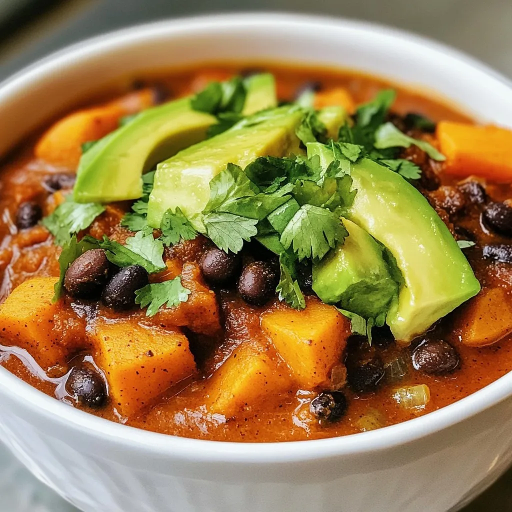 To make a delicious Sweet Potato Black Bean Chili, gather these key ingredients: - 2 medium sweet potatoes, peeled and diced into ½-inch cubes - 1 can (15 oz) black beans, thoroughly drained and rinsed - 1 can (15 oz) diced tomatoes, including juice - 1 medium onion, finely chopped - 2 cloves garlic, minced - 1 bell pepper (any color you prefer), diced - 1 cup vegetable broth (low-sodium recommended) - 2 tablespoons extra virgin olive oil - 2 tablespoons chili powder - 1 teaspoon ground cumin - 1 teaspoon smoked paprika - Salt and freshly ground black pepper to taste - Fresh cilantro leaves for garnish - Ripe avocado slices (optional for topping) Each ingredient plays a key role in creating flavors. Sweet potatoes add sweetness and texture. Black beans boost the protein content. Diced tomatoes bring moisture and acidity. Chop the onion and garlic finely for a strong base. Use any bell pepper color you like for extra taste. Vegetable broth makes the chili rich and hearty. Spices like chili powder, cumin, and smoked paprika deepen the flavor profile. Adjust salt and pepper to suit your taste. For garnish, fresh cilantro gives a bright finish. Ripe avocado adds creaminess if you choose to use it. With these ingredients, you can create a warm bowl of comfort. Enjoy the process, and get ready for a tasty meal! {{ingredient_image_2}} Sautéing the Vegetables Start by heating 2 tablespoons of extra virgin olive oil in a large pot over medium heat. Once the oil is hot, add the finely chopped onion and diced bell pepper. Cook these for about 5 minutes. You want them to become soft and clear. Stir occasionally to avoid burning. Next, add 2 cloves of minced garlic. Cook for another 1-2 minutes until the garlic smells nice and turns light gold. Adding Sweet Potatoes and Spices Now, it’s time to add the fun part! Toss in 2 medium sweet potatoes that you have peeled and diced into ½-inch cubes. Sprinkle in 2 tablespoons of chili powder, 1 teaspoon of ground cumin, and 1 teaspoon of smoked paprika. Don’t forget a pinch of salt and freshly ground black pepper. Stir gently to coat the sweet potatoes with all those spices. This will bring out their flavor. Cooking the Chili Pour in 1 cup of vegetable broth and 1 can of diced tomatoes, juices included. Turn up the heat and bring the mix to a boil. Once it’s bubbling, lower the heat to a gentle simmer. Cover the pot and let it cook for about 20-25 minutes. Stir it every now and then to keep it from sticking. You’ll know it’s ready when the sweet potatoes are fork-tender. After that, fold in 1 can of drained and rinsed black beans. Let the chili heat for another 5-10 minutes. Taste it and adjust the seasoning if needed. When you’re ready to eat, ladle the chili into bowls. Garnish each bowl with fresh cilantro and avocado slices if you like. This dish is not just tasty; it’s also colorful and inviting! Ensuring Proper Texture To get the right texture, make sure to cut sweet potatoes into small, even cubes. This helps them cook evenly. Stir the pot while cooking to prevent sticking. You want the sweet potatoes to be soft but not mushy. Spicing it Up This chili can be as spicy as you like. Start with the chili powder and cumin. If you want more heat, add a dash of cayenne pepper or some chopped jalapeños. Taste as you go to find the right balance. Serving Suggestions Serve this chili in deep, colorful bowls. Garnish with fresh cilantro leaves for a bright touch. Adding ripe avocado slices on top gives a creamy texture. You can also serve lime wedges on the side for a zesty kick. Pro Tips Choose the Right Sweet Potatoes: Opt for firm, unblemished sweet potatoes for the best flavor and texture. Rinse Your Beans: Thoroughly rinsing canned black beans helps reduce sodium and removes any canning liquid that can affect flavor. Add Extra Veggies: Feel free to incorporate additional vegetables like zucchini or corn for added nutrition and flavor. Enhance Flavor with Lime: A squeeze of fresh lime juice just before serving can brighten the flavors and add a refreshing twist. {{image_4}} Other Bean Options You can switch black beans for other beans. Kidney beans, pinto beans, or chickpeas work well. These choices add different flavors and textures. Each bean has a unique taste that blends nicely with sweet potatoes. Veggie Additions Feel free to add more veggies. Corn, zucchini, or carrots can boost flavor and nutrition. Chopped spinach or kale adds great color and health benefits. Mix and match based on what you have at home. Spice Level Adjustments Want more heat? Add jalapeños or crushed red pepper flakes. For less heat, use mild chili powder or skip spicy peppers. Adjust spices to fit your taste. Remember, you can always add spice, but it's hard to take it out! To store your sweet potato black bean chili, let it cool first. Once cool, scoop the chili into an airtight container. Seal it tightly to keep out air. Place the container in the fridge. Your chili will stay fresh for about 4 to 5 days. When you are ready to eat, take the chili out of the fridge. Pour it into a pot and add a splash of water or broth to help it heat evenly. Warm it over medium heat, stirring often. This helps prevent it from sticking to the pot. If you prefer, you can also microwave it. Place the chili in a microwave-safe bowl and cover it with a lid. Heat for about 2-3 minutes, stirring halfway through. Make sure it is hot all the way through before serving. Enjoy your tasty chili again! Yes, you can freeze this chili. It freezes well for up to three months. Make sure to cool it completely before you pack it in airtight containers. Label the containers with the date. When you want to eat it, thaw it in the fridge overnight. Then, reheat it on the stove or in the microwave. This chili pairs great with many sides. You can serve it with: - Cornbread - Rice or quinoa - Tortilla chips - A fresh green salad - Tacos or burritos Each of these adds a nice touch to the meal. You can even use it as a filling for burritos! To add more heat, try these ideas: - Add a chopped jalapeño when sautéing the vegetables. - Stir in some cayenne pepper or hot sauce while cooking. - Use a spicier chili powder blend. Start with a small amount, then taste as you go. This way, you can control the spice level to your liking. You learned how to make a tasty Sweet Potato Black Bean Chili. We covered the key ingredients, like sweet potatoes, black beans, and spices. I shared easy steps to prepare and cook your chili. You also got tips for a great texture and serving ideas. Plus, we explored variations to fit your taste. Now, you can enjoy this dish any time. It’s filling, healthy, and simple. Remember to store leftovers well, and feel free to customize it! Enjoy your cooking adventure!