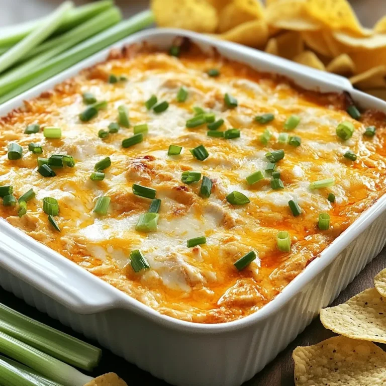 To make baked buffalo chicken dip, gather these key ingredients: - 2 cups cooked shredded chicken - 1 cup cream cheese, softened - 1/2 cup sour cream - 1/2 cup buffalo sauce (adjust for heat) - 1 cup shredded sharp cheddar cheese - 1/2 cup shredded mozzarella cheese - 1/4 cup green onions, finely chopped (plus extra for garnish) - Salt and pepper to taste - Tortilla chips or celery sticks for serving You can easily swap some ingredients. Here are a few ideas: - Use Greek yogurt instead of sour cream for a tangy twist. - Replace buffalo sauce with barbecue sauce if you prefer a milder flavor. - Try using a mix of Monterey Jack and cheddar cheese for a different taste. - You can use leftover rotisserie chicken for convenience. Choosing fresh, high-quality ingredients matters. Here’s how to ensure you get the best: - For chicken, opt for organic or free-range options if possible. - Choose cream cheese that is full-fat for a richer texture. - Look for buffalo sauce made with natural ingredients and no added preservatives. - Pick fresh green onions that are bright green and firm. Using quality ingredients enhances the dip's taste and makes your dish shine. {{ingredient_image_2}} 1. Preheat the Oven: Start by setting your oven to 350°F (175°C). This step helps the dip cook evenly. 2. Mix the Base: In a large mixing bowl, add 1 cup of softened cream cheese, 1/2 cup of sour cream, and 1/2 cup of buffalo sauce. You can adjust the buffalo sauce for more or less heat. Use a hand mixer or a spatula to blend until it is smooth and creamy. Make sure there are no lumps. 3. Incorporate Chicken & Cheeses: Next, gently fold in 2 cups of cooked shredded chicken. This step ensures the chicken mixes well with the creamy base. Then add 1 cup of shredded sharp cheddar cheese, 1/2 cup of shredded mozzarella cheese, and 1/4 cup of finely chopped green onions. Season with salt and pepper to your taste. Stir everything together until well combined. 4. Transfer to Baking Dish: Carefully pour the mixture into an oven-safe dish or a cast-iron skillet. Use a spatula to spread it evenly. This creates a smooth surface on top for baking. 5. Bake to Perfection: Place the dish in the preheated oven. Bake for about 20-25 minutes. You will know it is ready when the dip bubbles around the edges and has a nice golden-brown crust on top. 6. Garnish and Serve: After baking, take the dish out of the oven and let it cool for a few minutes. Sprinkle additional chopped green onions on top for a fresh look. Serve the warm dip with crispy tortilla chips or crunchy celery sticks. Enjoy the bold flavors! To make your dip creamier, use room temperature cream cheese. Softening it helps blend better. You can also add more sour cream or cream cheese. This gives a rich texture. For a twist, try adding a splash of ranch dressing. This will enhance creaminess and flavor. Bake your dip at 350°F for 20-25 minutes. Look for bubbling edges and a golden crust. If your dip is not bubbling, it needs more time. Every oven is different, so keep an eye on it. You want it hot and gooey, not overcooked. Serve with tortilla chips or celery sticks for a fun touch. You can also add veggies like carrots or bell peppers. For a festive look, garnish with extra chopped green onions. This adds color and freshness. Make sure to have plenty of dippers for everyone! Pro Tips Adjust the Heat: Tailor the buffalo sauce to your taste preference. If you like it mild, use less sauce, or choose a milder brand. Use Leftovers: This dip is a great way to use up leftover rotisserie chicken or any cooked chicken you have on hand. Make it Ahead: Prepare the dip a day in advance and store it in the fridge. Just bake it before serving for an easy appetizer. Cheese Variations: Experiment with different cheeses like pepper jack for added flavor or creamier textures by adding more cream cheese. {{image_4}} You can make Baked Buffalo Chicken Dip even hotter! Add diced jalapeños or crushed red pepper flakes. These spicy additions will kick up the heat. You can also try using spicy buffalo sauce. Just remember to taste as you go. Heat levels can vary widely. If you're looking for a lighter dip, swap some ingredients. Use Greek yogurt instead of sour cream for a healthier twist. You can also use low-fat cream cheese. For a lower calorie option, try shredded chicken breast. These changes keep the flavor while cutting calories. You can serve this dip with many dippers. Tortilla chips are a classic choice, but don’t stop there! Try fresh veggies like carrots and bell peppers. They add crunch and color. You can also use bread or pita chips. Each option offers a unique taste and texture. To keep your baked buffalo chicken dip fresh, let it cool first. Then, transfer it to an airtight container. Store it in the fridge for up to three days. Make sure to cover it well to prevent drying out. If you want to enjoy it later, you can freeze it. When you’re ready to enjoy your dip again, preheat your oven to 350°F (175°C). Place the dip in an oven-safe dish. Heat for about 15-20 minutes, or until warm. Stir it halfway through to heat evenly. You can also use a microwave. Heat in short bursts, stirring in between, until warm. To freeze, portion the dip in smaller containers. This makes it easy to thaw just what you need. Seal the containers tightly and label them with the date. The dip can stay in the freezer for up to three months. When you’re ready to eat, thaw it overnight in the fridge before reheating. To make this dip less spicy, reduce the buffalo sauce. Start with 1/4 cup. You can also add more cream cheese or sour cream. These will mellow the heat. Mixing in extra cheese helps too. You can try a milder sauce. Look for brands labeled "mild" or "sweet." Taste as you go. This way, you find your ideal heat level. Yes, rotisserie chicken is a great choice! It saves time and adds great flavor. Just shred the chicken before mixing it in. This dip works well with any cooked chicken. You could use leftover grilled chicken too. Both options keep the dish simple and tasty. For the best dip, try tortilla chips and celery sticks. Tortilla chips add crunch and flavor. Celery sticks provide a fresh, crisp taste. You can also use carrot sticks or cucumber slices. Some like to use pita chips for a different twist. Choose whatever you enjoy most! This guide covers all you need to make a tasty baked buffalo chicken dip. You learned about the key ingredients and their best substitutes. I shared tips for choosing fresh items and how to prepare them step by step. We explored ways to make the dip creamier and served it perfectly at parties. You also discovered fun variations to switch things up. Remember to store leftovers correctly for later enjoyment. With these tips, you’re set to create a crowd-pleasing dish everyone will love. Enjoy your cooking!