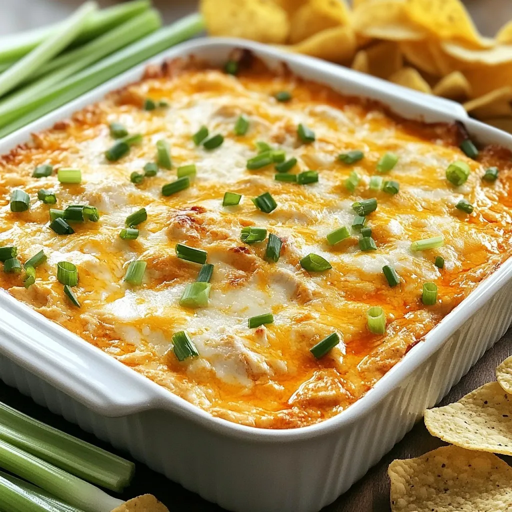 To make baked buffalo chicken dip, gather these key ingredients: - 2 cups cooked shredded chicken - 1 cup cream cheese, softened - 1/2 cup sour cream - 1/2 cup buffalo sauce (adjust for heat) - 1 cup shredded sharp cheddar cheese - 1/2 cup shredded mozzarella cheese - 1/4 cup green onions, finely chopped (plus extra for garnish) - Salt and pepper to taste - Tortilla chips or celery sticks for serving You can easily swap some ingredients. Here are a few ideas: - Use Greek yogurt instead of sour cream for a tangy twist. - Replace buffalo sauce with barbecue sauce if you prefer a milder flavor. - Try using a mix of Monterey Jack and cheddar cheese for a different taste. - You can use leftover rotisserie chicken for convenience. Choosing fresh, high-quality ingredients matters. Here’s how to ensure you get the best: - For chicken, opt for organic or free-range options if possible. - Choose cream cheese that is full-fat for a richer texture. - Look for buffalo sauce made with natural ingredients and no added preservatives. - Pick fresh green onions that are bright green and firm. Using quality ingredients enhances the dip's taste and makes your dish shine. {{ingredient_image_2}} 1. Preheat the Oven: Start by setting your oven to 350°F (175°C). This step helps the dip cook evenly. 2. Mix the Base: In a large mixing bowl, add 1 cup of softened cream cheese, 1/2 cup of sour cream, and 1/2 cup of buffalo sauce. You can adjust the buffalo sauce for more or less heat. Use a hand mixer or a spatula to blend until it is smooth and creamy. Make sure there are no lumps. 3. Incorporate Chicken & Cheeses: Next, gently fold in 2 cups of cooked shredded chicken. This step ensures the chicken mixes well with the creamy base. Then add 1 cup of shredded sharp cheddar cheese, 1/2 cup of shredded mozzarella cheese, and 1/4 cup of finely chopped green onions. Season with salt and pepper to your taste. Stir everything together until well combined. 4. Transfer to Baking Dish: Carefully pour the mixture into an oven-safe dish or a cast-iron skillet. Use a spatula to spread it evenly. This creates a smooth surface on top for baking. 5. Bake to Perfection: Place the dish in the preheated oven. Bake for about 20-25 minutes. You will know it is ready when the dip bubbles around the edges and has a nice golden-brown crust on top. 6. Garnish and Serve: After baking, take the dish out of the oven and let it cool for a few minutes. Sprinkle additional chopped green onions on top for a fresh look. Serve the warm dip with crispy tortilla chips or crunchy celery sticks. Enjoy the bold flavors! To make your dip creamier, use room temperature cream cheese. Softening it helps blend better. You can also add more sour cream or cream cheese. This gives a rich texture. For a twist, try adding a splash of ranch dressing. This will enhance creaminess and flavor. Bake your dip at 350°F for 20-25 minutes. Look for bubbling edges and a golden crust. If your dip is not bubbling, it needs more time. Every oven is different, so keep an eye on it. You want it hot and gooey, not overcooked. Serve with tortilla chips or celery sticks for a fun touch. You can also add veggies like carrots or bell peppers. For a festive look, garnish with extra chopped green onions. This adds color and freshness. Make sure to have plenty of dippers for everyone! Pro Tips Adjust the Heat: Tailor the buffalo sauce to your taste preference. If you like it mild, use less sauce, or choose a milder brand. Use Leftovers: This dip is a great way to use up leftover rotisserie chicken or any cooked chicken you have on hand. Make it Ahead: Prepare the dip a day in advance and store it in the fridge. Just bake it before serving for an easy appetizer. Cheese Variations: Experiment with different cheeses like pepper jack for added flavor or creamier textures by adding more cream cheese. {{image_4}} You can make Baked Buffalo Chicken Dip even hotter! Add diced jalapeños or crushed red pepper flakes. These spicy additions will kick up the heat. You can also try using spicy buffalo sauce. Just remember to taste as you go. Heat levels can vary widely. If you're looking for a lighter dip, swap some ingredients. Use Greek yogurt instead of sour cream for a healthier twist. You can also use low-fat cream cheese. For a lower calorie option, try shredded chicken breast. These changes keep the flavor while cutting calories. You can serve this dip with many dippers. Tortilla chips are a classic choice, but don’t stop there! Try fresh veggies like carrots and bell peppers. They add crunch and color. You can also use bread or pita chips. Each option offers a unique taste and texture. To keep your baked buffalo chicken dip fresh, let it cool first. Then, transfer it to an airtight container. Store it in the fridge for up to three days. Make sure to cover it well to prevent drying out. If you want to enjoy it later, you can freeze it. When you’re ready to enjoy your dip again, preheat your oven to 350°F (175°C). Place the dip in an oven-safe dish. Heat for about 15-20 minutes, or until warm. Stir it halfway through to heat evenly. You can also use a microwave. Heat in short bursts, stirring in between, until warm. To freeze, portion the dip in smaller containers. This makes it easy to thaw just what you need. Seal the containers tightly and label them with the date. The dip can stay in the freezer for up to three months. When you’re ready to eat, thaw it overnight in the fridge before reheating. To make this dip less spicy, reduce the buffalo sauce. Start with 1/4 cup. You can also add more cream cheese or sour cream. These will mellow the heat. Mixing in extra cheese helps too. You can try a milder sauce. Look for brands labeled "mild" or "sweet." Taste as you go. This way, you find your ideal heat level. Yes, rotisserie chicken is a great choice! It saves time and adds great flavor. Just shred the chicken before mixing it in. This dip works well with any cooked chicken. You could use leftover grilled chicken too. Both options keep the dish simple and tasty. For the best dip, try tortilla chips and celery sticks. Tortilla chips add crunch and flavor. Celery sticks provide a fresh, crisp taste. You can also use carrot sticks or cucumber slices. Some like to use pita chips for a different twist. Choose whatever you enjoy most! This guide covers all you need to make a tasty baked buffalo chicken dip. You learned about the key ingredients and their best substitutes. I shared tips for choosing fresh items and how to prepare them step by step. We explored ways to make the dip creamier and served it perfectly at parties. You also discovered fun variations to switch things up. Remember to store leftovers correctly for later enjoyment. With these tips, you’re set to create a crowd-pleasing dish everyone will love. Enjoy your cooking!
