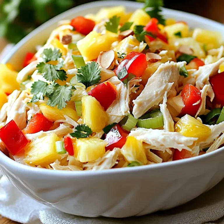 - 2 cups of cooked chicken, shredded - 1 cup of fresh pineapple, diced into small chunks - 1/2 cup of red bell pepper, finely chopped - 1/2 cup of celery, diced - 1/4 cup of green onions, thinly sliced - 1/2 cup of Greek yogurt (preferably plain) - 1/4 cup of mayonnaise - 1 tablespoon of fresh lime juice - 1 tablespoon of honey - Salt and black pepper to taste - 1/4 cup of slivered almonds (optional, for added crunch) - Fresh cilantro, chopped (optional, for garnish) You can swap cooked chicken for canned chicken or rotisserie chicken. If you want a vegan option, use chickpeas instead. Instead of Greek yogurt, try coconut yogurt for a dairy-free salad. You can replace mayonnaise with avocado for a creamier texture. If you do not have red bell pepper, yellow or orange peppers work well too. For a bit of sweetness, consider using mango in place of pineapple. This salad has about 300 calories per serving. It offers good protein from the chicken and healthy fats from the yogurt and mayonnaise. You also get vitamins from pineapple, red bell pepper, and celery. The slivered almonds add crunch and healthy fats. This dish is great for a light meal or a side at gatherings. {{ingredient_image_2}} First, get a large mixing bowl. Add 2 cups of cooked chicken, shredded. Next, toss in 1 cup of fresh pineapple, diced into small chunks. Then, add 1/2 cup of red bell pepper, finely chopped, and 1/2 cup of diced celery. Finish with 1/4 cup of thinly sliced green onions. Mix these ingredients gently until they blend well. In a separate medium bowl, prepare the dressing. Whisk together 1/2 cup of Greek yogurt and 1/4 cup of mayonnaise. Then, stir in 1 tablespoon of fresh lime juice and 1 tablespoon of honey. Keep whisking until the mixture is smooth and creamy. Now, drizzle the dressing over the chicken mix. Use a spatula or large spoon to fold the dressing into the chicken and vegetables. Be careful not to break the chicken pieces. Taste the salad and add salt and black pepper to your liking. If you want extra crunch, stir in 1/4 cup of slivered almonds. Cover the bowl and chill the salad for at least 30 minutes. This helps the flavors mix together. Before serving, give the salad a gentle toss. If you like, sprinkle fresh cilantro on top for a nice finish. When you mix the salad, start gently. Use a large bowl to hold all the ingredients. Begin with the chicken, pineapple, red bell pepper, celery, and green onions. Blend these well but avoid smashing the chicken. You want it to stay fluffy. Pour the dressing over the mix in small parts. Then, fold it in slowly. This keeps everything intact and tasty. To boost the flavor, use fresh ingredients. Fresh lime juice adds a bright note. Honey brings a nice sweetness. You can also add salt and black pepper to taste. If you like it crunchy, toss in slivered almonds. They give a nice texture. For a fresh finish, sprinkle chopped cilantro on top right before serving. This can really elevate your salad. A beautiful salad makes it more inviting. Serve it in a colorful bowl. You can also layer the salad in clear cups for individual servings. This shows off the vibrant colors. Add a sprinkle of cilantro or extra almonds on top for flair. A slice of lime on the side can be a fun touch. This makes your Hawaiian chicken salad look as good as it tastes! Pro Tips Use Fresh Ingredients: For the best flavor, use fresh pineapple and high-quality cooked chicken. This will make your salad taste vibrant and delicious. Chill Before Serving: Refrigerating the salad for at least 30 minutes helps the flavors meld together, making every bite more flavorful. Customize Your Crunch: If you like a bit more texture, try adding toasted walnuts or pecans instead of slivered almonds for a different flavor profile. Herb Variations: Experiment with different herbs like mint or basil in place of cilantro for a unique twist on the classic recipe. {{image_4}} You can make Hawaiian chicken salad even better. Try adding tropical fruits like mango or coconut. Fresh mango gives a sweet touch. It pairs well with chicken and pineapple. Coconut adds a nice texture and flavor. You can use shredded coconut or coconut flakes. Both options work great in this salad. If you want a twist, try using shrimp or tofu. Shrimp brings a seafood flavor that adds depth. Cook the shrimp until pink and tender. For a veggie option, add tofu. Use firm tofu, and press it to remove water. This helps it absorb flavors better. Both choices keep the dish light and fresh. You can also change the dressing for new tastes. Try adding lime zest for a vibrant kick. You might enjoy a spicy touch with sriracha or hot sauce. For a creamier texture, use sour cream instead of yogurt. Each change offers a unique flavor to your salad. Be creative and mix it up! Store Hawaiian chicken salad in an airtight container. This keeps it fresh and safe. It can last up to three days in the fridge. Always check for any signs of spoilage before eating. If you see any changes in smell or texture, it is best to toss it out. You can freeze Hawaiian chicken salad, but the texture may change. If you choose to freeze, use a freezer-safe container. It can last up to three months in the freezer. When you're ready to eat, thaw it in the fridge for a day. After thawing, stir the salad well before serving. It may need some fresh dressing to bring back its original taste. Leftover Hawaiian chicken salad is very versatile. You can make a wrap with tortillas or lettuce leaves. It’s also great on top of a bed of greens for a quick lunch. Try adding it to a sandwich for a tasty twist. You can even mix it into a grain bowl with rice or quinoa. Enjoy these creative ways to use up any leftovers! You can serve Hawaiian Chicken Salad with many sides. Here are some great choices: - Fresh fruit, like mango or berries, adds sweetness. - Crispy tortilla chips for crunch. - A light green salad for extra veggies. - Grilled corn on the cob for a summer vibe. - Rice or quinoa for a filling meal. These sides will make your meal more fun and delicious. The salad can stay fresh in the fridge for up to three days. Make sure to cover it well with plastic wrap or a lid. This keeps the salad tasty and safe to eat. If you notice any strange smells or colors, it’s best to toss it out. Yes, you can make Hawaiian Chicken Salad ahead of time! In fact, it tastes even better after chilling. Prepare it a day in advance. Just cover it and store it in the fridge. When you're ready to serve, give it a quick stir to mix the flavors. Enjoy your easy and tasty meal! This blog post covered how to make a tasty Hawaiian Chicken Salad. We discussed ingredients, substitutions, and nutrition facts. I shared step-by-step instructions for prep, dressing, and combining. You also found tips for mixing, flavor, and presentation. We explored variations, storage advice, and common questions. In conclusion, this salad is easy and fun to make. Try it with your own twists to make it special. Enjoy every delicious bite!