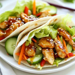 - 2 boneless, skinless chicken breasts - 1/2 cup teriyaki sauce (store-bought or homemade) - 4 large tortillas (flour or whole wheat) - 1 cup shredded lettuce - 1 medium carrot, peeled and julienned - 1/2 cucumber, washed and julienned - 1 red bell pepper, cored and thinly sliced - 1/4 cup green onions, finely chopped - 1 tablespoon sesame seeds (optional) - Salt and pepper to taste - 1 tablespoon olive oil To make teriyaki chicken wraps, you need simple yet fresh ingredients. First, chicken breasts are the star. They are easy to cook and delicious. Teriyaki sauce adds a sweet and salty flavor. You can use store-bought sauce or make your own. Next, grab some large tortillas. Flour or whole wheat tortillas work well. They hold the fillings nicely and make a great base for your wrap. Fresh veggies add crunch and color. Shredded lettuce gives a nice base. Carrots and cucumbers add a fresh taste. Red bell pepper adds sweetness and a pop of color. Green onions add a mild onion flavor. If you want a nutty touch, sprinkle sesame seeds on top. Finally, salt and pepper will help enhance all the flavors. These ingredients create a tasty and balanced meal. You can customize it based on your taste. Get ready to enjoy a quick and flavorful meal! {{ingredient_image_2}} To start, season both sides of the chicken breasts with salt and pepper. You want a good amount for flavor. In a large skillet, add one tablespoon of olive oil and heat it over medium-high heat. Once hot, carefully place the chicken in the skillet. Cook for about 6-7 minutes on each side. You want the chicken to reach an internal temperature of 165&deg;F (75&deg;C). This ensures it's safe to eat. After cooking, reduce the heat to medium. Pour 1/2 cup of teriyaki sauce over the chicken. Let it simmer for 2-3 minutes. This will help the chicken soak up the sauce. Turn the chicken in the sauce to coat it evenly. Once the chicken is done, take it out of the skillet. Place it on a cutting board and let it rest for a few minutes. This helps keep the juices inside. After resting, slice the chicken into thin strips. Now, grab a large tortilla. Lay it flat on a clean surface. Start by adding a handful of shredded lettuce in the center. Then, layer on a few slices of the teriyaki chicken. Add the julienned carrots and cucumber next. Finally, place thin slices of red bell pepper on top. To roll the wrap, fold the sides of the tortilla inward over the filling. Then, starting from the bottom, roll it tightly towards the top. Make sure the filling stays secure inside the tortilla. For serving, use a sharp knife to cut the wrap in half diagonally. This makes it look nice and neat. You can sprinkle chopped green onions and sesame seeds on top for a decorative touch. Serve these wraps with a small bowl of extra teriyaki sauce on the side for dipping. For a colorful presentation, place the wraps on a platter with fresh cucumber slices and carrot sticks. This adds crunch and makes the dish inviting. - To ensure chicken is cooked thoroughly, check the internal temperature. It should be 165&deg;F (75&deg;C). This keeps your meal safe and tasty. - When using teriyaki sauce, pour it over cooked chicken. Let it simmer for 2-3 minutes. This helps the chicken absorb the flavor. - To prevent filling from spilling, do not overfill your wrap. A few slices of chicken and veggies work best. - When rolling tight wraps, start from the bottom. Fold in the sides before rolling up. This keeps everything secure. - For creative plating, use a colorful platter. Add fresh cucumber slices and carrot sticks around your wraps. This adds crunch and color. - Garnishes like chopped green onions and sesame seeds add flavor and look great. Just sprinkle them on top for a nice finish. Pro Tips Marinate for More Flavor: For an even richer taste, marinate the chicken in teriyaki sauce for 30 minutes to an hour before cooking. This allows the flavors to penetrate the meat better. Use Fresh Veggies: Fresh vegetables not only add crunch but also enhance the nutritional value. Opt for seasonal produce for the best flavor and texture. Wrap Tightly: Ensure that you wrap the tortillas tightly to prevent the fillings from falling out while eating. This also helps maintain the shape of the wrap. Experiment with Sauces: Feel free to try other sauces like sweet chili or hoisin for a different flavor profile. Mixing sauces can create a unique taste for your wraps. {{image_4}} You can switch up the protein in your wraps. For a vegetarian option, try tofu or tempeh. Both absorb flavors well and create a tasty wrap. Just marinate them in teriyaki sauce before cooking. If you love seafood, consider grilled shrimp. It adds a light and fresh taste. Pork also works great. Use thinly sliced pork tenderloin for a savory twist. Adding more veggies can make your wraps even better. Try bell peppers in different colors for added crunch and sweetness. You can also include thinly sliced radishes or avocado for creaminess. Seasonal veggies like zucchini or asparagus can enhance flavor and nutrition. Get creative with what you have on hand. You might find a new favorite! While teriyaki sauce is classic, you can try other sauces for different flavors. A sweet chili sauce gives a nice kick. Or use hoisin sauce for a rich, sweet taste. You can make your own teriyaki sauce easily. Combine soy sauce, honey, garlic, and ginger in a pot. Simmer until it thickens. This way, you can control the taste and ingredients! To keep your teriyaki chicken wraps fresh, wrap each one tightly in plastic wrap. This helps to keep them moist. You can also place them in an airtight container. When stored this way, the wraps last for up to three days in the fridge. You can freeze the wraps if you want to save them for later. Before freezing, wrap each one in plastic wrap, then place them in a freezer bag. They can last up to three months in the freezer. When you're ready to eat, take them out and let them thaw in the fridge overnight. To reheat, place them in a skillet over low heat for about 5-7 minutes, turning them occasionally. Preparing ahead makes mealtime easy. Chop your veggies and chicken the day before. Keep them in separate containers. When you're ready to eat, just assemble the wraps. This way, you'll have a quick, healthy meal in no time. You can also cook the chicken and store it in the fridge for later use. To make homemade teriyaki sauce, mix soy sauce, honey, and rice vinegar. Use equal parts for a balanced flavor. Add minced garlic and ginger for depth. Heat this mixture in a pan until it thickens. This sauce is great on chicken, fish, or veggies. You can store it in the fridge for up to a week. Yes, you can use gluten-free tortillas. Look for corn or rice tortillas at the store. They work just as well with the teriyaki chicken. This keeps the dish tasty and safe for those with gluten allergies. Always check the label to ensure they meet your needs. You can serve many sides with teriyaki chicken wraps. Here are some tasty options: - Steamed broccoli or green beans - A light cucumber salad - Edamame for a fun snack - Rice or quinoa for a filling meal These sides add color and flavor to your dining experience. Feel free to mix and match! This blog post covered everything you need to make tasty teriyaki chicken wraps. We went through the ingredients, preparation steps, and creative ways to serve them. Remember, you can switch proteins and veggies to fit your taste. Storage tips ensure you don't waste any leftovers. Making wraps is quick and fun, perfect for any meal. Enjoy these wraps fresh or as a meal prep option. Your kitchen can be a place of flavor and fun with just a few simple steps!
