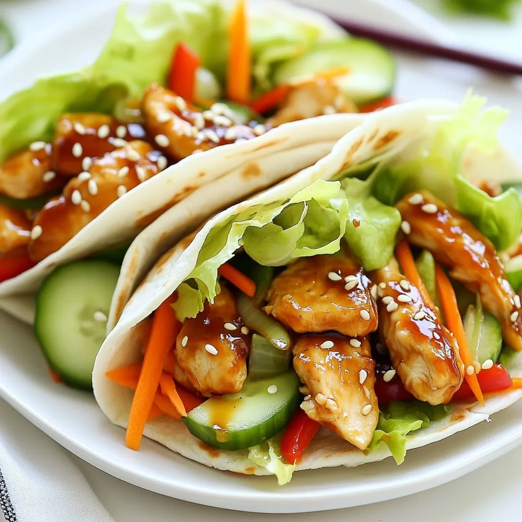 - 2 boneless, skinless chicken breasts - 1/2 cup teriyaki sauce (store-bought or homemade) - 4 large tortillas (flour or whole wheat) - 1 cup shredded lettuce - 1 medium carrot, peeled and julienned - 1/2 cucumber, washed and julienned - 1 red bell pepper, cored and thinly sliced - 1/4 cup green onions, finely chopped - 1 tablespoon sesame seeds (optional) - Salt and pepper to taste - 1 tablespoon olive oil To make teriyaki chicken wraps, you need simple yet fresh ingredients. First, chicken breasts are the star. They are easy to cook and delicious. Teriyaki sauce adds a sweet and salty flavor. You can use store-bought sauce or make your own. Next, grab some large tortillas. Flour or whole wheat tortillas work well. They hold the fillings nicely and make a great base for your wrap. Fresh veggies add crunch and color. Shredded lettuce gives a nice base. Carrots and cucumbers add a fresh taste. Red bell pepper adds sweetness and a pop of color. Green onions add a mild onion flavor. If you want a nutty touch, sprinkle sesame seeds on top. Finally, salt and pepper will help enhance all the flavors. These ingredients create a tasty and balanced meal. You can customize it based on your taste. Get ready to enjoy a quick and flavorful meal! {{ingredient_image_2}} To start, season both sides of the chicken breasts with salt and pepper. You want a good amount for flavor. In a large skillet, add one tablespoon of olive oil and heat it over medium-high heat. Once hot, carefully place the chicken in the skillet. Cook for about 6-7 minutes on each side. You want the chicken to reach an internal temperature of 165°F (75°C). This ensures it's safe to eat. After cooking, reduce the heat to medium. Pour 1/2 cup of teriyaki sauce over the chicken. Let it simmer for 2-3 minutes. This will help the chicken soak up the sauce. Turn the chicken in the sauce to coat it evenly. Once the chicken is done, take it out of the skillet. Place it on a cutting board and let it rest for a few minutes. This helps keep the juices inside. After resting, slice the chicken into thin strips. Now, grab a large tortilla. Lay it flat on a clean surface. Start by adding a handful of shredded lettuce in the center. Then, layer on a few slices of the teriyaki chicken. Add the julienned carrots and cucumber next. Finally, place thin slices of red bell pepper on top. To roll the wrap, fold the sides of the tortilla inward over the filling. Then, starting from the bottom, roll it tightly towards the top. Make sure the filling stays secure inside the tortilla. For serving, use a sharp knife to cut the wrap in half diagonally. This makes it look nice and neat. You can sprinkle chopped green onions and sesame seeds on top for a decorative touch. Serve these wraps with a small bowl of extra teriyaki sauce on the side for dipping. For a colorful presentation, place the wraps on a platter with fresh cucumber slices and carrot sticks. This adds crunch and makes the dish inviting. - To ensure chicken is cooked thoroughly, check the internal temperature. It should be 165°F (75°C). This keeps your meal safe and tasty. - When using teriyaki sauce, pour it over cooked chicken. Let it simmer for 2-3 minutes. This helps the chicken absorb the flavor. - To prevent filling from spilling, do not overfill your wrap. A few slices of chicken and veggies work best. - When rolling tight wraps, start from the bottom. Fold in the sides before rolling up. This keeps everything secure. - For creative plating, use a colorful platter. Add fresh cucumber slices and carrot sticks around your wraps. This adds crunch and color. - Garnishes like chopped green onions and sesame seeds add flavor and look great. Just sprinkle them on top for a nice finish. Pro Tips Marinate for More Flavor: For an even richer taste, marinate the chicken in teriyaki sauce for 30 minutes to an hour before cooking. This allows the flavors to penetrate the meat better. Use Fresh Veggies: Fresh vegetables not only add crunch but also enhance the nutritional value. Opt for seasonal produce for the best flavor and texture. Wrap Tightly: Ensure that you wrap the tortillas tightly to prevent the fillings from falling out while eating. This also helps maintain the shape of the wrap. Experiment with Sauces: Feel free to try other sauces like sweet chili or hoisin for a different flavor profile. Mixing sauces can create a unique taste for your wraps. {{image_4}} You can switch up the protein in your wraps. For a vegetarian option, try tofu or tempeh. Both absorb flavors well and create a tasty wrap. Just marinate them in teriyaki sauce before cooking. If you love seafood, consider grilled shrimp. It adds a light and fresh taste. Pork also works great. Use thinly sliced pork tenderloin for a savory twist. Adding more veggies can make your wraps even better. Try bell peppers in different colors for added crunch and sweetness. You can also include thinly sliced radishes or avocado for creaminess. Seasonal veggies like zucchini or asparagus can enhance flavor and nutrition. Get creative with what you have on hand. You might find a new favorite! While teriyaki sauce is classic, you can try other sauces for different flavors. A sweet chili sauce gives a nice kick. Or use hoisin sauce for a rich, sweet taste. You can make your own teriyaki sauce easily. Combine soy sauce, honey, garlic, and ginger in a pot. Simmer until it thickens. This way, you can control the taste and ingredients! To keep your teriyaki chicken wraps fresh, wrap each one tightly in plastic wrap. This helps to keep them moist. You can also place them in an airtight container. When stored this way, the wraps last for up to three days in the fridge. You can freeze the wraps if you want to save them for later. Before freezing, wrap each one in plastic wrap, then place them in a freezer bag. They can last up to three months in the freezer. When you're ready to eat, take them out and let them thaw in the fridge overnight. To reheat, place them in a skillet over low heat for about 5-7 minutes, turning them occasionally. Preparing ahead makes mealtime easy. Chop your veggies and chicken the day before. Keep them in separate containers. When you're ready to eat, just assemble the wraps. This way, you'll have a quick, healthy meal in no time. You can also cook the chicken and store it in the fridge for later use. To make homemade teriyaki sauce, mix soy sauce, honey, and rice vinegar. Use equal parts for a balanced flavor. Add minced garlic and ginger for depth. Heat this mixture in a pan until it thickens. This sauce is great on chicken, fish, or veggies. You can store it in the fridge for up to a week. Yes, you can use gluten-free tortillas. Look for corn or rice tortillas at the store. They work just as well with the teriyaki chicken. This keeps the dish tasty and safe for those with gluten allergies. Always check the label to ensure they meet your needs. You can serve many sides with teriyaki chicken wraps. Here are some tasty options: - Steamed broccoli or green beans - A light cucumber salad - Edamame for a fun snack - Rice or quinoa for a filling meal These sides add color and flavor to your dining experience. Feel free to mix and match! This blog post covered everything you need to make tasty teriyaki chicken wraps. We went through the ingredients, preparation steps, and creative ways to serve them. Remember, you can switch proteins and veggies to fit your taste. Storage tips ensure you don't waste any leftovers. Making wraps is quick and fun, perfect for any meal. Enjoy these wraps fresh or as a meal prep option. Your kitchen can be a place of flavor and fun with just a few simple steps!