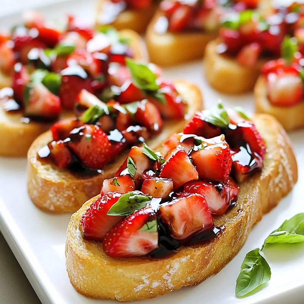 - Fresh baguette - Ripe strawberries - Fresh basil leaves - Balsamic glaze - Extra virgin olive oil - Sea salt and black pepper - Garlic - Fresh mozzarella cheese (optional) - Baking sheet - Medium mixing bowl - Oven The key ingredients for strawberry basil bruschetta create a fresh and tasty snack. Start with a fresh baguette. Slice it into 1/2 inch pieces for the perfect base. Ripe strawberries add a sweet burst. Fresh basil leaves bring a fragrant touch. The balsamic glaze offers a tangy finish. Extra virgin olive oil adds richness. Sea salt and black pepper elevate the flavor. A clove of garlic gives it depth. If you like, add fresh mozzarella cheese for creaminess. You only need a few pieces of equipment. A baking sheet helps toast the bread. A medium mixing bowl is great for mixing the topping. Finally, an oven is necessary to crisp the baguette. With these simple items, you can make a delightful appetizer anyone will love. {{ingredient_image_2}} - Preheat the oven to 400°F (200°C). - Arrange baguette slices on a baking sheet. - Brush slices with olive oil and sprinkle with salt. - Bake until golden brown and crispy. - Combine strawberries and basil in a bowl. - Add balsamic glaze, salt, and pepper, then fold. - Rub toasted bread with halved garlic clove. - Spoon strawberry-basil mixture onto each slice. - Optionally, add sliced mozzarella. - Arrange on a platter and drizzle with remaining balsamic glaze. Each step leads to a fresh, tasty snack. Follow these steps closely for the best results. Enjoy your delicious creation! Serve your bruschetta right after making it. This keeps the bread crispy and fresh. Pair it with a chilled white wine or a fun cocktail. The drink will enhance the sweet and savory flavors. You can try using different kinds of vinegar. A fruity vinegar adds a nice twist. Adding nuts gives a great crunch. You can also sprinkle feta cheese on top for a creamy bite. Garnish with fresh basil leaves or whole strawberries. This makes your plate look lively. Use a decorative platter to show off your beautiful bruschetta. A pretty display makes it more inviting for guests. Pro Tips Use Fresh Ingredients: Always select ripe, fresh strawberries and fragrant basil for the best flavor in your bruschetta. Experiment with Cheese: While fresh mozzarella adds creaminess, try goat cheese or ricotta for a different flavor profile. Adjust the Balsamic Glaze: Feel free to adjust the amount of balsamic glaze to your taste, adding more for a tangy kick or less for a subtler sweetness. Make Ahead: Prepare the strawberry-basil mixture in advance and assemble the bruschetta just before serving to maintain the crispiness of the bread. {{image_4}} You can easily switch out strawberries for other fruits. Try using ripe peaches or figs for a new flavor. Both fruits bring a sweet and juicy touch. If you want a zesty kick, add a citrus fruit like oranges or lemons. Their bright taste pairs well with basil. Make this bruschetta gluten-free by using alternative bread. Look for gluten-free baguettes at your local store. For a vegan option, skip the mozzarella cheese. The dish will still taste great without it. You can add more basil or a sprinkle of nutritional yeast for extra flavor. To add a crunchy bite, include chopped walnuts or pecans. They give the bruschetta a nice texture. If you’re looking for sweetness, drizzle honey or maple syrup on top. This extra touch will enhance the natural flavors of the fruit and basil. Store any leftover bruschetta in an airtight container. This helps keep it fresh. It tastes best when enjoyed the same day. The flavors mix well and create a tasty bite. Keep the strawberry-basil mixture separate in the fridge. This keeps it fresh and tasty. Consume it within 1-2 days for the best flavor. You don't want it to lose its zing! To reheat baguette slices, preheat your oven to 350°F (175°C). Place the slices on a baking sheet. Heat them for about 5 minutes. This keeps them crispy and warm, just like when you first made them. To keep your bruschetta crispy, follow these tips: - Use fresh bread. Stale bread can become soggy quickly. - Toast the bread well. Bake the slices until golden brown and crunchy. - Add toppings just before serving. Wait to spoon on the topping until you are ready to eat. This prevents moisture from soaking into the bread. - Use a garlic rub. Rubbing garlic on the warm bread adds flavor without adding too much moisture. Yes, you can prepare parts ahead of time: - Prep the topping. You can mix the strawberries, basil, balsamic glaze, salt, and pepper a few hours ahead. - Store separately. Keep the topping in the fridge to stay fresh. - Toast the bread later. Wait to toast the bread until right before serving. This way, it stays crispy. You want a balsamic glaze that is thick and sweet. Here are some options: - Traditional balsamic vinegar. It has a rich flavor and works well. - Store-bought glaze. Many brands offer ready-to-use glazes that are tasty. - Flavored versions. Try fig or raspberry for a fun twist on flavor. Absolutely! Here are some cheese alternatives: - Feta. It adds a nice tangy flavor and works well with strawberries. - Goat cheese. This creamy option is a great choice for a unique taste. - Vegan cheese. If you prefer a plant-based option, there are many tasty vegan cheeses available. Bruschetta is a simple yet delicious treat. We covered fresh ingredients like strawberries and basil, along with easy instructions to toast the baguette. Remember to serve it fresh for the best taste. You can even mix it up with different fruits or make it gluten-free. Store leftovers properly to keep them tasty. With these tips, your bruschetta will impress everyone. Enjoy making this tasty snack whenever you wish!