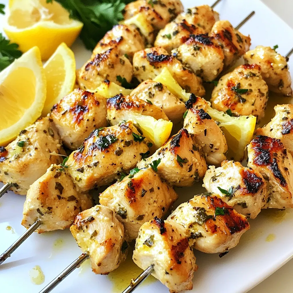 - 1 lb chicken breast, cut into 1-inch cubes - 1/4 cup extra virgin olive oil - 2 tablespoons fresh lemon juice - Zest of 1 lemon - 3 cloves garlic, minced - 1 teaspoon dried oregano - 1 teaspoon dried thyme - Salt and pepper to taste - Fresh parsley, chopped for garnish - Skewers (wooden or metal) - Cherry tomatoes - Grilled vegetables When I make Greek lemon chicken skewers, I love to use fresh, high-quality ingredients. They truly make a difference in flavor. First, the chicken breast is the star. It should be tender and juicy. I cut it into 1-inch cubes for even cooking. The olive oil adds richness and helps the chicken stay moist. Next, lemon juice and lemon zest bring brightness. They give the dish its signature tangy flavor. Fresh garlic adds depth and a savory note. I add dried oregano and thyme for herbs. These spices are classic in Greek cooking and enhance the dish's aroma. Finally, I season with salt and pepper to taste. If you want to add more color and flavor, consider cherry tomatoes and grilled vegetables. They pair well with the chicken and add a nice touch. Gather these ingredients, and you are ready to grill! {{ingredient_image_2}} To start, gather your ingredients. In a large bowl, whisk together these items: - 1/4 cup extra virgin olive oil - 2 tablespoons fresh lemon juice - Zest of 1 lemon - 3 cloves garlic, minced - 1 teaspoon dried oregano - 1 teaspoon dried thyme - Salt and pepper to taste Mix them well until combined. Then, add 1 pound of chicken breast, cut into 1-inch cubes. Make sure each piece gets a good coat of the marinade. Cover the bowl with plastic wrap or a lid. Place it in the fridge for at least 1 hour. For more flavor, let it marinate for up to 4 hours. If you choose wooden skewers, soak them in water for 30 minutes. This step is key to avoid burning them on the grill. If you have metal skewers, you can skip this soaking step. They are ready to use right away. Now it's time to grill! Preheat your grill or grill pan over medium-high heat. Take the marinated chicken out of the fridge. Carefully thread the chicken cubes onto the prepared skewers. Make sure to leave a small gap between each piece. This helps them cook evenly and get nice grill marks. Once your grill is hot, place the skewers on it. Cook the chicken for about 10 to 12 minutes. Turn them occasionally to ensure they cook evenly. Use a meat thermometer to check. The internal temperature should reach 165°F (75°C) for safe eating. After grilling, let the skewers rest for a few minutes. This step keeps the chicken juicy. Enjoy your flavorful Greek lemon chicken skewers! To make your chicken shine, marinate it for at least 1 hour. If you have time, let it soak for up to 4 hours. This longer marination adds depth to the flavor. The mix of olive oil, lemon juice, and herbs brings out the best in the chicken. The acid from the lemon helps tenderize the meat, making it juicy. When you skewer the chicken, leave space between each piece. This small trick allows the heat to circulate. It helps cook the chicken evenly. The spaces also give you those beautiful grill marks we all love. Turn the skewers occasionally for that perfect char on all sides. Garnish your skewers with fresh parsley for a pop of color. Serve with lemon wedges to add a zesty touch. For a creamy contrast, pair them with tzatziki sauce. This cool dip balances the warmth of the grilled chicken. You can also add cherry tomatoes or grilled veggies for extra flavor and color on your plate. Pro Tips Marination Magic: The longer you marinate the chicken, the more flavorful it will be. Aim for at least 1 hour, but overnight is even better for maximum flavor absorption. Skewer Spacing: Make sure to leave a little space between each piece of chicken on the skewer. This allows the heat to circulate evenly, ensuring even cooking and a nice char. Grill Temperature: Preheat your grill properly to achieve those beautiful grill marks. A hot grill will sear the chicken quickly, locking in juices and flavor. Resting Period: Let the skewers rest for a few minutes after grilling. This helps the juices redistribute throughout the chicken, making each bite tender and juicy. {{image_4}} You can make your Greek lemon chicken skewers even better by adding vegetables. Bell peppers, onions, and zucchini work well. They add color and crunch. Just cut them into similar sizes as the chicken. This way, they cook evenly. The veggies soak up the lemon flavor too, making every bite tasty. Want to mix things up? Try different proteins instead of chicken. Shrimp is a great option. It cooks fast and absorbs flavors well. You can also use a mix of meats like beef or lamb. This adds variety to your meal. Each protein brings its own taste and texture to the skewers. If you like some heat, add red pepper flakes to your marinade. This gives the chicken a nice kick. Start with a small amount and taste as you go. You can always add more if you want it spicier. This variation adds a fun twist to the classic recipe. Enjoy the balance of zesty lemon and spicy notes! After enjoying your Greek lemon chicken skewers, cool the leftovers. Place them in an airtight container and store in the fridge. They will stay fresh for about three days. This way, you can have a tasty meal ready for later. To reheat, use a skillet over medium heat. This keeps the chicken juicy and warm. You can also pop them in the microwave. Just make sure to heat them until hot throughout. This ensures that every bite is still full of flavor. If you want to save some for later, freeze the cooked skewers. They can last up to three months in the freezer. Before reheating, thaw them in the fridge overnight. This helps maintain the chicken's texture and taste. Enjoy your meal anytime with these simple storage tips! You should marinate the chicken for a minimum of 1 hour. However, if you want the best flavor, marinate it for up to 4 hours. This lets the chicken absorb all the tasty juices and herbs. It is best to soak wooden skewers before using them. Soaking helps prevent burning on the grill. If you forget to soak them, your skewers may catch fire. Just soak them in water for about 30 minutes before you start grilling. You can pair these skewers with rice, salad, or grilled vegetables. They taste great with tzatziki sauce for dipping. This creamy sauce adds a fresh taste and balance to your meal. You can also serve them with lemon wedges for an extra burst of flavor. In this blog post, we explored the key ingredients for Greek lemon chicken skewers. You learned about marinating techniques, grilling tips, and variations, such as using different proteins. Remember, marinating longer boosts flavor, and leaving space on skewers helps with cooking. Don’t forget that you can store leftovers in the fridge or freeze them for later. With these tips, you can create a tasty meal that's sure to impress. Now, grab those skewers and enjoy your grilling adventure!