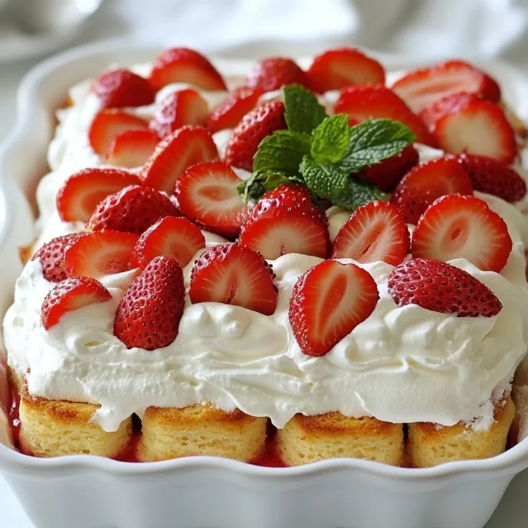 To make your Strawberry Shortcake Icebox Cake, gather these items: - 2 cups fresh strawberries, hulled and sliced - 1/2 cup granulated sugar - 1 teaspoon vanilla extract - 2 cups heavy whipping cream - 1/4 cup powdered sugar - 1 teaspoon almond extract - 1 package (12-14) shortcake cookies or icebox-style cookies - Fresh mint leaves for garnish (optional) Fresh strawberries give the best flavor and texture. They are juicy and sweet. When you slice them, they release juice, perfect for macerating. Frozen strawberries work too but change the cake's texture. They can be mushy once thawed. If you can, always go for fresh strawberries. If you can't find shortcake cookies, don't worry. You can use vanilla wafers or graham crackers. Both options provide a nice crunch. They also soak up the strawberry juice well. If you want a gluten-free option, look for gluten-free cookies. Just make sure they taste good to you! {{ingredient_image_2}} To start, grab two cups of fresh strawberries. Hull and slice them into small pieces. Place the strawberries in a medium bowl. Add half a cup of granulated sugar. Toss the strawberries gently until they are well coated with sugar. Let them sit for about 30 minutes. This time allows the sugar to draw out the natural juices, making the strawberries sweet and syrupy. While the strawberries are soaking, it’s time to make the whipped cream. Pour two cups of heavy whipping cream into a large mixing bowl. Use an electric mixer to whip the cream. Beat the cream until soft peaks form. This means the cream is starting to thicken. Next, add a quarter cup of powdered sugar and one teaspoon of almond extract. Keep mixing until you see stiff peaks. This process creates a light and fluffy texture. Now, you are ready to layer your cake. Start with a rectangular or square baking dish. Place a layer of shortcake cookies at the bottom. Make sure the cookies cover the whole bottom of the dish. Next, take the strawberry whipped cream mixture and spread a generous layer over the cookies. Add another layer of shortcake cookies on top. Repeat this process, alternating between whipped cream and cookies. Continue until you use all the ingredients. Finish with a final layer of whipped cream. Drizzle any leftover strawberry juice on top. Decorate with reserved strawberries and mint leaves if you like. Now, tightly cover the dish with plastic wrap. Chill the cake in the fridge for at least four hours. For best results, let it chill overnight. This helps the flavors blend and the cake firm up nicely. To make great whipped cream, start with cold cream. Use heavy whipping cream for the best texture. Pour the cream into a large bowl. Mix it on medium speed. Stop when soft peaks form. This means the cream is thickening. Then, add the powdered sugar and almond extract. Mix until stiff peaks form. This gives a light and fluffy whip. Be careful not to overbeat. Overbeating makes the cream grainy and less smooth. Layering is key to a great icebox cake. Start with a complete layer of shortcake cookies. Make sure there are no gaps. If gaps show, the cream will leak through. Spread the whipped cream evenly on top. Use a spatula to smooth it out. Then, add the next layer of cookies. Repeat this process until all layers are used. Finish with whipped cream on top. This helps keep everything together. Presentation makes a big difference. Cut the cake into even squares for serving. Use a sharp knife for clean cuts. Drizzle some extra strawberry juice on each piece. This adds color and flavor. Top with extra strawberries and fresh mint leaves. This makes your dessert look stunning and fresh. You want it to look as good as it tastes! Pro Tips Choose Ripe Strawberries: Select strawberries that are bright red and fragrant for the best flavor and sweetness in your icebox cake. Whip Cream to Stiff Peaks: Ensure your whipped cream reaches stiff peaks for a stable structure, making it easier to layer and hold the cake together. Use an Airtight Container: Store your icebox cake in an airtight container or tightly wrap it to prevent it from absorbing any odors from the fridge. Let it Chill Overnight: For the best texture and flavor, allow your icebox cake to chill overnight, giving it time to set properly. {{image_4}} You can make a chocolate version of this cake. Start by using chocolate cookies instead of shortcake cookies. These cookies add a rich flavor that pairs well with strawberries. For the whipped cream, add some cocoa powder or melted chocolate while you whip it. This creates a dreamy chocolate layer. Stack it just like the original version, and you will have a tasty twist. If you need a gluten-free option, choose gluten-free cookies. Many brands offer gluten-free shortcake or icebox cookies. You can also use gluten-free graham crackers. Check the labels to ensure they are safe for your diet. The rest of the recipe stays the same, so you can enjoy a delicious dessert without worries. You can change the fruit based on the season. Try using peaches in summer or blueberries in the spring. For a fall treat, add spiced apples or pears. Just follow the same steps. Cut the fruit into slices and macerate them as you did with strawberries. Each fruit adds its own unique flavor. This way, you can enjoy this icebox cake year-round! To keep your Strawberry Shortcake Icebox Cake fresh, cover it tightly. Use plastic wrap or a lid. This keeps the moisture in. Store it in the fridge. Make sure it is in a cool spot away from strong odors. When stored properly, this cake lasts about 3 to 5 days in the fridge. The flavors will deepen as it sits. However, the cookies may soften over time. Enjoy it within this time frame for the best taste. Yes, you can freeze the cake! Wrap it tightly in plastic wrap. Then, place it in a freezer-safe container. It can stay frozen for up to 2 months. To enjoy, thaw it in the fridge overnight before serving. The texture may change slightly, but it will still taste great! Yes, you can make this cake ahead of time. It actually tastes better after chilling. Prepare it the day before serving. This gives the flavors time to blend. Just cover it well and keep it in the fridge. It will be ready when you are. If you do not have almond extract, try vanilla extract. It gives a nice flavor, too. You can also use hazelnut extract for a nutty twist. If you want a fruitier taste, use orange or lemon zest. Each option will change the taste slightly but still be yummy. You will know the whipped cream is ready when it forms stiff peaks. Start whipping on low speed, then increase to medium. Look for soft peaks first, then keep whipping. When the peaks stand up straight and do not fall, it’s ready. Be careful not to over-whip, or it will turn grainy. You now have a clear guide to making a delicious Strawberry Shortcake Icebox Cake. We covered ingredients, step-by-step instructions, and helpful tips to avoid common mistakes. You can even switch things up with fun variations and storage tips. This cake is easy to make and perfect for any occasion. Enjoy impressing friends and family with your skills! Simple techniques lead to great taste, so dive in and have fun with it.