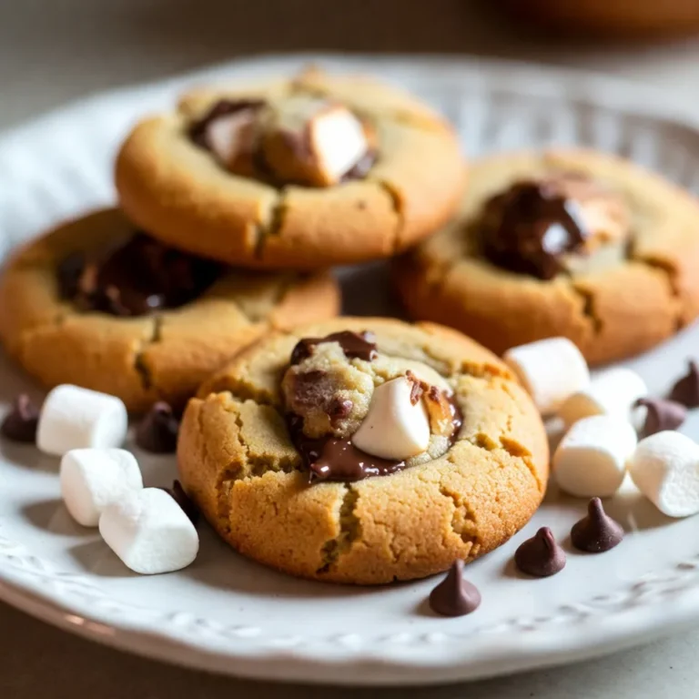 To make S’mores stuffed cookies, you'll need a few simple ingredients. Here’s the list: - 1 cup unsalted butter, softened to room temperature - 3/4 cup packed brown sugar - 1/2 cup granulated sugar - 1 large egg, at room temperature - 1 teaspoon pure vanilla extract - 2 1/4 cups all-purpose flour - 1 teaspoon baking soda - 1/2 teaspoon fine salt - 1 cup semi-sweet chocolate chips - 1 cup mini marshmallows - 1 cup crushed graham crackers Each ingredient plays a key role. The butter gives the cookies that rich flavor, while the sugars add sweetness and texture. The egg helps bind everything together, making the cookies soft and chewy. Vanilla adds a nice aroma that enhances the overall taste. The flour is the backbone of the cookie dough. Baking soda helps the cookies rise, ensuring they aren’t too dense. The salt balances the sweetness. Chocolate chips bring that classic s’mores taste, and mini marshmallows provide gooey goodness. Lastly, crushed graham crackers give that essential crunch, making the cookies taste like a campfire treat. Feel free to gather all these ingredients before you start. It makes the process smooth and fun! {{ingredient_image_2}} 1. Preheat your oven to 350°F (175°C). This is key for even baking. 2. Line a baking sheet with parchment paper. This helps prevent sticking. 3. In a large bowl, cream together 1 cup of softened butter, 3/4 cup of brown sugar, and 1/2 cup of granulated sugar. Mix on medium speed for 2-3 minutes until it's light and fluffy. 4. Add 1 large egg and 1 teaspoon of vanilla extract. Mix on low speed until everything blends well. 1. In another bowl, whisk together 2 1/4 cups of all-purpose flour, 1 teaspoon of baking soda, and 1/2 teaspoon of salt. 2. Gradually add the dry mix to your wet ingredients. Mix carefully to avoid overmixing. 1. Gently fold in 1 cup of semi-sweet chocolate chips and 1 cup of crushed graham crackers. 2. To form the cookies, take about 1 tablespoon of dough and flatten it slightly in your palm. Create a small well in the center. 3. Place 3-4 mini marshmallows into this well. Cover with more dough, sealing the edges tightly. Repeat this with the rest of the dough. 4. Arrange the stuffed cookies on your prepared baking sheet. Leave about 2 inches between each cookie. 1. Bake the cookies for 10-12 minutes. The edges should be golden, and the centers might look undercooked. This is okay for a gooey texture! 2. Let the cookies rest on the baking sheet for 5 minutes. Then, transfer them to a wire rack to cool completely. To make great cookies, avoid overmixing your dough. When mixing in the flour, stop as soon as you see no dry flour. Overmixing makes cookies tough. Use room temperature ingredients. Softened butter and a room-temperature egg mix better. This helps your cookies rise and stay soft. Serve your cookies warm on a nice plate. For a fun twist, add extra mini marshmallows and chocolate chips around them. This makes the dish look like a s'mores feast! Pair these cookies with milk or hot cocoa. They also taste great with ice cream or coffee. The warm cookies and cold drinks create a yummy contrast! Make sure to seal your cookies well. If you don’t, the marshmallows can leak out. This can make a mess and ruin the surprise inside. Watch your baking time closely. Bake them for 10 to 12 minutes. If you bake too long, they will be hard, not gooey. Look for lightly golden edges and soft centers for the best texture! Pro Tips Chill the Dough: For thicker cookies, refrigerate the dough for at least 30 minutes before baking. This helps prevent spreading and enhances the texture. Use Fresh Ingredients: Ensure your baking soda and flour are fresh for the best rise and texture. Stale ingredients can lead to flat cookies. Watch the Baking Time: Keep an eye on the cookies as they bake. They should look slightly underbaked in the center; they will continue to cook as they cool. Experiment with Fillings: Feel free to mix up the fillings! Try different types of chocolate or add peanut butter for a unique twist on the classic s'mores flavor. {{image_4}} You can change the taste of your s'mores stuffed cookies in fun ways. Try different types of chocolate. White chocolate adds a sweet twist, while dark chocolate gives a rich flavor. Mixing and matching chocolate types can make your cookies unique. You can also add flavors like peanut butter or Nutella. A scoop of peanut butter inside the cookie makes it creamy and delicious. Nutella brings a hazelnut twist that pairs well with marshmallows. If you need gluten-free options, use alternative flours like almond flour or coconut flour. This will change the texture but keep the flavor. For a vegan version, swap the butter with coconut oil and use a flax egg instead of a regular egg. You can also find vegan chocolate chips for your cookies. These swaps help everyone enjoy this treat without worry. Making mini cookies is easy and fun. Just take a smaller amount of dough, about one teaspoon. Flatten it slightly, add the marshmallows, and cover them with dough. Bake them for less time, about 8-10 minutes, to keep them soft. For serving, arrange mini cookies on a colorful plate. You can stack them or place them in small bags for gifts. Adding tiny marshmallows and chocolate chips around the plate makes it look festive! To keep your s'mores stuffed cookies fresh, store them in an airtight container. This helps lock in moisture and keeps them soft. Place a piece of parchment paper between layers to avoid sticking. For best results, store them at room temperature for up to a week. If you want to keep them longer, freezing is a great option. Wrap each cookie well in plastic wrap. Then, place the wrapped cookies in a freezer bag. They can last for about three months in the freezer. When you're ready to enjoy, just take them out and let them thaw at room temperature. To revive your cookies after storage, use the microwave. Heat them for about 10-15 seconds. This warms them up and helps restore their gooey texture. You can also use the oven for reheating. Preheat it to 350°F (175°C) and place cookies on a baking sheet. Heat for about 5 minutes. This method keeps the edges crisp while making the center warm and soft. For the best experience, enjoy them warm. The chocolate should be melty, and the marshmallows should be gooey, just like when they were fresh! Yes, you can use margarine instead of butter. Margarine will work in the recipe. It may change the taste slightly. Butter adds a richer flavor. Choose a margarine that is close to butter in texture. Look for a stick form for best results. Soft or spreadable margarine may not work well. You can make the dough ahead of time. Simply prepare it and store it in the fridge. Wrap it tightly in plastic wrap. You can keep it in the fridge for up to three days. When ready to bake, let the dough warm up a bit. This helps with shaping the cookies. You can also freeze the dough for longer storage. Just scoop the dough into balls, freeze on a baking sheet, then transfer to a bag. If you don’t have graham crackers, use other cookies. Vanilla wafers or digestive biscuits work well. You can also crush up regular crackers. Just add a bit of sugar to mimic the sweetness. If you want a different flavor, try chocolate cookies. They will add a rich taste to your s'mores stuffed cookies. This blog post covered all you need to know to make perfect cookies. We explored key ingredients and shared step-by-step instructions. I provided tips for the best texture and delicious serving ideas. I also discussed variations and how to store your cookies for later. Remember, small changes can bring big flavor. Enjoy your baking journey and the sweet rewards that come with it. No matter your style, there’s a cookie option for everyone. Happy baking!