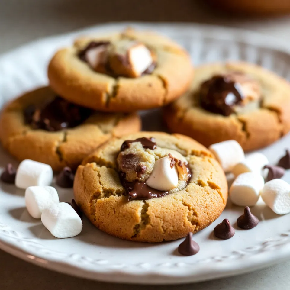 To make S’mores stuffed cookies, you'll need a few simple ingredients. Here’s the list: - 1 cup unsalted butter, softened to room temperature - 3/4 cup packed brown sugar - 1/2 cup granulated sugar - 1 large egg, at room temperature - 1 teaspoon pure vanilla extract - 2 1/4 cups all-purpose flour - 1 teaspoon baking soda - 1/2 teaspoon fine salt - 1 cup semi-sweet chocolate chips - 1 cup mini marshmallows - 1 cup crushed graham crackers Each ingredient plays a key role. The butter gives the cookies that rich flavor, while the sugars add sweetness and texture. The egg helps bind everything together, making the cookies soft and chewy. Vanilla adds a nice aroma that enhances the overall taste. The flour is the backbone of the cookie dough. Baking soda helps the cookies rise, ensuring they aren’t too dense. The salt balances the sweetness. Chocolate chips bring that classic s’mores taste, and mini marshmallows provide gooey goodness. Lastly, crushed graham crackers give that essential crunch, making the cookies taste like a campfire treat. Feel free to gather all these ingredients before you start. It makes the process smooth and fun! {{ingredient_image_2}} 1. Preheat your oven to 350°F (175°C). This is key for even baking. 2. Line a baking sheet with parchment paper. This helps prevent sticking. 3. In a large bowl, cream together 1 cup of softened butter, 3/4 cup of brown sugar, and 1/2 cup of granulated sugar. Mix on medium speed for 2-3 minutes until it's light and fluffy. 4. Add 1 large egg and 1 teaspoon of vanilla extract. Mix on low speed until everything blends well. 1. In another bowl, whisk together 2 1/4 cups of all-purpose flour, 1 teaspoon of baking soda, and 1/2 teaspoon of salt. 2. Gradually add the dry mix to your wet ingredients. Mix carefully to avoid overmixing. 1. Gently fold in 1 cup of semi-sweet chocolate chips and 1 cup of crushed graham crackers. 2. To form the cookies, take about 1 tablespoon of dough and flatten it slightly in your palm. Create a small well in the center. 3. Place 3-4 mini marshmallows into this well. Cover with more dough, sealing the edges tightly. Repeat this with the rest of the dough. 4. Arrange the stuffed cookies on your prepared baking sheet. Leave about 2 inches between each cookie. 1. Bake the cookies for 10-12 minutes. The edges should be golden, and the centers might look undercooked. This is okay for a gooey texture! 2. Let the cookies rest on the baking sheet for 5 minutes. Then, transfer them to a wire rack to cool completely. To make great cookies, avoid overmixing your dough. When mixing in the flour, stop as soon as you see no dry flour. Overmixing makes cookies tough. Use room temperature ingredients. Softened butter and a room-temperature egg mix better. This helps your cookies rise and stay soft. Serve your cookies warm on a nice plate. For a fun twist, add extra mini marshmallows and chocolate chips around them. This makes the dish look like a s'mores feast! Pair these cookies with milk or hot cocoa. They also taste great with ice cream or coffee. The warm cookies and cold drinks create a yummy contrast! Make sure to seal your cookies well. If you don’t, the marshmallows can leak out. This can make a mess and ruin the surprise inside. Watch your baking time closely. Bake them for 10 to 12 minutes. If you bake too long, they will be hard, not gooey. Look for lightly golden edges and soft centers for the best texture! Pro Tips Chill the Dough: For thicker cookies, refrigerate the dough for at least 30 minutes before baking. This helps prevent spreading and enhances the texture. Use Fresh Ingredients: Ensure your baking soda and flour are fresh for the best rise and texture. Stale ingredients can lead to flat cookies. Watch the Baking Time: Keep an eye on the cookies as they bake. They should look slightly underbaked in the center; they will continue to cook as they cool. Experiment with Fillings: Feel free to mix up the fillings! Try different types of chocolate or add peanut butter for a unique twist on the classic s'mores flavor. {{image_4}} You can change the taste of your s'mores stuffed cookies in fun ways. Try different types of chocolate. White chocolate adds a sweet twist, while dark chocolate gives a rich flavor. Mixing and matching chocolate types can make your cookies unique. You can also add flavors like peanut butter or Nutella. A scoop of peanut butter inside the cookie makes it creamy and delicious. Nutella brings a hazelnut twist that pairs well with marshmallows. If you need gluten-free options, use alternative flours like almond flour or coconut flour. This will change the texture but keep the flavor. For a vegan version, swap the butter with coconut oil and use a flax egg instead of a regular egg. You can also find vegan chocolate chips for your cookies. These swaps help everyone enjoy this treat without worry. Making mini cookies is easy and fun. Just take a smaller amount of dough, about one teaspoon. Flatten it slightly, add the marshmallows, and cover them with dough. Bake them for less time, about 8-10 minutes, to keep them soft. For serving, arrange mini cookies on a colorful plate. You can stack them or place them in small bags for gifts. Adding tiny marshmallows and chocolate chips around the plate makes it look festive! To keep your s'mores stuffed cookies fresh, store them in an airtight container. This helps lock in moisture and keeps them soft. Place a piece of parchment paper between layers to avoid sticking. For best results, store them at room temperature for up to a week. If you want to keep them longer, freezing is a great option. Wrap each cookie well in plastic wrap. Then, place the wrapped cookies in a freezer bag. They can last for about three months in the freezer. When you're ready to enjoy, just take them out and let them thaw at room temperature. To revive your cookies after storage, use the microwave. Heat them for about 10-15 seconds. This warms them up and helps restore their gooey texture. You can also use the oven for reheating. Preheat it to 350°F (175°C) and place cookies on a baking sheet. Heat for about 5 minutes. This method keeps the edges crisp while making the center warm and soft. For the best experience, enjoy them warm. The chocolate should be melty, and the marshmallows should be gooey, just like when they were fresh! Yes, you can use margarine instead of butter. Margarine will work in the recipe. It may change the taste slightly. Butter adds a richer flavor. Choose a margarine that is close to butter in texture. Look for a stick form for best results. Soft or spreadable margarine may not work well. You can make the dough ahead of time. Simply prepare it and store it in the fridge. Wrap it tightly in plastic wrap. You can keep it in the fridge for up to three days. When ready to bake, let the dough warm up a bit. This helps with shaping the cookies. You can also freeze the dough for longer storage. Just scoop the dough into balls, freeze on a baking sheet, then transfer to a bag. If you don’t have graham crackers, use other cookies. Vanilla wafers or digestive biscuits work well. You can also crush up regular crackers. Just add a bit of sugar to mimic the sweetness. If you want a different flavor, try chocolate cookies. They will add a rich taste to your s'mores stuffed cookies. This blog post covered all you need to know to make perfect cookies. We explored key ingredients and shared step-by-step instructions. I provided tips for the best texture and delicious serving ideas. I also discussed variations and how to store your cookies for later. Remember, small changes can bring big flavor. Enjoy your baking journey and the sweet rewards that come with it. No matter your style, there’s a cookie option for everyone. Happy baking!
