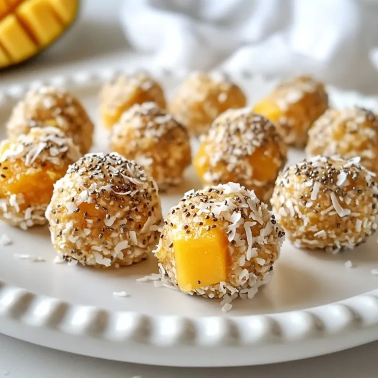 - 1 cup dried mango, finely chopped - 1 cup rolled oats - 1/2 cup unsweetened shredded coconut The main ingredients in these energy bites create a sweet and chewy snack. Dried mango gives a fruity flavor and chewy texture. Rolled oats provide fiber and a nice base. Unsweetened shredded coconut adds a tropical twist. Together, they form a tasty mix that you will love. - 1/2 cup creamy almond butter - 1/4 cup honey or maple syrup - 1/4 cup chia seeds The binding ingredients help hold everything together. Creamy almond butter adds healthy fats and a rich taste. Honey or maple syrup sweetens the bites naturally. Chia seeds offer nutrients and help the mixture stick. This combo makes your energy bites easy to roll and keeps them together. - 1/2 teaspoon pure vanilla extract - A pinch of sea salt Flavor enhancements make the bites even better. Pure vanilla extract adds a warm, sweet aroma. A pinch of sea salt balances the sweetness and enhances flavors. These small touches make a big difference in taste. {{ingredient_image_2}} Start with a large mixing bowl. Add the dried mango, rolled oats, and shredded coconut. These three ingredients create a tasty and chewy base. Toss them together with your hands or a spatula. This helps to evenly mix the flavors. Next, add the creamy almond butter and honey. The almond butter acts as glue, holding everything together. The honey adds sweetness and moisture. If you prefer, you can swap honey for maple syrup. Stir well until the mixture is blended. If it feels too dry, add a bit more almond butter or honey to help it stick together. Now it’s time to scoop and shape the bites. Dampen your hands slightly with water. This prevents the mixture from sticking to your fingers. Take small portions of the mixture, about the size of a golf ball. Roll them between your palms until they are smooth and round. Place the formed energy bites on a parchment-lined baking sheet. Make sure to space them apart. This allows for easy handling later on. Cover the bites lightly with plastic wrap or a clean towel. Refrigerate them for at least 30 minutes. This chilling time helps the bites firm up. After they set, they will hold their shape better. To ensure firmness, check the texture after chilling. If they feel too soft, you may need more time in the fridge. Once ready, transfer the energy bites to an airtight container. Keep them in the refrigerator to stay fresh and tasty. To get the right texture for your energy bites, start with the base mix. If your mixture feels dry, add a bit more almond butter. This helps bind the ingredients together. You can also use honey for extra stickiness. Both options work well to keep your bites from crumbling. Mix well with a sturdy spatula or your hands. Make sure every ingredient blends smoothly. This is key for a good bite. If you find the mix still isn't holding, try adding a touch more almond butter or honey. For a beautiful look, roll the energy bites in extra shredded coconut. This gives them a snowy, tropical feel. It also adds a nice texture. Use a colorful bowl for serving. This makes the bites pop on your table. You can also garnish with dried mango pieces or a sprinkle of chia seeds. These small touches make your snack more appealing. They show off your effort and creativity. Enjoy making them look as good as they taste! Pro Tips Use Fresh Ingredients: Whenever possible, opt for fresh, high-quality dried mango to enhance flavor and texture. Customize Sweetness: Adjust the amount of honey or maple syrup based on your personal preference for sweetness. Experiment with Add-ins: Feel free to add nuts, seeds, or chocolate chips to the mixture for varied flavors and textures. Storage Tips: Keep the energy bites in an airtight container in the fridge to maintain their freshness for up to a week. {{image_4}} You can switch up the dried mango for other fruits. Try dried apricots or cranberries for a new twist. These fruits add unique flavors and nutrients. If you want a fresh fruit option, consider using mashed bananas or pureed strawberries. These will change the texture a bit, but they taste great! If almond butter is not your favorite, use peanut butter or cashew butter. Each nut butter has its own flavor. Peanut butter gives a stronger taste, while cashew butter is creamy and mild. You can also use sunflower seed butter if you want a nut-free choice. This option works well for those with nut allergies. Honey and maple syrup both add sweetness, but they differ in flavor. Honey has a more floral taste, while maple syrup adds a woodsy note. For low-sugar versions, you can use stevia or monk fruit sweetener. These substitutes keep the bites sweet without extra sugar. Store your Mango Coconut Energy Bites in an airtight container. This keeps them fresh and tasty. I recommend using glass or plastic containers with tight lids. These containers block moisture and air, which can spoil the bites. Keep the bites in the fridge. This helps maintain their texture and flavor. The cool temperature also keeps the almond butter from getting too soft. These energy bites last about one week in the fridge. You can check them for any off smells or changes in texture. If they pass this test, they are good to eat. For long-term storage, freeze the energy bites. Place them in a freezer-safe bag or container. They can last for up to three months in the freezer. Just remember to label the bag with the date so you know when you made them. Mango Coconut Energy Bites last about one week in the fridge. Store them in an airtight container. They stay fresh and tasty this way. If you freeze them, they can last for up to three months. Just remember to thaw them in the fridge before eating. Yes, you can easily make these energy bites vegan. Just replace honey with maple syrup. Both options work well in this recipe. The flavor will still be great, and you keep it plant-based. Chia seeds are small but packed with nutrients. They are high in fiber, which helps digestion. Chia seeds also offer protein, which is good for muscles. They are rich in omega-3 fatty acids, which are great for heart health. Adding them to your energy bites boosts nutrition without changing the taste. Using fresh mango is possible but not ideal for this recipe. Fresh mango has more water, making it harder to bind the ingredients. If you wish to use fresh mango, you might need to adjust the other ingredients. Try adding more oats or almond butter to help with the texture. These energy bites combine dried mango, oats, coconut, and nut butter. You mix the main ingredients, shape them, and chill for firmness. Make sure to adjust textures as needed. You can vary the fruits and nut butters for unique flavors. Store them in an airtight container for best freshness. With these simple steps and tips, you can create delightful snacks. Enjoy making these energy bites! They are easy and fun to prepare. Healthy snacking can be tasty too!