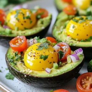 - 2 ripe avocados - 4 large eggs - 2 tablespoons cherry tomatoes, diced - 2 tablespoons red onion, finely chopped - 1 tablespoon fresh cilantro, chopped - Salt and pepper to taste - Optional: red pepper flakes for added heat Each serving of these avocado egg breakfast cups has about 300 calories. They provide a great balance of protein, healthy fats, and carbohydrates. Here&rsquo;s a quick breakdown: - Protein: 12 grams - Fat: 22 grams - Carbohydrates: 18 grams Avocados are rich in healthy fats, which are good for your heart. They also contain fiber, helping with digestion. Eggs are a great source of protein and vitamins. The cherry tomatoes add vitamin C and antioxidants, while cilantro gives fresh flavor and nutrients. This meal is not just tasty; it packs a lot of health benefits too! {{ingredient_image_2}} - Preheat your oven to 425&deg;F (220&deg;C). This makes sure your cups bake evenly. - Slice the avocados in half lengthwise and carefully remove the pits. Use a sharp knife for safety. - If the cavity is too small, scoop out a little avocado flesh. This creates enough space for the egg. - Place the avocado halves upright in a muffin tin. This helps them stay stable while baking. - Crack an egg into each avocado half. Be careful not to let the egg whites spill out. - Sprinkle diced tomatoes and chopped red onion on top. This adds flavor and color to your dish. - Bake the avocado cups for 12-15 minutes. Check on them to get your preferred egg doneness. - For runny yolks, bake less. For firmer yolks, bake longer. - After baking, let the cups cool for a minute. Garnish them with fresh cilantro before serving. - Choosing the right avocado Select ripe avocados that yield slightly to gentle pressure. They should feel soft but not mushy. A ripe avocado has a lovely creamy texture that pairs well with eggs. - Adjusting egg size for smaller avocados If your avocados are small, use medium eggs instead of large ones. This will help avoid spills and create a better fit. - Using a muffin tin for stability Nestle the avocado halves in a muffin tin. This keeps them steady while baking. It prevents any tipping, so your eggs stay where they belong. - Pairing options like toast or salad Serve your avocado egg cups with whole-grain toast. A fresh side salad adds a nice touch too. This makes your meal more filling and colorful. - Creative plating ideas Use a vibrant plate to showcase your cups. You can arrange the toast on the side and garnish with extra cilantro. This adds a fun, fresh look. - Adding spices and herbs for extra flavor Sprinkle red pepper flakes on top for heat. Fresh herbs like basil or dill can also enhance the taste. Don't be afraid to experiment with flavors! Pro Tips Choose Ripe Avocados: Ensure your avocados are ripe but not overripe for the best texture and flavor in your breakfast cups. Egg Size Matters: If your avocados are smaller, opt for medium eggs to avoid overflow and ensure a perfect fit. Watch the Baking Time: Keep a close eye on the eggs while they bake; adjust the time depending on whether you prefer runny or firm yolks. Garnish for Flavor: Fresh cilantro adds a delightful freshness, but feel free to experiment with other herbs like parsley or chives for a unique twist. {{image_4}} You can swap eggs for tofu or chickpeas. Tofu gives a nice texture. Use firm tofu, and crumble it. Chickpeas can add protein too. Just mash them lightly before adding. For veggies, try bell peppers or spinach. These add color and nutrients. You can mix and match to find your favorite combo. Herbs and spices can boost flavor. Try adding fresh basil or dill. These herbs add a fresh taste. You can also sprinkle garlic powder or paprika for warmth. Incorporating cheeses like feta or cheddar can make it creamy. If you enjoy meat, add crispy bacon or sausage for extra flavor. Experiment to find the perfect mix! For gluten-free options, this recipe fits well. All the ingredients are naturally gluten-free. If you're low-carb, skip the tomatoes. Instead, add extra greens like kale or zucchini. These keep the meal light and healthy. Adjust the recipe to suit your diet needs while keeping it tasty! To keep your avocado egg cups fresh, store leftovers in the fridge. Place them in an airtight container. This helps to prevent air from making them soggy. If you want to reheat them, use your oven. Preheat it to 350&deg;F (175&deg;C). Heat for about 10 minutes, or until warm. You can also use a microwave, but be careful. Microwaving can make the eggs tough if you heat them too long. These breakfast cups are best eaten fresh. However, you can store them for up to 2 days in the fridge. If you notice any changes in color or smell, it&rsquo;s time to toss them. Signs of spoilage include browning avocados or a sour smell. Always check for these signs to ensure your food is safe to eat. Yes, you can prepare the avocado egg cups in advance. Make the filling and store it in the fridge until you are ready to bake. However, I recommend baking them fresh to enjoy the best taste and texture. Serve your avocado egg cups on a colorful plate. Pair them with whole-grain toast or a fresh side salad. Add some sliced fruit for a complete meal. This makes for a vibrant and healthy breakfast. Using frozen eggs in this recipe is not ideal. Frozen eggs can change texture when cooked. Fresh eggs provide the best taste and texture for your avocado cups. Always use fresh eggs for better results. Check the egg whites first. They should be set and no longer clear. For runny yolks, bake for about 12 minutes. For firmer yolks, bake for 15 minutes or more. Always keep an eye on them to get your desired doneness. You now have the tools to create tasty Avocado Egg Breakfast Cups. We covered all ingredients needed for this easy dish. I shared a simple method to prepare, bake, and serve these cups. Explore options for variations to fit your diet and taste. Remember to store leftovers properly for later enjoyment. Keep these tips handy to make your breakfast both fun and nutritious. Enjoy your cooking and the delicious results!