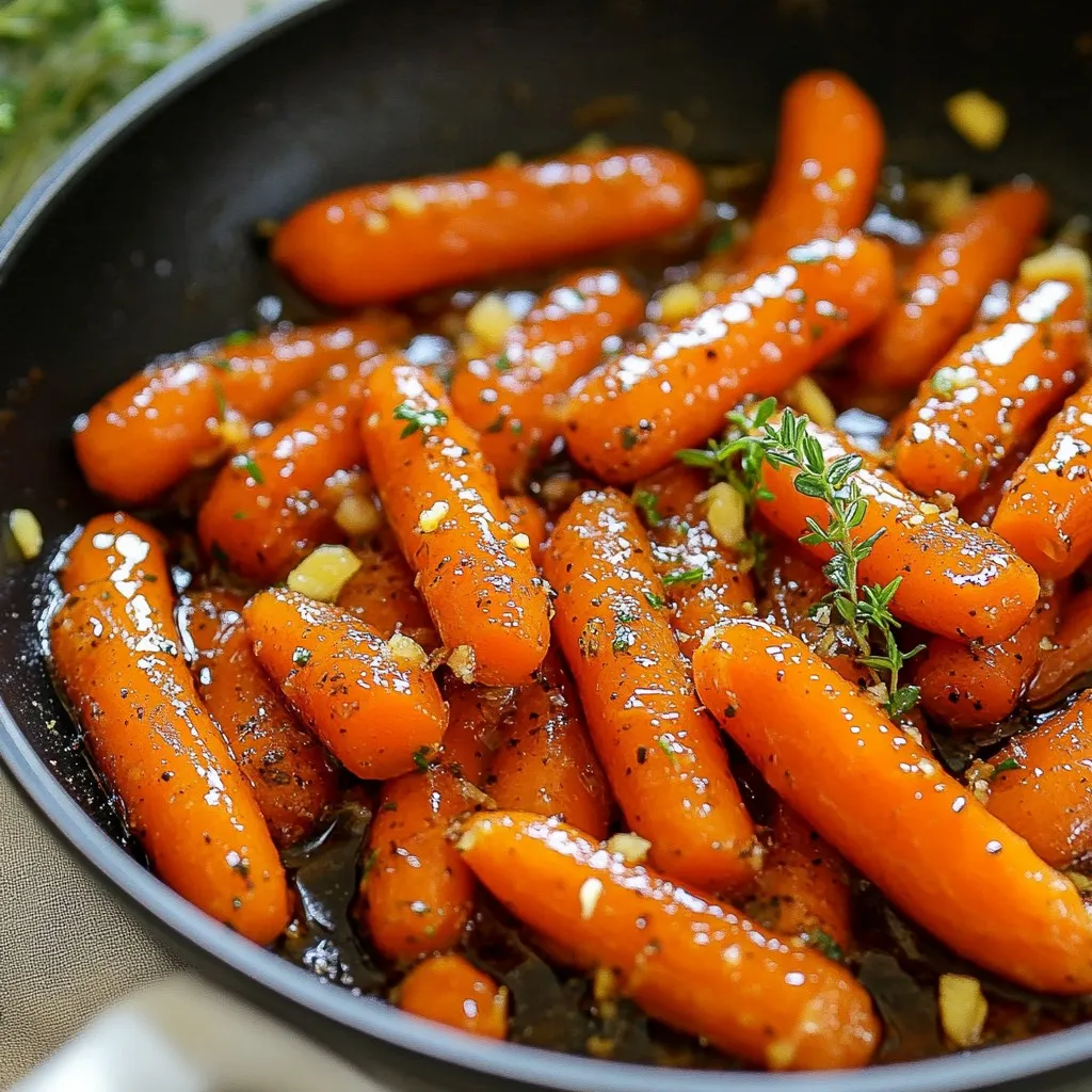 - 1 lb baby carrots, peeled - 3 tablespoons honey, preferably raw - 2 tablespoons unsalted butter - 3 cloves garlic, minced finely - 1 teaspoon fresh thyme leaves, roughly chopped - Salt and freshly cracked black pepper to taste - 1 tablespoon fresh lemon juice - Chopped fresh parsley for garnish (optional) I love using fresh baby carrots for this dish. They are sweet and tender. The honey adds a nice glaze. I prefer raw honey for better flavor. You can always use regular honey if you like. Unsalted butter is key here. It gives the dish a rich taste. Make sure to finely mince the garlic. This way, it mixes well with the butter. Thyme adds a lovely herbal note. Feel free to use fresh thyme; it really shines in this recipe. Salt and pepper help balance the sweetness of the honey. A splash of fresh lemon juice brightens the flavors. It adds a zing that makes the dish pop. Lastly, chopped parsley gives a nice touch. It adds color and freshness, but it’s optional. With these simple ingredients, you can create a tasty side that everyone will love. {{ingredient_image_2}} Start by placing a large skillet over medium heat. Add 2 tablespoons of unsalted butter. As the butter melts, gently swirl it in the pan. This helps it coat the surface evenly. You want it to be bubbly, which means it’s ready for the next step. Once the butter is melted, add 3 cloves of finely minced garlic. Sauté the garlic for about 1 minute. Stir it often, so it does not burn. You’ll know it’s done when it smells fragrant but is not golden. This step adds depth to the dish. Now, add 1 pound of peeled baby carrots to the skillet. Stir them well to coat with the garlic butter. Cook the carrots for about 5 minutes. Stir occasionally to make sure they cook evenly. This step begins to soften the carrots. Next, drizzle 3 tablespoons of honey over the carrots. Sprinkle in 1 teaspoon of fresh thyme, along with salt and freshly cracked black pepper to taste. Mix everything well to ensure the carrots are evenly coated. This will create a sweet and savory flavor. Continue cooking the carrots for an additional 8-10 minutes. Stir them occasionally until they become tender and nicely glazed. If the glaze thickens too much, add a splash of water. This keeps everything from sticking and helps with the glaze. Once the carrots are tender, remove the skillet from the heat. Drizzle 1 tablespoon of fresh lemon juice over the glazed carrots. This brightens the flavors and adds a nice zing. It makes the dish taste fresh and vibrant. Carefully transfer the glossy carrots to a serving dish. For a nice touch, sprinkle with chopped fresh parsley, if you like. This adds color and a hint of freshness. Your honey garlic glazed carrots are now ready to delight everyone! When selecting baby carrots, look for ones that are firm and bright orange. Avoid any that feel soft or have dark spots. Fresh carrots should feel heavy for their size. The best carrots have smooth skin and a sweet smell. If you can, buy organic carrots for better taste. This ensures you get the best flavor and nutrients in your dish. To prevent burnt garlic, add it to the pan only when the butter is hot and bubbly. Sauté it for about one minute. Stir it often to keep it from cooking too much. Garlic can burn quickly, turning bitter. Keep an eye on it and remove it from the heat as soon as it smells fragrant. This will keep your dish tasting fresh and bright. You can adjust the sweetness of your honey garlic glazed carrots by changing the amount of honey. For a sweeter taste, use more than three tablespoons. If you like less sweetness, reduce the honey to two tablespoons. Taste the glaze as it cooks to find the right balance for you. This way, you can make the dish just how you like it. Pro Tips Choose Fresh Carrots: Opt for vibrant, firm baby carrots for the best flavor and texture in your dish. Mind the Garlic: Sauté the garlic just until fragrant to prevent it from burning and turning bitter. Adjust Sweetness: Feel free to modify the amount of honey based on your sweetness preference; you can also substitute with maple syrup for a different flavor. Garnish for Color: Adding fresh parsley not only enhances the appearance but also adds a fresh flavor contrast to the sweet and savory carrots. {{image_4}} You can change the flavor of honey garlic carrots by adding herbs. Try using fresh rosemary or dill. Rosemary adds a strong, earthy taste. Dill gives a fresh, bright flavor. Both herbs pair well with sweet honey. Simply chop the herbs finely and add them when you drizzle the honey. This small change can make a big difference in your dish. For those who like some heat, adding spice is easy. You can use red pepper flakes or a splash of sriracha. Start with a pinch of red pepper flakes if you want it mild. Stir them in when you add the honey. If you prefer more kick, add sriracha to the glaze. This spicy twist makes the dish exciting and unique. You can also add nuts for extra crunch. Toasted walnuts or pecans work well in this recipe. Chop the nuts roughly and sprinkle them on top before serving. The nuts add a nice texture that contrasts with the soft carrots. This variation makes honey garlic carrots even more delicious and satisfying. To keep your honey garlic glazed carrots fresh, place them in an airtight container. Store them in the fridge for up to three days. Make sure they cool down before sealing. This step helps avoid any excess moisture, which can make them soggy. When you're ready to enjoy the leftovers, heat them gently. You can use a skillet over low heat. Add a splash of water or a little butter to keep them moist. Stir often to warm them evenly. You can also use the microwave. Place them in a bowl with a cover, and heat for one to two minutes. Check to see if they are warm enough. If you want to freeze honey garlic glazed carrots, start by letting them cool completely. Place them in a freezer bag or container, removing as much air as possible. They can stay frozen for up to three months. To defrost, move them to the fridge overnight. Reheat them in a skillet or microwave as mentioned above. This way, you can enjoy this tasty side dish later! Yes, you can use frozen carrots. However, they will change the texture. Frozen carrots often turn soft when cooked. This might make your dish less crunchy. If you want a firmer bite, fresh baby carrots are best. If you only have frozen ones, try to cook them less. You can add them to the pan as soon as the garlic is fragrant. This way, they won’t lose too much texture. These carrots pair well with many dishes. You can serve them with roasted chicken or grilled fish. They also go great with rice or quinoa. If you want a vegetarian meal, try them with a lentil dish. The sweet and savory flavor of the carrots adds a nice touch to any meal. You can even add them to a salad for extra flavor. Making this recipe vegan is simple. Replace the unsalted butter with olive oil or vegan butter. Use maple syrup instead of honey for sweetness. This keeps the glaze tasty while making it plant-based. The garlic and thyme still work well with these swaps. You won’t lose that rich flavor you love in this dish. Enjoy your vegan honey garlic glazed carrots! This blog covered the delicious recipe for honey garlic glazed carrots. You learned about key ingredients, easy steps, and helpful tips. Remember to choose fresh carrots and keep an eye on the garlic to avoid burning. Feel free to customize the dish by adding different herbs or spices. Storing the leftovers correctly will help you enjoy them later. With these insights, you can make a tasty side dish everyone will love. Now it’s your turn to bring this recipe to life!